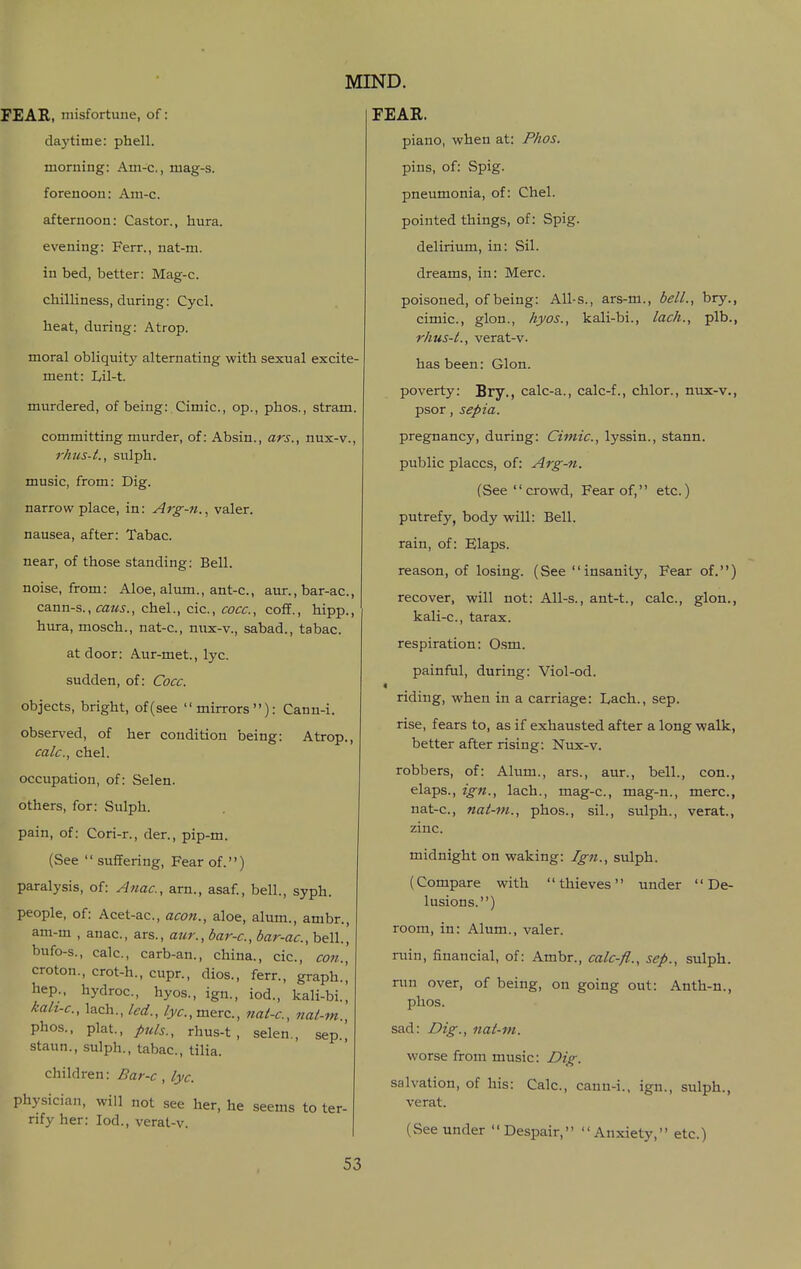 FEAR, misfortune, of: daytime: phell. morning: Am-c, mag-s. forenoon: Am-c. afternoon: Castor., hura. evening: Ferr., nat-m. in bed, better: Mag-c. chilliness, during: Cycl. heat, during: Atrop. moral obliquity alternating with sexual excite- ment: Lil-t. murdered, of being: Cimic, op., phos., stram. committing murder, of: Absin., ars., nux-v., rhiis-i., sulph. music, from: Dig. narrow place, in: Arg-n.^ valer. nausea, after: Tabac. near, of those standing: Bell. noise, from: Aloe, alum., ant-c, aur., bar-ac, cann-s., chel., cic, cocc, coff., hipp., hura, mosch., nat-c, nux-v., sabad., tabac. at door: Aur-met., lyc. sudden, of: Cocc. objects, bright, of (see mirrors): Cann-i. observed, of her condition being: Atrop., calc, chel. occupation, of: Selen. others, for: Sulph. pain, of: Cori-r., der., pip-m. (See  suffering, Fear of.) paralysis, of: Anac, arn., asaf., bell., syph. people, of: Acet-ac, aeon., aloe, alum., ambr., am-m , anac, ars., aur., bar-c, bar-ac, bell., bufo-s., calc, carb-an., china., cic, con., croton., crot-h., cupr., dios., ferr., graph.[ hep., hydroc, hyos., ign., iod., kali-bi., kah-c, lach., led., /j/c.merc, nat-e., nat-m phos., plat., puis., rhus-t, selen., sep., staun., sulph., tabac, tilia. children: Bar-e , lyc. physician, will not see her, he seems to ter- rify her: Iod., verat-v. 53 FEAR. piano, when at: Phos. pins, of: Spig. pneumonia, of: Chel. pointed things, of: Spig. delirium, in: Sil. dreams, in: Merc. poisoned, of being: All-s., ars-m., bell., bry., cimic, glon., hyos., kali-bi., lack., plb., rhus-t., verat-v. has been: Glon. poverty: Bry., calc-a., calc-f., chlor., nux-v., psor, sepia. pregnancy, during: Cimic., lyssin., stann. public places, of: Arg-n. (See crowd, Fear of, etc.) putrefy, body will: Bell. rain, of: Elaps. reason, of losing. (See insanity, Fear of.) recover, will not: All-s., ant-t., calc, glon., kali-c, tarax. respiration: Osm. painful, during: Viol-od. riding, when in a carriage: Lach., sep. rise, fears to, as if exhausted after a long walk, better after rising: Nux-v. robbers, of: Alum., ars., aur., bell., con., elaps., ign., lach., mag-c, mag-n., mere, nat-c, nat-m., phos., sil., sulph., verat., zinc. midnight on waking: Ign., sulph. (Compare with thieves under De- lusions.) room, in: Alum., valer. ruin, financial, of: Ambr., calc-fl., sep., sulph. run over, of being, on going out: Anth-n., phos. sad: Dig., nat-m. worse from music: Dig. salvation, of his: Calc, canu-i.. ign., sulph., verat. (See under Despair, Anxiety, etc.)