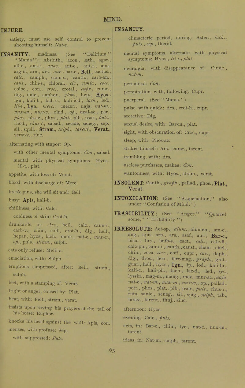 INJURE. INSANITY. satiety, must use self control to prevent shooting himself: Nats. INSANITY, madness. (See Delirium, Mania): Absinth., aeon., setli., agar., all-c, am-c., anac, ant-c, antrt., apis, arg-n., am., ars., aur.. bar-c, Bell., cactus., calc, camph., cann-s., canth., carb-an., cans., chin-s., chloral., etc., cimic, cocc, coloc, con., croc, crotal., cupr., curar., dig., dulc, euphor., glon., hep., Hyos.) ign., kali-b., kali-c, kali-iod., lack., led., lil-t., Lyc, mere, mezer., naja, nat-m., 7iux-m., nux-v., olnd., op., oxal-ac, par., phos., ph-ac, phys., plai., plb., psor., puis., rhod., rhus-t., sabad., secale, seneg., sep., sil., squil., Stram., sulph., tarent., Verat., verat-v., zinc. alternating with stupor: Op. with other mental symptoms: Con., sabad. mental with physical symptoms: Hyos., lil-t, plat. appetite, with loss of: Verat. blood, with discharge of: Merc. break pins, she will sit and: Bell. busy: Apis, kali-b. chilliness, with: Calc. coldness of skin: Crot-h. drunkards, in: Ars., bell., calc, cann-i., carb-v., chin., cofF., crot-h, dig, hell., hepar.hyos., lach., mere, nat-c, nux-v., op., puis., stram., sulph. eats only refuse: Melil-a. emaciation, with: Sulph. eruptions suppressed, after: Bell., stram., sulph. feet, with a stamping of: Verat. fright or anger, caused by: Plat. heat, with: Bell., stram., verat. insists upon saying his prayers at the tail of his horse: Euphor. knocks his head against the wall: Apis, con. menses, with profuse: Sep. with suppressed: Puis. climacteric period, during: Aster., lack., puis., Sep., therid. mental symptoms alternate with physical symptoms: Yiyos., lil-t.,plai. neuralgia, nat-m. with disappearance of: Cimic, periodical: Con. perspiration, with, following: Cupr. puerperal. (See Mania.) pulse, with quick: Ars., crot-h., cupr. secretive: Dig, sexual desire, with: Bar-m., plat. sight, with obscuration of: Croc, cupr. sleep, with: Phos-ac. strikes himself: Ars., curar., tarent. trembling, with: Ars. useless purchases, makes: Con. wantonness, with: Hyos., stram., verat. INSOLENT: Canth., graph., pallad., phos.. Plat., Verat. INTOXICATION: (See Stupefaction, also under 'Confusion of Mind.) IRASCIBILITY: (See Anger, some,  Irritability.) ■ Quarrel- IRRESOLTJTE: Act-sp., alum., alumen., am-c, ang., apis, arn., ars., asaf., aur., Bar-C, bism , bry., bufo-s., cact., calc, calc-fl., calc-ph., cann-i., canth., caust., cham , chel., chin., coca, cocc, coff., cupr, cur., daph., dig., dros., ferr., ferr-mag., graph., grat., guar., hell., hyos., Ign., ip., iod., kali-br., kali-c, kali-ph., lach., lac-d., led., lyc, lyssin., mag-m., mang., mez., mur-ac, ««ya, nat-c, nai-m., nux-m., nux^v., op., pallad., petr., phos., plat., plb., ^sor., puis., rhu.s-r.[ ruta, sanic, seneg., sil., spig., sulph,, tab., tarax., tarent., thuj., zinc. afternoon: Hyos. evening: Calc, puis. acts, in: Bar-c, chin., lyc, nat-c, nux-m., tarent. ideas, in: Nat-m., sulph., tarent.