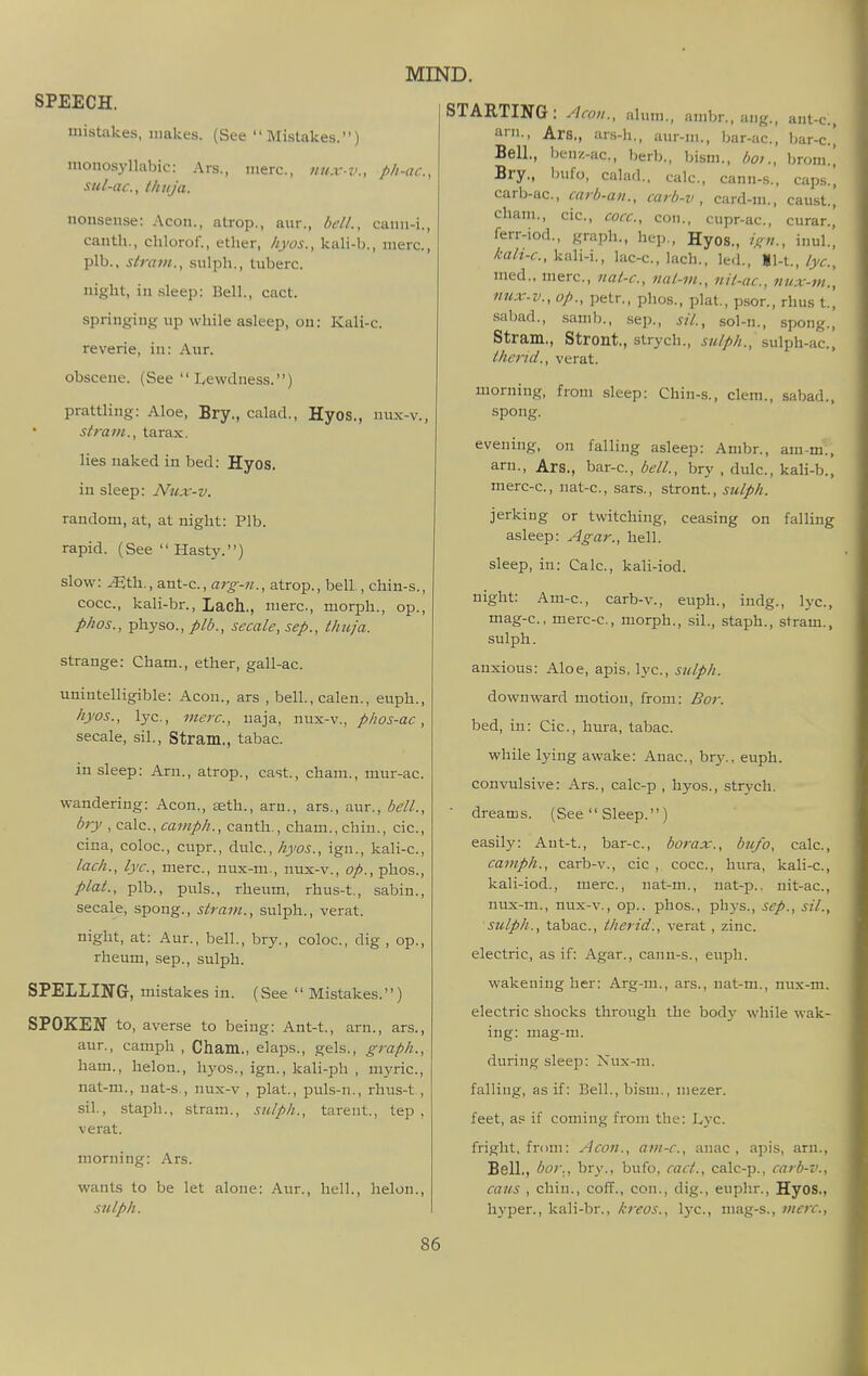 SPEECH. mistakes, makes. (See Mistakes.) monosyllabic: Ars., mere, fu/A--?:, ph-ac, sid-ac, thuja. nonsense: Aeon., atrop., aur., bell., cann-i., canth., clilorof., ether, hyos., kali-b., mere, plb., straw., sulph., tuberc. night, in .sleep: Bell., cact. springing up while asleep, on: Kali-c. reverie, in: Aur. obscene. (See  L,ewdness.) prattHng: Aloe, Bry., calad., Hyos., nux-v., strain., tarax. lies naked in bed: Hyos. in sleep: Nux-v. random, at, at night: Plb. rapid. (See  Hasty.) slow: ^th., ant-c, aro--;/., atrop., bell, chin-s., cocc, kali-br., Lach., mere, morph., op., phos., physo., plb., secale, sep., thuja. strange: Cham., ether, gall-ac. unintelligible: Aeon., ars , bell., calen., euph., hyos., lye, mere, uaja, nux-v., phos-ac, secale, sil., Stram., tabae in sleep: Arn., atrop., cast., cham., mur-ac. wandering: Aeon., seth., arn., ars., aur., bell., bry , cale, camph., canth., cham., chin., cie, cina, coloe, cupr., dule, hyos., ign., kali-c., lach., lyc., mere, nux-m., nux-v., op., phos., plat., plb., puis., rheum, rhus-t., sabin., secale, spong., strain., sulph., verat. night, at: Aur., bell., bry., coloe, dig , op., rheum, sep., sulph. SPELLING, mistakes in. (See  Mistakes.) SPOKEIf to, averse to being: Ant-t., arn., ars., aur., camph , Cham., elaps., gels., graph., ham., helon., hyos., ign., kali-ph , myrie, nat-m., uat-s , nux-v , plat., puls-n., rhus-t , sil., staph., stram., sulph., tarent., tep , verat. morning: Ars. wants to be let alone: Aur., hell., helon., sulph. ant-e, bar-e, broni., caps., caust., STARTING: Aeon., alum., anibr., ang. a'., Ars., ars-h., aur-m., bar-ac. Bell., ben/.-ae, herb., bism., boi. Bry., Inifo, calad., calc, cann-s, carb-ae, carb-an., carb-v , card-m. cham., cie, cocc, con., cupr-ac, curar., ferr-iod., graph., hep., Hyos., ign., inul.] kali-c.,\?X\-\., lac-e,lach., led., %\-x.., lyc.^ nied., mere, nat-c, nat-m., nit-ac, 7iux-m], nux.v., op., petr., phos., plat., psor., rhus t., sabad., .sami)., sep., sit., .sol-n., spong., Stram., Stront., strych., sulph., sulph-ae, iherid., verat. morning, from .sleep: Chin-s., clem., sabad., spong. evening, on falling asleep: Anibr., am-m., am., Ars., bar-e, bell., bry , dule, kaH-b., merc-e, nat-c., sars., stront, sulph. jerking or twitching, ceasing on falling asleep: Agar., hell. sleep, in: Cale, kali-iod. night: Am-e, carb-v., euph., indg., lye, mag-c, merc-e, morph., sil., staph., stram., sulph. anxious: Aloe, apis, lye, sulph. downward motion, from: Bor. bed, in: Cie, hura, tabae while lying awake: Anac, bry., euph. convulsive: Ars., calc-p , hyos., strych. ■ dreams. (See  Sleep.) easily: Aut-t., bar-e, borax., bufo, cale, camph., carb-v., cic , cocc, hura, kali-e, kali-iod., mere, nat-m., nat-p.. nit-ae, nux-m., nux-v., op., phos., phys., sep., sil., sulph., tabae, therid., verat , zinc. electric, as if: Agar., cann-s., euph. wakening her: Arg-ni., ars., nat-m., nux-m. electric shocks throiigh the bodj' while wak- ing: mag-m. during sleep: Nux-m. falling, as if: Bell., bism., niezer. feet, as if coming from the: Lye fright, from: Aeon., am-c, anac, apis, am.. Bell., bor., bry., bufo, cact., calc-p., carb-v., cans , chin., coff., con., dig., euphr., HyoS., hyper., kali-br., kreos., \yc., mag-s., mere.