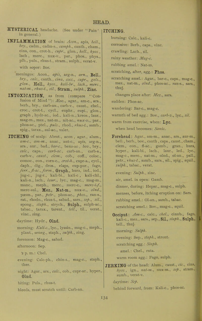(See under  Pain ' HYSTERICAL headache in general.) INFLAMMATION of brain: Aeon., apis, dell., dry., cadni., cadm-s., eatnph., canth., cham., cina, con., crot-h., cupr., glon., hell., hyos., lach , mere, nux-v., par., phos., phys., plb., puis., rhus-t, stram., sulph., verat-v. with sopor: Bor. meninges: Aeon., apis, arg-n., am.. Bell., bry., calc, canth., cum, cocc., cupr., gels., glon.. Hell., hyos., kali-br., lach., mere, nat-m., rhns-t., sil., Stram., sulph.. Zinc INTOXICATION, as from (compare  Con- fusion of Mind): yBsc, agar., am-c, ars., berb., bry., carb-au., carb-v., caust., chel., croc, crot-t, cycl., euphr., eupi., glon., graph , hydr-ac, iod., kali-n., kreos., laur., mag-m., mez., nat-m., uit-ac, nux-v., par., phos-ac, ptel., puis., rhod., rhus-t., samb., spig., taras., sul-ac, valer. ITCHING of scalp: Abrot., aeon , agar., alum., am-c, a^ii-m., anac, ant-c, apis, arg-n., ars., aur., bad., bar-c, benz-ac , bov., bry., calc, caps., carb-ac, carb-an., carb-s., carb-v., caust., clem., cob., cofT., coloc, comoc, con., corn-c, crot-h., cupr-a., cycl., daph., dig., dros., elaps, eup-pur., fago, ferr.,fl-ac.,form.. Graph,, hura, ind., iod., jug-c, jug-r., kali-bi., kali-c , kali-chl., kali-n., lach., laur., lye, mag-c, mag-m., mane, meph., mere, merc-c, merc-i-f., merc-sul., Mez., Nat-m., nux-v., olnd., pseon., par., petr., phos-ac, phos., ran-s., rat., rhodo., rhus-t., sabad., sars., sep., sil., spong., staph., strych., Sulph.., sulph-ac, tabac, tarax., tarent., tell., til., verat., vine, zing. daytime: Hydr., Olnd. morning: Kali-c, \yc., lyssin., mag-e, meph., plant., seneg., staph., sulph., zing. forenoon: Mag-c, sabad. afternoon: Sep. '2 p. m.: Chel. evening: Calc-ph., chin-s., mag-c, staph., ther. night: Agar., ars., calc, cob., cupr-ar., hyper., Olnd. biting: Puis., rhus-t. bleeds, must scratch until: Carb-an. ITCHING. burning: Calc, kali-c. corrosive: Berb., caps., vine crawling: Lach., sil. rainy weather: Mag-c. rubbing amel.: Nat-m. scratching, after, agg.: Ph.08. scratching amel.: Agar., bar-c, caps., mag-c, mez., nat-m., olnd., phos-ac, ran-s., sars., thuj. changes place after: Mez., sars. sudden: Phos-ac. wandering: Bar-c, mag-c. warmth of bed agg.: Bov., carb-v., lye, sil. warm from exercise, when: Lyc. when head becomes: Sanic. Foreh.ead: Agar., am-m., anac, ars., aur-m., bell., berb., bov., canth , caps., caust., cham., clem., con., fl-ac, gamb., gran., hura, hyper., kali-bi., lach., laur., led., lyc, mag-c, mere, nat-m., olnd., ol-an., pall., petr., rhus-t., samb., sars., sil., spig., squil., sulph., tabac, verat. evening: Sulph., zinc. air, amel. in open: Gamb. dinner, during: Hepar., mag-c, sulph. menses, before, itching eruption on: Sars. rubbing amel.: Ol-an., samb., tabac scratching amel.: Bov., mag-c, squil. Occiput: Am-c, calc, chel., cinnb., fago, kali-c, mez., sars., sep., Sil., staph., SulpL, tell., thuj. morning: Sulph. evening: Sep., staph., stront. scratching agg.: Staph. amel.: Chel., ruta. warm room agg.: Fago, sulph. JERKING of the head: Alum., caust., cic, cina, hyos., ign., nat-m., nux-m., Sep., stram., sumb., verat-v. daytime: Sep. behind forward, from: Kali-c., phos-ac.