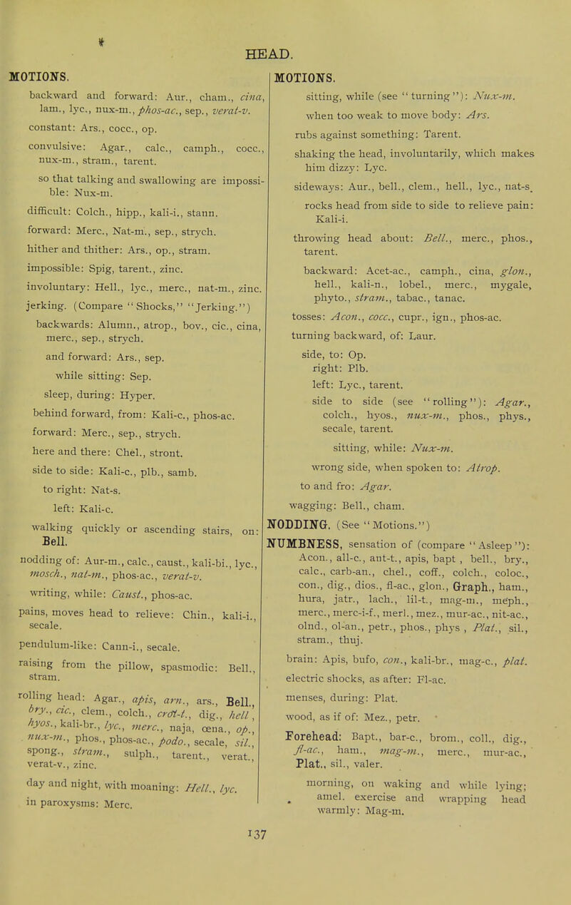 MOTIONS. backward and forward: Aur., cham., citia, lam., lye, nnx-m.., phos-ac, sep., verat-v. constant: Ars., cocc, op. convulsive: Agar., calc, camph., cocc, nux-m., stram., tarent. so that talking and swallowing are impossi- ble: Nux-m. difficult: Colch., hipp., kali-i., stann. forward: Merc, Nat-m., sep., strych. hither and thither: Ars., op., stram. impossible: Spig, tarent., zinc. involuntary: Hell., lye, mere, nat-m., zinc jerking. {Compare  Shocks, Jerking.) backwards: Alumn., atrop., bov., cic, cina, mere, sep., strych. and forward: Ars., sep. while sitting: Sep. sleep, during: Hyper. behind forward, from: Kali-c, phos-ac. forward: Mere, sep., strych. here and there: Chel., stront. side to side: Kali-c, plb., samb. to right: Nat-s. left: Kali-e walking quickly or ascending stairs, on- Bell. nodding of: Aur-m., calc, canst., kali-bi., lye, mosch., nat-m., phos-ac, verat-v. writing, while: Caust., phos-ac. pains, moves head to relieve: Chin., kali-i., secale. pendulum-like: Cann-i., secale. raising from the pillow, spasmodic: Bell., stram. ' rolling head: Agar., apis, am., ars., BeU, bry.,cic., clem., colch., crOt-t., dig., hell, //J'^^5.,kali-br.,/jr., mere, naja, oeua., op., nux-m., phos., phos-ac, podo., secale, sil., spong., stram., sulph., tarent., verat., verat-v., zinc. day and night, with moaning: Hell., lyc. in paroxysms: Merc. MOTIONS. sitting, while (see  turning): Nux-m. when too weak to move body: Ars. rubs against something: Tarent. shaking the head, involuntarily, which makes him dizzy: l,yc. sideways: Aur., bell., clem., hell., lye, nat-s_ rocks head from side to side to relieve pain: Kali-i. throwing head about: Bell., mere, phos., tarent. backward: Acet-ac, camph., cina, glon., hell., kali-n., lobel., mere, mygale, phyto., stram., tabae, tanac. tosses: Aeon., cocc, cupr., ign., phos-ac. turning backward, of: Laur. side, to: Op. right: Plb. left: Lye, tarent. side to side (see rolling): Agar., colch., hyos., nux-m., phos., phys., secale, tarent. sitting, while: Nux-m. wrong side, when spoken to: Atrop. to and fro: Agar. wagging: Bell., cham. NODDING. (See Motions.) NUMBNESS, sensation of (compare Asleep): Aeon., all-c, ant-t., apis, bapt , bell., bry., calc, carb-an., chel., coff., colch., coloc, con., dig., dios., fl-ac, glon.. Graph., ham., hura, jatr., lach., lil-t, mag-ui., meph., mere, merc-i-f., merl., mez., mur-ac, nit-ac, olnd., ol-an., petr., phos., phys , Plat., sil., stram., thuj. brain: Apis, bufo, con., kali-br., mag-c, plat. electric shocks, as after: Fl-ac. menses, during: Plat. wood, as if of: Mez., petr. Forehead: Bapt, bar-c, brom., coll., dig., fl-ac, ham., mag-in., mere, mur-ac. Plat., sil., valer. morning, on waking and while lying; amel. exercise and wrapping head warmly: Mag-m.