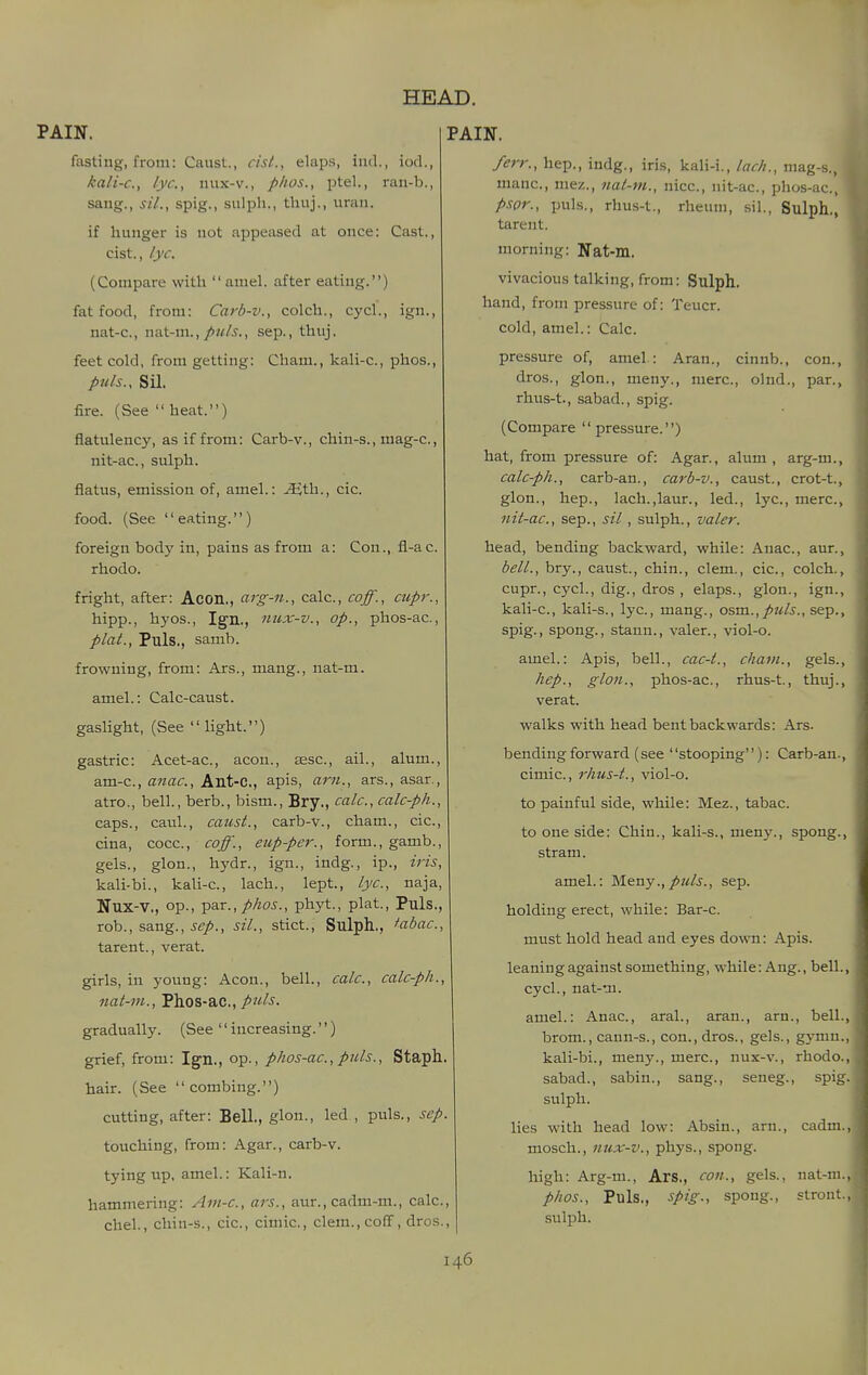 fasting, from: Caust., cist., elaps, iiid., iod., kali-c, lye, nux-v., phos., ptel., ran-b., sang., sil., spig., siilpli., thuj., uran. if hunger is not appeased at once: Cast., cist., lyc. (Compare with amel. after eating.) fat food, from: Carb-v., colch., cycl., ign., nat-c, nat-ni.,/«/^., sep., thuj. feet cold, from getting: Cham., kali-c, phos., puis., Sil. fire. (See  heat.) flatulency, as if from: Carb-v., chin-s., mag-c, nit-ac, sulph. flatus, emission of, amel.: ^th., cic. food. (See eating.) foreign body in, pains as from a: Con., fl-ac. rhodo. fright, after: Acon., arg-n., calc, coff., cupr., hipp., hyos., Ign., nux-v., op., phos-ac., plat.. Puis., samb. frowning, from: Ars., mang., nat-m. amel.: Calc-caust. gaslight, (See light.) gastric: Acet-ac, aeon., assc, ail., alum., am-c, anac, Ant-C, apis, «r«., ars., asar atro., bell., berb., bism., Bry., calc, calc-ph.., caps., caul., caicst., carb-v., cham., cic, cina, cocc, coff., eup-per., form., gamb., gels., glon., hydr., ign., indg., ip., iris, kali-bi., kali-c, lach., lept., lyc, naja, Nux-v., op., ^&x.,phos., phyt., plat. Puis., rob., sang., sep., sil., stict., Sulph., ^abac, tarent., verat. girls, in young: Aeon., bell., calc, calc-ph., nat-m., Phos-ac, puis. gradually. (See '' increasing.'') grief, from: Ign., op., phos-ac, puis.. Staph, hair. (See combing.) cutting, after: Bell., glon., led , puis., sep. touching, from: Agar., carb-v. tying up, amel.: Kali-n. hammering: Am-c, ars., aur., cadm-m., calc, chel., chin-s., cic, cimic, clem., coff, dros. HEAD. ferr., hep., indg., iris, kali-i., lach., mag-s., mane, mez., nat-nt., nice, nit-ac, phos-ac, p.'ior., puis., rhus-t., rheum, sil., Sulph., tarent. morning: Nat-m. vivacious talking, from: Sulph. hand, from pressure of: Teucr. cold, amel.: Calc. pressure of, amel : Aran., cinnb., con., dros., glon., meny., mere, olnd., par., rhus-t., sabad., spig. (Compare  pressure.) hat, from pressure of: Agar., alum, arg-ni., calc-ph., carb-an., carb-v., caust., crot-t., glon., hep., lach.,laur., led., lyc, mere, nit-ac, Sep., sil, sulph., valer, head, bending backward, while: Anac, aur., bell., bry., caust., chin., clem., cic, colch., cupr., cycl., dig., dros , elaps., glon., ign., kali-c, kali-s., lyc, mang., osm..,puis., sep., spig., spong., stann., valer., viol-o. amel.: Apis, bell., cac-t., chain., gels., hep., glon., phos-ac, rhus-t., thuj., verat. walks with head bent backwards: Ars. bending forward (see stooping): Carb-an., cimic, rhus-t., viol-o. to painful side, while: Mez., tabac. to one side: Chin., kali-s., men}'., spong., stram. amel.: Meny.,/>«/j., sep. holding erect, while: Bar-c. must hold head and eyes down: Apis. leaning against something, while: Aug., bell., cycl., nat-m. amel.: Anac, aral., aran., arn., bell., brom., caun-s., con., dros., gels., gymn., kali-bi., meny., mere, nux-v., rhodo., sabad., sabin., sang., seneg., spig.: sulph. lies with head low: Absin., arn., cadm., mosch., nux-v., phys., spong. high: Arg-m., Ars., con., gels., nat-m. phos.. Puis., spig., spong., stront.J sulph.