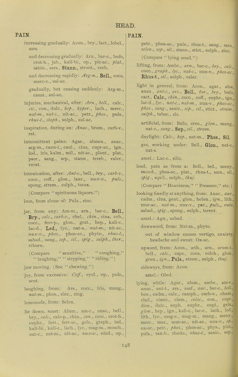 increasing gradually: Aeon., bry., lact., lobel., sars. and decreasing gradually: Arn., bar-c, bufo, crot-h., jab., kali-bi., op., pic-ac, plat., sabin., sars., Stann., stront., verb. and decreasing rapidly: Arg-ti., Bell., coca, merc-c, sul-ac. gradually, but ceasing suddenly: Arg-m., caust., sul-ac. injuries, mechanical, after: Am., bell., calc, cic, con., dulc, hep., hyper., lach., mere, nat-tn., nat-s., nit-ac, petr., phos., puis., rhus-t., staph., sulph., sul-ac. inspiration, during an: Anac, brom., carb-v., rat. intermittent pains: Agar., alumn., anac, arg-m., cann-i., caul., cina, cupr-ac, ign., iod., iris, kalm., mil., nit-ac, plant., plat., psor., sang., sep., stann , tereb., valer., verat. intoxication, after: Ant-c, bell., bry., carb-v., cocc, coff., glon., laur., nux-v., puis., spong, stram., sulph., tarax. (Compare spirituous liquors.) iron, from abuse of: Puis., zinc. jar, from any: Am-m., arn., bar-c. Bell., Bry-, calc, carb-v., chel., chin., cina, cob., cocc, ferr-p., glon., grat., hep., kali-c, lac-d., Led., lye, nat-a., nat-m., nit-ac, nux-v., phos., phos-ac, phyto., rhus-t., sabad., sang., sep., sit., spig., sulph., ther., vibum. (Compare '' sensitive,  coughing,'' laughing, stepping, riding.) jaw moving. (See chewing.) joy, from excessive: Coff., cycl., op., puis., scut. laughing, from: Ars., cocc, iris, mang., nat-vi., phos., zinc, zing. lemonade, from: Selen. lie down, must: Alum., am-c, anac, bell., bry., calc, calc-p., chin., C07i., croc, crot-h., euphr., ferr., ferr-ac, gels., graph., iod., kali-bi., kali-c, lach., lye, mag-ni., mcsch., nat-c, nat-m., nit-ac, nux-v., olnd., op., HEAD. petr., phos-ac, puis., rhus-t., .sang., sars., selen., sep., .sil., stann., stict., sulph., zinc ' (Compare  lying amel.) lifting, from: Ambr., am., bar-c, bry., calc., cocc, graph., lye, nat-c, nux-v., phos-ac., E.hus-t., sil., sulph., valer. light in general, from: Aeon., agar., aloe, anan, anl-c, ars.. Bell., bor., bry., bufo, cact., Calc, chin., cocc, coff., euphr., ign., lac-d.,/j/c., 7iat-c., nat-m., mxx-v , phos-ac., phos., sang., sanic, sep., sil., stict., stram., sulph., tabac, ziz. artificial, from: Bufo, croc, glon., mang., nat-c, sang., Sep., stram. daylight: Calc, hep., nat-m., Phos., Sil. gas, working under: Bell., Glon., nat-c, nat-s. amel.: I,ac-c., silic. load, pain as from a: Bell., led., meny. mosch., phos-ac, plat., rhus-t., sars., sil., spig., squil., sulph., thuj. (Compare  Heaviness,  Pressure, etc.) looking iixedly at anything, from: Anac, aur., cadm., cina, gent., glon., helon., ign., lith., mur-ac, nat-m., nux-v., par., puts., ruta, sabad., spig., spong., sulph., tarent. amel.: Agn., sabad. downward, from: Nat-m., phyto. out of window causes vertigo, anxiety headache and sweat: Ox-ac. upward, from: Aeon., seth., arn., arum-t. bell., calc, caps., coca, colch., glon. gran., ign.. Puis., stram., sulph., thuj. sideways, from: Aeon. amel.: Olud. lying, while: Agar., alum., ambr., am-c. anac.,' aut-t., ars., asaf., aur., bar-c, bell. bov., cadm., calc, camph., carb-v., chaE chel., cimic, clem., coloc, con., cupc dios., dulc, euph. euphr., eupi., gel glon., hep., ign., kali-c, lac-c, lach., le lith., lyc, mag-c, mag-m., mang., men mere, mez., mur-ac, nit-ac, nux-v., op ox-ac, petr., phos., phos-ac, phys., pla puis., ran-b., rhodo., rhns-t., sanic, sep