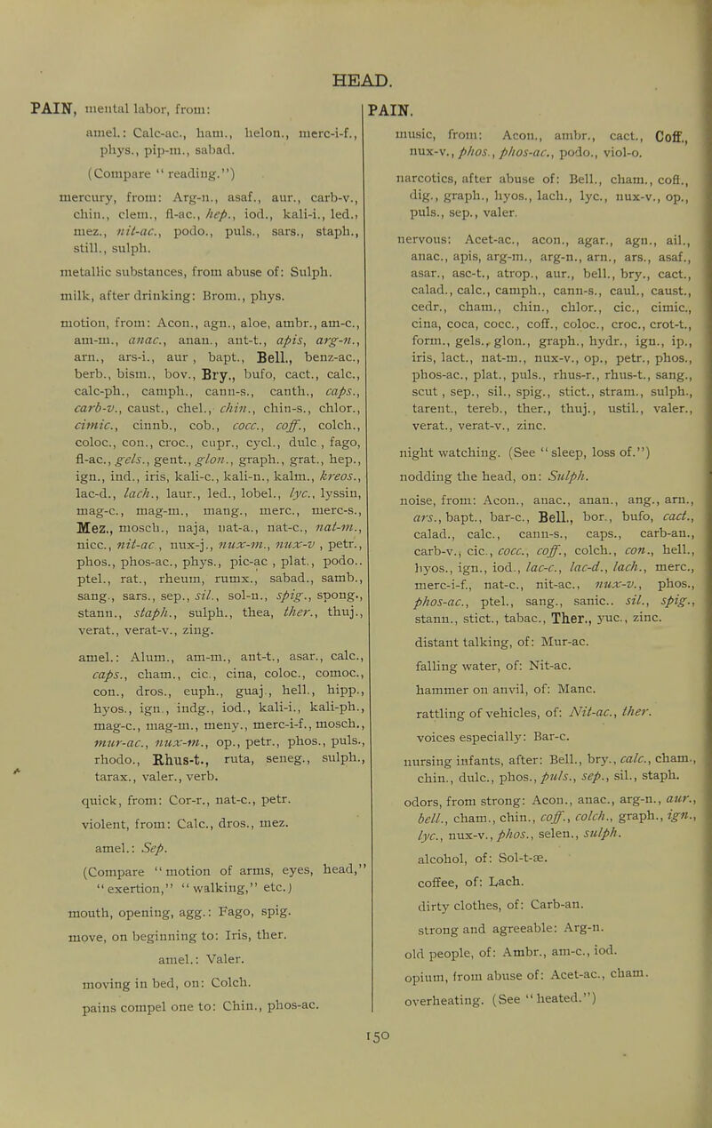 PAIN, mental labor, from: amel.: Calc-ac, ham., lielon., merc-i-f., phys., pip-m., sabad. (Compare  reading.) mercury, from: Arg-n., asaf., aur., carb-v., chin., clem., fl-ac, hep., iod., kali-i., led., mez., nit-ac, podo., puis., sars., staph., still., sulph. metallic substances, from abuse of: Sulph. milk, after drinking: Brom., phys. motion, from: Aeon., agn., aloe, ambr.,am-c., am-m., anac, anan., ant-t., apis, arg-n., arn., ars-i., aur , bapt.. Bell., benz-ac, berb., bism., bov., Bry., bufo, cact., calc, calc-ph., camph., cann-s., canth., caps., carb-v., caust., chel., cimi., chin-s., chlor., cimic, cinnb., cob., cocc, coff., colch., coloc, con., croc, cupr., cj'cl., dulc , fago, gels., gent., g/ori., graph., grat., hep., ign., ind., iris, kali-c, kali-n., kalm., kreos., lac-d., lack., laur., led., lobel., lye, lyssin, mag-c, mag-m., mang., mere, merc-s., Mez., mosch., naja, iiat-a., nat-c, nat-m., nice, nit-ac , nux-j., 7iux-m., nux-v , petr., phos., phos-ac, phys., pic-ac , plat,, podo.. ptel., rat., rheum, rumx., sabad., samb., sang., sars., sep., sil., sol-n., spig., spong., stann., staph., sulph., thea, ther., thuj., verat., verat-v., zing. amel.: Alum., am-m., ant-t., asar., calc, caps., cham., cic, cina, coloc, comoc, con., dros., euph., guaj., hell., hipp., hyos., ign., indg., iod., kali-i., kali-ph., mag-c, mag-m., meny., merc-i-f., mosch., mur-ac, nux-m., op., petr., phos., puis., rhodo., Rhus-t., ruta, seneg., sulph., tarax., valer.,verb. quick, from: Cor-r., nat-c, petr. violent, from: Calc, dros., mez. amel.: Sep. (Compare motion of arms, eyes, head, exertion,  walking, etcj mouth, opening, agg.: Fago, spig. move, on beginning to: Iris, ther. amel.: Valer. moving in bed, on: Colch. pains compel one to: Chin., phos-ac. HEAD. PAIN. music, from: Aeon., ambr., cact., Coff,, mi^-s., phos., phos-ac, podo., viol-o. narcotics, after abuse of: Bell., cham., coft., dig., graph., hyos., lach., lye, nux-v., op., puis., Sep., valer. nervous: Acet-ac, aeon., agar., agn., ail., anac, apis, arg-m., arg-n., am., ars., asaf., asar., ase-t., atrop., aur., bell., bry., cact., calad., calc, camph., cann-s., caul., caust., cedr., cham., chin., chlor., cic, cimic, cina, coca, cocc, cofT., coloc, croc, crot-t., form., gels., glon., graph., hydr., ign., ip., iris, lact., nat-m., nux-v., op., petr., phos., phos-ac, plat., puis., rhus-r., rhus-t., sang., scut, Sep., sil., spig., stict., stram., sulph., tarent., tereb., ther., thuj., ustiL, valer., verat., verat-v., zinc. night watching. (See sleep, loss of.) nodding the head, on: Sulph. noise, from: Aeon., anac, anan., ang., am., rtr5.,bapt., bar-c. Bell., bor., bufo, cact., calad., calc, cann-s., caps., carb-an., carb-v., cic, cocc, coff., colch., con., hell., hyos., ign., iod., lac-c, lac-d., lach., mere, merc-i-f., nat-c, nit-ac, 7iux-v., phos., phos-ac, ptel., sang., sanic. sil., spig., stann., stict., tabac, Ther., yuc, zinc. distant talking, of: Mur-ac falling water, of: Nit-ac. hammer on anvil, of: Mane rattling of vehicles, of: Nit-ac, ther. voices especially: Bar-c. nursing infants, after: Bell., bry., calc, cham., chin., dulc, ^hos., puis., sep., sil., staph. odors, from strong: Aeon., anac, arg-n., aur., dell., cham., chin., coff., colch., graph., ign., lye, nux-v., phos., selen., sulph. alcohol, of: Sol-t-se. coffee, of: I^ach. dirty clothes, of: Carb-an. strong and agreeable: Arg-n. old people, of: Ambr., am-c, iod. opium, from abuse of: Acet-ac, cham. overheating. (See  heated.)