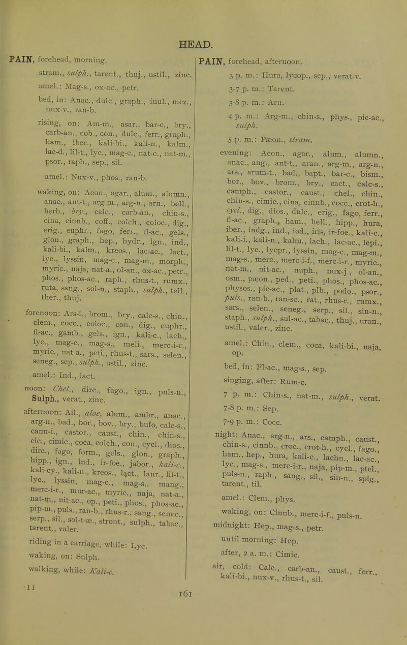 PAIN, forehead, morning. strani., tarent., thuj., nstil., zinc, amel.: IMag-s., ox-ac, petr. bed, in: Anac, dulc, graph., inul., niez., nux-v., raii-b. rising, on: Am-m., asar., bar-c, bry., carb-an., cob., con., dulc, ferr., graph., ham., iber., kali-bi., kali-n., kalm., lac-d., lil-t., I3'C., mag-c, nat-c, nat-m., psor., raph., sep., sil. amel.: Nux-v., phos., ran-b. waking, on: Aeon., agar., alum., alumn., anac, ant-t., arg-ni., arg-n., arn., bell., berb., biy., calc, carb-an., chin-s., cina, cinnb., coff., colch., coloc, dig., erig., euphr, fago, ferr., fl-ac, gels.,' glon., graph., hep., hydr., ign., ind., kali-bi., kalm., kreos., lac-ac, lact., lye, lyssin, mag-c, mag-m., morph., myric, naja, nat-a., ol-an., ox-ac, petr., phos., phos-ac, raph., rhus-t., rumx.,' ruta, sang., sol-n., staph., sulph., tell.^ then, thuj. forenoon: Ars-i., brora., bry., calc-s., chin., clem., cocc, coloc, con., dig., euphr., fi-ac, gamb., gels., ign., kali-c, lach., lye, mag-c, mag-s., rneli., merc-i-r., myric, nat-a., peti., rhu.s-t., sars., selen seneg., sep., sulph., ustil., zinc amel.: Ind., lact. noon: Qiel., dire, fago., ign., puls-n., Sulph., verat., zinc. afternoon: Ail., aloe, alum., ambr., anac, arg-n., bad., bor., bov., bry., bufo, calc-s.,' cann-i., castor., caust., chin., chin-s.,' cic, cimic, coca, colch., con., cycl., dios ' dire, fago, form., gels., glon., graph.'i IIIPP-, Ign., ind., ir-foe., jabor., kali-c kah-cy., kali-n., kreos., l^ct, laur., lil-t. lye. lyssin, mag-c, mag-s., mang., merc-i-r., mur-ae, myric, naja, nat-a., nat-m., mt-ac, op., peti., phos., phos-ac., pip-m., puis., ran-b., rhus-r., sang., senec serp. sil.,sol-t.a,.,stront., sulph., tabac!! tarent., valer. riding in a carriage, while: Lye waking, on: Sulph. walking, while: Kali-c. PAIN, forehead, afternoon. 3 p. m.: Hura, lycop., sep., verat-v. 3-7 p. m.: Tarent. 3-S p. m.: Arn. 4 p. m.: Arg-m., chin-s., phys., pic-ac, sulph. 5 p. m.: Pason., strarn. evening: Aeon., agar., alum., alumn., anac.ang., ant-t, aran., arg-m., arg-n., ars., arum-t., bad., bapt., bar-e, bism., bor., bov., brom., bry., cact., calc-s., camph., castor., caust., chel., chin., chin-s., cimic, cina, cinnb., cocc, crot-h., cycl., dig., dios., dulc, erig., fago, ferr.,' fl-ac, graph., ham., hell., hipp., hura, iber., indg., ind., iod., iris, ir-foe., kali-c., kali-i., kali-n., kalm., lach., lac-ac, lepi., lil-t., lye, lycpr., lyssin, mag-c, mag-m.,' mag-s., mere, merc-i-f., merc-i-r., myric, nat-m., nit-ac, nuph., nux-j , ol-an.', osm., paeon., ped., peti., phos., phos-ac, physos., pic-ac, plat., plb., podo., psor., ptds., ran-b., ran-se, rat., rhus-r., rumx., sars., selen., seneg., serp., sil., sin-n., staph., sulph., sul-ac, tabac, thuj., uran., ustil., valer., zinc. amel.: Chin., clem., coca, kali-bi., naja, op. bed, in: Fl-ac, mag-s., sep. singing, after: Rum-c. 7 p. m.: Chin-s., nat-m., sulph., verat. 7-S p. m.: Sep. 7-9 P- m.: Cocc. night: Anac, arg-n., ars., camph., caust chin-s., cinnb., croc, crot-h., cycl., fago ' ham., hep., hura, kali-e, lachn., lac-ac] lye, mag-s., merc-i-r., naja, pip-m., ptel., puls-n., raph., sang., sil., sin-n., spig tarent., til. ^ ^ ' amel.: Clem., phys. waking, on: Cinnb., merc-i-f., puls-n. midnight: Hep., mag-s., petr. until morning: Hep. after, 2 a. m.: Cimic. air, cold: Calc., carb-an., caust., ferr kali-bi., nux-v., rhus-t., sil. II