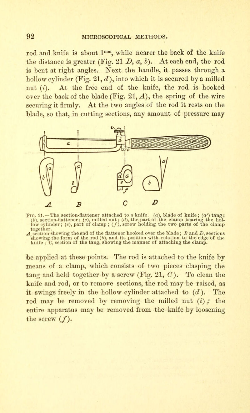 rod and knife is about I*™, while nearer the back of the knife the distance is greater (Fig. 21 Z>, «, b). At each end, the rod is bent at right angles. Next the handle, it passes through a hollow cylinder (Fig. 21, d)^ into which it is secured by a milled nut (/). At the free end of the knife, the rod is hooked over the back of the blade (Fig. 21,^), the spring of the wire securing it firmly. At the two angles of the rod it rests on the blade, so that, in cutting sections, any amount of pressure may Fio. 21.—The section-flattener attached to a knife, (a), blade of knife ; {a') tang; {h), section-fiatteuer; (c), milled nut; (d), the part of the clamp bearing the hol- low cylinder; (e), part of clamp ; (/), screw holding the two parts of the clamp together. A, section showing the end of the flattener hooked over the blade; B and D, sections showing the form of the rod (ft), and its position with relation to the edge of the knife ; C, section of the tang, showing the manner of attaching the clamp. be applied at these points. The rod is attached to the knife by means of a clamp, which consists of two pieces clasping the tang and held together by a screw (Fig. 21, C'). To clean the knife and rod, or to remove sections, the rod may be raised, as it swings freely in the hollow cylinder attached to {d). The rod may be removed by removing the milled nut (i) / the entire apparatus may be removed from the knife by loosening the screw (/). B 0 D