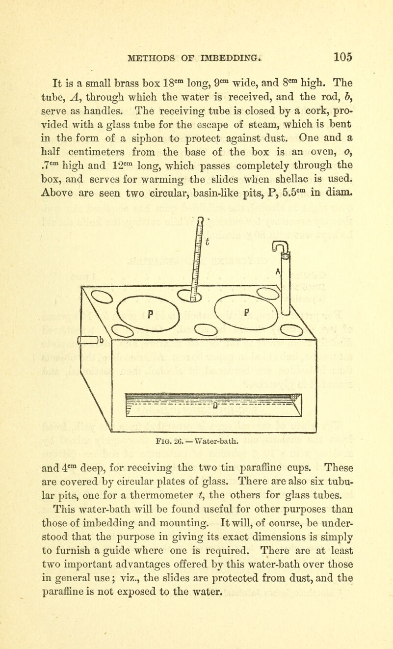 It is a small brass box 18'^' long, 9'=' wide, and 8<«° high. The tube, A, through v/hich the water is received, and the rod, b, serve as handles. The receiving tube is closed by a cork, pro- vided with a glass tube for the escape of steam, which is bent in the form of a siphon to protect against dust. One and a half centimeters from the base of the box is an oven, o, 7cm jjjgjj ^jj^ 22*=°^ long, which passes completely through the box, and serves for warming the slides when shellac is used. Above are seen two circular, basin-like pits, P, S.S'^' in diam. Fig. 26. — Water-bath. and 4''™ deep, for receiving the two tin paraffine cups. These are covered by circular plates of glass. There are also six tubu- lar pits, one for a thermometer the others for glass tubes. This water-bath will be found useful for other purposes than those of imbedding and mounting. It will, of course, be under- stood that the purpose in giving its exact dimensions is simply to furnish a guide where one is required. There are at least two important advantages offered by this water-bath over those in general use; viz., the slides are protected from dust, and the paraffine is not exposed to the water.