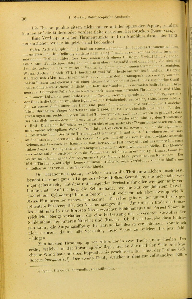 Die Thi iincnpiinkle silzon nicht iinmor aul'der Spitze der Papille , sondern können aul die hintere oder vordere Seite derselben herabrücken (Bücudalkk.) . Eine Vordoppeluns der Thriinenpunkte und im Anschluss daran der Jlii a- nenkaniilchen wurde bis jetzt 6 mal beobachtet. G«:u.K (Arclüv f. Opl.U.. 1, 4) Huid i.n ..inoin Lcl.e.ulrM. oin dopp.iUos Tl.ran.'i.ranäl.^l.en, n.n unleren Lid. Die Oemu.n« /.« den.soiben In, iV nach aussen von der Papille im un er- „Ku-ginalon Theil des Lides. Der Gang schien naeh einem 1' langen Ver aui blmd zu enden rouv, (Ann. doculislique 1860) .sah an einem oberen Augenlid /.we. Canalchen, d.e s.ch nul den. dos unloren Lides im weiteren Verlauf zu einem gen.einsa.nen Stan.mchen verem.gten. Wrm.u (Archiv f. üphth. VllI, 1) beschreibt zwei Fülle, beide am rechten Unterl.de. Das erste Mal fand sich 3 Mm. nach innen und unten von, normalen Thränenpunkt em zwe.ler, von rmr- llem Lunken un<l ebenfalls auf einer kleinen Erhabenheit stehend, ^^^^y-'^l^!^ oben nuindete wahrscheinlich dicld, oberhalb der Mündung des normalen .soh.t n den 1 ua- ne Ick im zweiten Falle fand sich 4 Mm. nach innen vom normalen Thranenpunkl und 2 M vo i H e n Lid^vinkel unmittelbar vor der Carunc. lacrym,, gera.le auf .1er l^ebergaug s o de Haüt in die Conjuuctiva, ohne irgend welche Erhabenheit, ein ovaler, 4 Mm. anger .Sehl Iz, e u e 1 dicht unter der Haut und parallel mit dem normal verlaufenden Cana c en U ..1 BOCHDALEK (Pra-cr Yierteljahrsscbrifl 1866. 90. Bd.) sah ebenfalls zwe. Italic. Be. ( e„, ^ n ' roberen L drei Thr.nenpunkte, zwei davon waren ^^J^^^J^ % der eine dicht neben dem anderen, medial und etwas weiter nach hmten , dem Ihianensc u lie D ebdden Röhrchen vereinigten sich etwas mehr als 1'vom ThrUnensack ent erm . :te:iem s'lr spitzen Winkel. Das hintere Can.lchen '^s 1 Thrinenröhrchen Der dritte Thränenpunkt war länglich und von | Durchmesser, sas . ^rdTrinne en oberen Seite der Carunc. lacrym. und öffnete sich in das erwähnte anom e 1 ^ebe crrc;:; nach r' langem Verlauf. Der zweite Fall bezog sich auf ^^^^^^^^^^ Unken Auges Der eigentliche Thränenpunkt stand an der gewöhnlichen Ste le. 0«^^'^^^^^^^^^^^ der vox^eren Seite des Wärzchens und führte in ein nur ^r '^^''^l^^ gegen den Augenwinkel gericbtetes, Z kleine Thränenpunkt zeigte keine deutliche, trichterförm.ge Vert.efung, sondein klaffte mittelbar in das verlicale Anfangsstück hmem. schlugen. . ^. .j u,-,iei-.schieden. Der ■ ^i; synon. ütriculus lacrymalis, infundibulum.