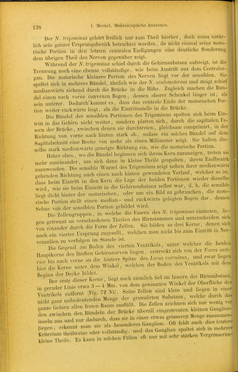 I Der iV. trkjeminus gehört freilich nur zum Theil hierher, doch muss natüi- lich sein ganzer Ursprungsbezirk belrachtel werden, da nicht einmal seine moto- dem übrigen Theil des Nerven gegenüber zeigt. Während der N. trigemimis schief durch die Gehirnsubstanz aufsteigt, ist die Trennung noch eine ebenso vollständige, wie beim Austritt aus dem Cenlralor- gan. Die motorische kleinere Portion des Nerven liegt vor der sensiblen. Sie spaltet sich in mehrere Bündel, ähnlich wie der oculomotorius und steigt schiel medianwärts ziehend durch die Brücke in die Höhe. Zugleich machen die Bün- del einen nach vorne convexen Bogen , dessen oberer Schenkel länger ist, al- sein unterer. Dadurch'kommt es, dass das centrale Ende der motorischen Por- tion weiter rückwärts liegt, als die Eintrittsstelle in die Brücke. Die Bündel der sensiblen Portionen des Trigeminus spalten sich beim Ein- tritt in das Gehirn nicht weiter, sondern platten sich, durch die sagittalen F' Sern der Brücke, zwischen denen sie durchtreten, gleichsam comprimirt, in d Richtung von vorne nach hinten stark ab, sodass ein solches Bündel auf der, Saittalschnitt eine Breite von mehr als einen Millimeter zeigt. Sie halten die- selbe stark medianwärts geneigte Richtung ein, wie die motorische Portion. Höher oben, wo die Bündel beginnen sich ihrem Kern zuzuneigen, treten si.- mehr auseinander, um sich dann in kleine Theile gespalten, ihrem Endbezirk zuzuwenden. Die sensible Wurzel des Trigeminus zeigt neben ihrer medianwart. sehenden Richtung auch einen nach hinten gewendeten Verlauf, welcher so ist. dass beim Eintritt in den Kern die Lage der beiden Portionen wieder diese 1.^ wird wie sie beim Eintritt in die Gehirnsubstanz selbst war, d. h. die sensible' lieot dicht hinter der motorischen, oder um ein Bild zu gebrauchen die moto- rische Portion stellt einen median- und rückwärts gelegten Bogen dar, dessen Sehne von der sensiblen Portion gebildet wird. Die Zellengruppen, in welche die Fasern des A^ tngemmus emireien, lie- fen oetrennt ait verschiedenen Theilen des Hirnstammes und unterscheiden sich von eSander durch die Form der Zellen. Sie bilden so drei Kerne denen sieh Z JZ tLer Ursprung zugesellt, welchen man nicht bis zum Emtritt m Ner- vpn7Pllen zu verfolgen im Stande ist. • j- i • i dVc Genend Boden des vierten Ventrikels, unter welcher die beiden H.uptk rne des fünften Gehirnnerven liegen, erstreckt sich von der Fovea ant.- ^nri rsTch vorne an die hintere Spitze des Locus coerulercs, und zwar liegen ;rerdre Kerr^^^^^ -l^hen der Boden des Ventrikels mit den, ^''tertrsl'dieser kIc , hegt noch ziemlich tief im Innern der Hirnsubstanz. Der erste d^^^e^^ i^er ^ genannten Winkel der Oberfläche de> in gerader Linie etw ^^^-^J^^.^^ bellen sind klein und liegen in einer Ventrikels «^^^f^^ .f^-J^j;/^^^^ ^^r granulirten Substanz, welche durch .l„s ganze Gehir? al en bmen eingestreuten kleinen Ganglien- den zwischen den Mndeln de ^^^^ ^^ „^^^^^^ ^^^^^