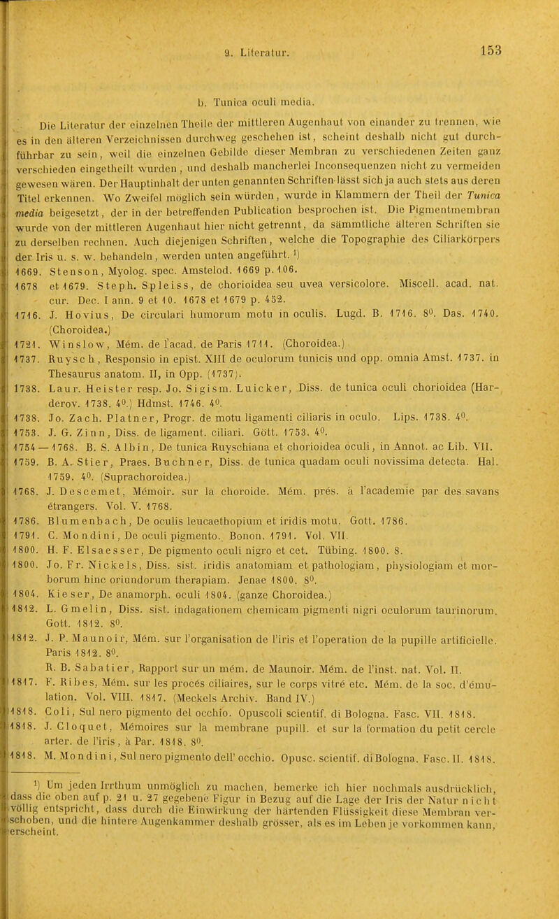 b. Tunica oculi media. Die Literatur der einzelnen Tlieile der mittleren Augenhaut von einander zu trennen, wie es in den alteren Verzeichnissen durchweg geschehen ist, scheint deshalb nicht gut durch- führbar zu sein, weil die einzelnen Gebilde dieser Membran zu verschiedenen Zeiten ganz verschieden eingetheilt wurden, und deshalb mancherlei Inconsequenzen nicht zu vermeiden gewesen wären. DerHauptinhalt derunten genannten Schriften-lässt sich ja auch stets aus deren Titel erkennen. Wo Zweifel möglich sein würden, wurde in Klammern der Theil der Twiica media beigesetzt, der in der betreffenden Publication besprochen ist. Die Pigmentmembran wurde von der mittleren Augenhaut hier nicht getrennt, da sämmtliche älteren Schriften sie zu derselben rechnen. Auch diejenigen Schriften, welche die Topographie des Ciliarkörpers der Iris u. s. w. behandeln, werden unten angeführt, i) H669. Stensen, Myolog. spec. Amstelod. 1669 p.'toe. 4678 et 1679. S teph. Sp le i ss, de chorioidea seu uvea versicolore. Miscell. acad. nat. cur. Dec. I ann. 9 et 10. 1678 et 1679 p. 452. 1716. J. Hovius, De circulari humorum motu in oculis. Lugd. B. 1716. 8^. Das. 1 740. (Choroidea.) <721. Win slow, Mem. de l'acad. de Paris 1711. (Choroidea.) 1737. Ruysch, Responsio in epist. XIII de oculorum tunicis und opp. omnia Amst. 1737. in Thesaurus anatom. II, in Opp. (1737). 1738. Laur. Heister resp. Jo. Sigism. Luicker, Diss. de tunica oculi chorioidea (Har- derov. 1738. 40.) Hdmst. 1746. 4». 4738. Jo. Zach. Platner, Progr. de motu ligamenti ciliaris in oculo. Lips. 1738. 40. 1753. J. G. Zinn, Diss. de ligament. ciliari. Gött. 1753. 4». 1754 — 1768. B. S. .\lbin. De tunica Ruyschiana et chorioidea oculi, in Annot. ac Lib. VII. 1759. ß.A,Stier, Praes. Buchner, Diss. de tunica quadam oculi novissima detecta. Hai. 1759. 40. (Suprachoroidea.) 1768. J.Descemet, Memoir. sur la choroide. Mem. pres. ä l'academie par des savans etrangers. Vol. V. 1768. 1786. Blumenbach, De oculis leucaethopium et iridis motu. Gott. 1786. 1791. C. Mo n di n i, De oculi pigmento. Bonon. 1791. Vol. VII. 1800. H. F. Elsaesser, De pigmento oculi nigro et cet. Tübing. 1800. 8. 1800. Jo. Fr. Nickels, Diss. sist. iridis anatomiam et pathologiam, physiologiam et mor- borum hinc oriundorum therapiam. Jenae 1800. 8^. 1804. Kieser, De anamorph, oculi 1804. (ganze Choroidea.) 1812. L. Gmelin, Diss. sist. indagationem chemicam pigmenti nigri oculorum taurinorum. Gott. 1812. 80. 1812. J. P. Maunoir, Mem. sur l'organisation de l'iris et l'operation de la pupille artificielle. Paris 1812. 80. R. B. Sabatier, Rapport sur un m6m. de Maunoir. Mem. de l'inst. nat. Vol. II. 1817. F. Ribes, Mem. sur les procös ciliaires, sur le Corps vitrö etc. Mem. de la soc. d'emu- lation. Vol. VIII. 1817. (Meckels Archiv. Band IV.) 1818. Coli, Sul nero pigmento del occhio. Opuscoli scientif. di Bologna. Fase. VII. 1818. 1818. J. Cloquet, M4moires sur la membrane pupill. et sur la formation du petit cercle arter. de l'iris, ä Par. 1818. 80. 1818. M. Mondini, Sul nero pigmento deir occhio. Opusc. scientif. di Bologna. Fase. II. 1818. 1) Um jeden Iri Uium unmöglich zu machen, bemerke ich hier nochmals ausdrücklich, dass die oben auf p. 21 u. 27 gegebene Figur in Bezug auf die Lage der Iris der Natur n ic h t ivöllig entspricht, dass durch die Einwirkung der härtenden Flüssigkeit diese Membran ver- schoben, und die hintere Augenkammer deshalb grösser, als es im Leben je vorkommen kann erscheint. '