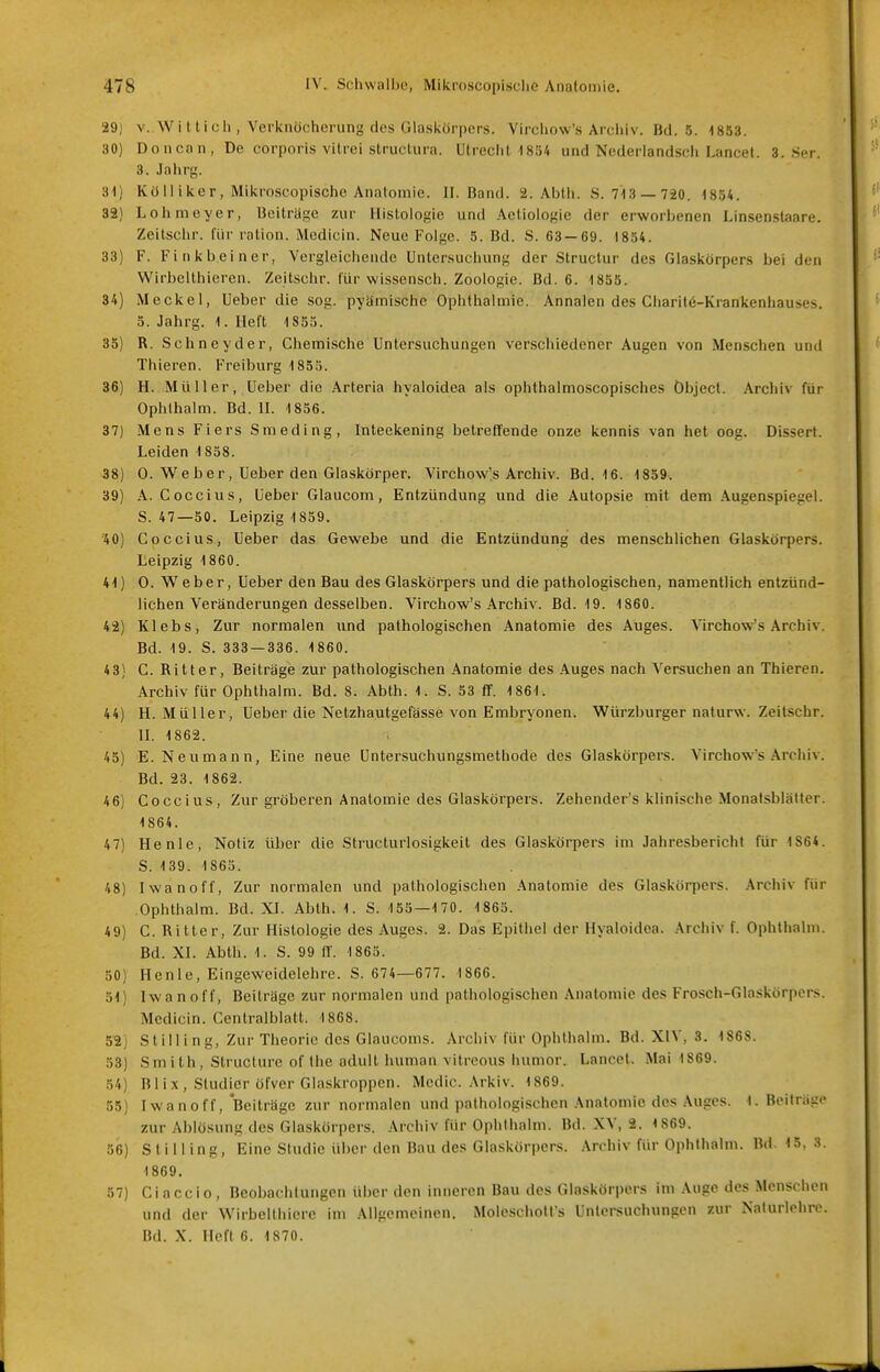 V. Wiltich, Verknü(;hcrung des Gla.skür|)ers. Vircliow's Arcliiv. Bd. 5. ISSa. Doncan, De corporis vilrei slruclura. Utreciil -1854 und Nederlandscli Lancet. 3. Ser. 3. Jahrg. Kölliker, Mikroscopische Anatomie. II. Band. 2. Ablli. S. 713 —720. 1834. Lohnieyer, Beitrage zur Histologie und Aetiologic der erworbenen Linsen.staare. Zeitschr. für ration. Medicin. Neue Folge. 5. Bd. S. 63 — 69. 1854. F. Finkbeiner, Vergleichende Untersuchung der Structur des Glaskörpers bei den Wirbelthieren. Zeitschr. für wissensch. Zoologie. Bd. 6. 1855. Meckel, üeber die sog. pyämische Ophthalmie. Annalen des Charitö-Krankenhauses. 5. Jahrg. 1. Heft 1855. R. Sehneyder, Chemische Untersuchungen verschiedener Augen von Menschen und Thieren. Freiburg 1855. H. Müller, üeber die Arteria hyaloidea als ophthalmoscopisches Öbject. Archiv für Ophlhalm. Bd. II. 1856. Mens Fiers Smeding, Inteekening betreffende onze kennis van het oog. Dissert. Leiden 1858. 0. W^eber, Ueber den Glaskörper. Virchow's Archiv. Bd. 16. 1859. A. Coccius, Ueber Glaucom, Entzündung und die Autopsie mit dem Augenspiegel. S. 47—50. Leipzig 1859. Coccius, Ueber das Gewebe und die Entzündung des menschlichen Glaskörpers. Leipzig 1860. 0. Weber, Ueber den Bau des Glaskörpers und die pathologischen, namentlich entzünd- lichen Veränderungen desselben. Virchow's Archiv. Bd. 19. 1860. Klebs, Zur normalen und pathologischen Anatomie des Auges. Virchow's Archiv. Bd. 19. S. 333 — 386. 1860. C. Ritter, Beiträge zur pathologischen Anatomie des .\uges nach Versuchen an Thieren. Archiv für Ophthalm. Bd. 8. Abth. 1. S. 53 ff. 1861. H. Müller, Ueber die Netzhautgefässe von Embryonen. Würzburger naturw. Zeitschr. II. 1862. E. Neumann, Eine neue Untersuchungsmethode des Glaskörpers. Virchow's Archiv. Bd. 23. 1862. Coccius, Zur gröberen Anatomie des Glaskörpers. Zehender's klinische Monatsblälter. 1864. He nie, Notiz üljer die Structurlosigkeit des Glaskörpers im Jahresbericht für 1864. S. 139. 1863. Iwanoff, Zur normalen und pathologischen Anatomie des Glaskörpers. Archiv für Ophthalm. Bd. XI. Abth. 1. S. 155—170. 1863. C. Ritter, Zur Histologie des Auges. 2. Das Epithel der Hyaloidea. Archiv f. Ophthabn. Bd. XI. Abth. 1. S. 99 IT. 1863. Henle, Eingewcidelehre. S. 674—677. 1866. Iwanoff, Beiträge zur normalen und pathologischen Anatomie des Frosch-Glaskörpers. Medicin. Centralblatt. 1868. Still ing, Zur Theorie des Glaucoms. Archiv für Ophthalm. Bd. XIV, 3. 1868. Smith, Structure of the adult human vitrcous humor. Lancet. Mai 1869. B1 i X , Studier öfver Glaskropi)cn. Mcdic. Arkiv. 1869. Iwanoff, 'Beiträge zur normalen und pathologischen Anatomie des .\uges. 1. Beiträge zur Ablösung des Glaskörpers. Archiv für Ophthalm. Bd. XV, 2. 1869. S ti 11 ing. Eine Studie über den Bau des Glaskörpers. Archiv für Ophthalm. Bd. 15. 3. 1869. Ciaccio, Beobachtungen über den inneren Bau des Glaskörpers im Auge des Menschen und der Wirbelthicrc im Allgemeinen. Mole-schotls Untersuchungen zur Nalurlehre. Bd. X. Heft 6. 1870.