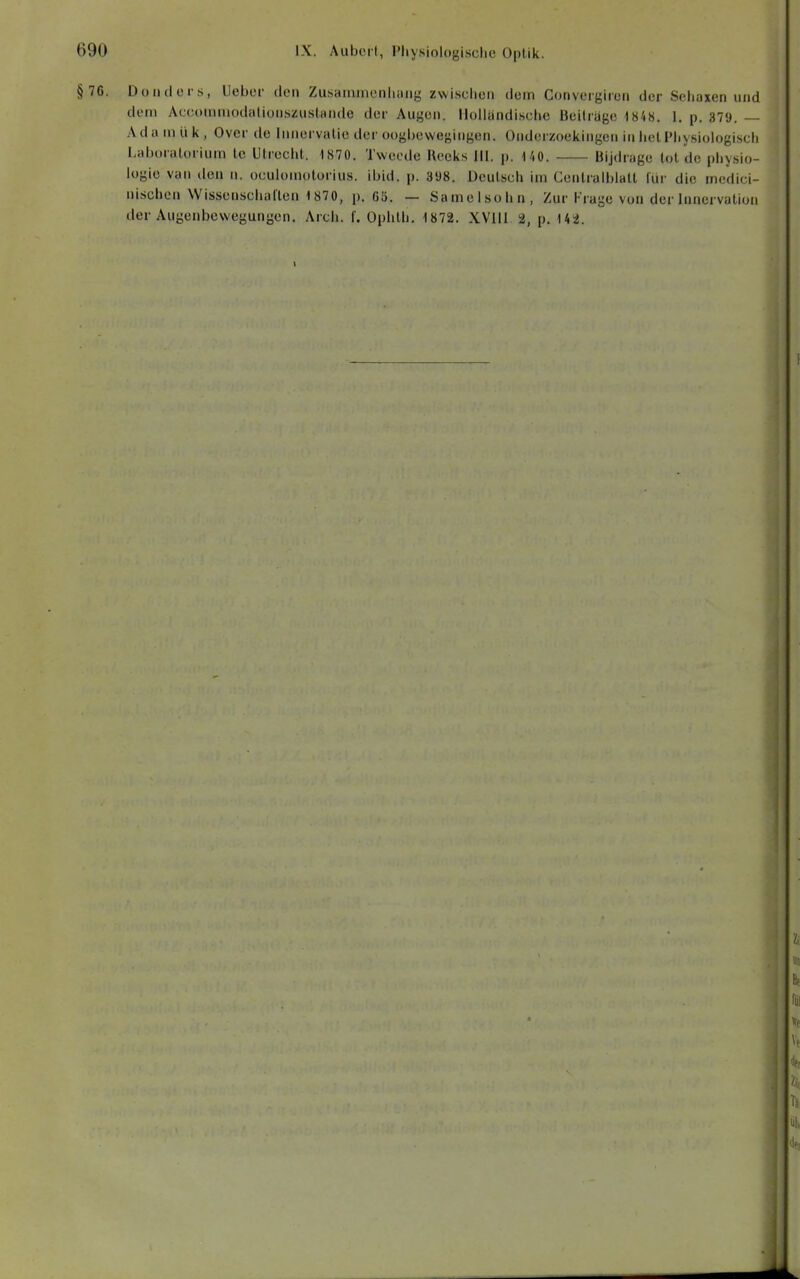 §76. Doiiilors, Ueber den Zusainmonlumi^ zwisclicii dem Convergiron der Sehaxen und düiii Accoiiimodalioiiszusliiiido der Augen. Ilolliindisclic Beiträge 1848. 1. p. 379. — Adainük, Over de Innervalie der ooghewegingen. Onderzoekingeii in hol l'liysiologiscli Laboratorium le Utrecht. 1870. Tweede Hecks III. p. 140. Bijdrage tot de pliy.siü- logie van den n. oculoniolorius. ibid. p. 398. Dcutscli im Cenlralblalt lür die mcdici- niscben Wissensciial'len 1 870, p. 65. — Samolsolm, Zur i-'rage von der Innervation der Augenbewegungen. Arcii. f. Oplilb. 1872. XVlll %, p. \kt. 1