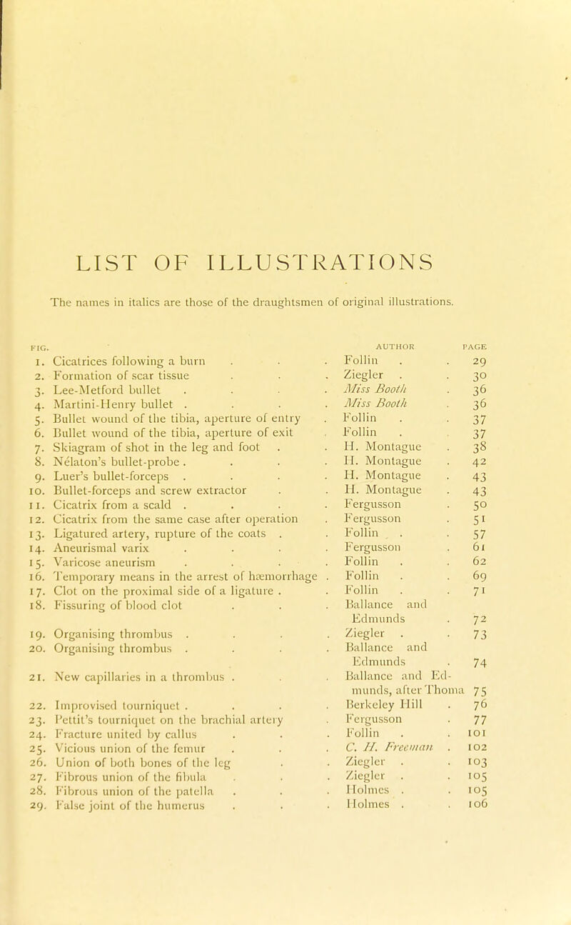 LIST OF ILLUSTRATIONS The names in italics are those of the draughtsmen of original illustrations. FIG. AUTHOR PAGE I. Cicatrices following a burn Follin 29 2. Formation of scar tissue Ziegler 30 3- Lee-Metford bullet . . . . Miss Bootit 36 4- Martini-Henry bullet . . . . A/iss Booth 36 5- Bullet wound of the tibia, aperture of entry Follin 37 6. Bullet wound of the tibia, aperture of exit Follin 37 7- Skiagram of shot in the leg and foot H. Montague 38 8. Nelaton's bullet-probe. . . . FI. Montague 42 9- Luer's bullet-forceps . . . . H. Montague 43 10. Bullet-forceps and screw extractor FI. Montague 43 11. Cicatrix from a scald . . . . Fergusson 50 12. Cicatrix from the same case after operation Fergusson 51 13- Ligatured artery, rupture of the coats . Follin . 57 14. Aneurismal varix . . . . Fergusson 61 15- Varicose aneurism . . . . Follin 62 16. Temporary means in the arrest of ha;morrhage . Follin 69 17- Clot on the proximal side of a ligature . P'ollin 71 18. Fissuring of blood clot Bal lance and Edmunds 72 19. Organising thrombus . . . . Ziegler 73 20. Organising thrombus . . . . Ballance and Edmunds 74 21. New capillaries in a thrombus . Ballance and Ed- munds, after Thonia 75 22. Improvised tourniquet . . . . Berkeley Hill 76 23- Pettit's tourniquet on the brachial arteiy Fergusson 77 24. Fracture united Ijy callus Follin lOI 25- Vicious union of the femur C. H. Frecnian 102 26. Union of botii bones of tlie leg Ziegler 103 27. Fibrous union of the fibula Ziegler 105 28. Fibrous union of the patella Holmes . '05 29. False joint of the humerus Holmes . 106