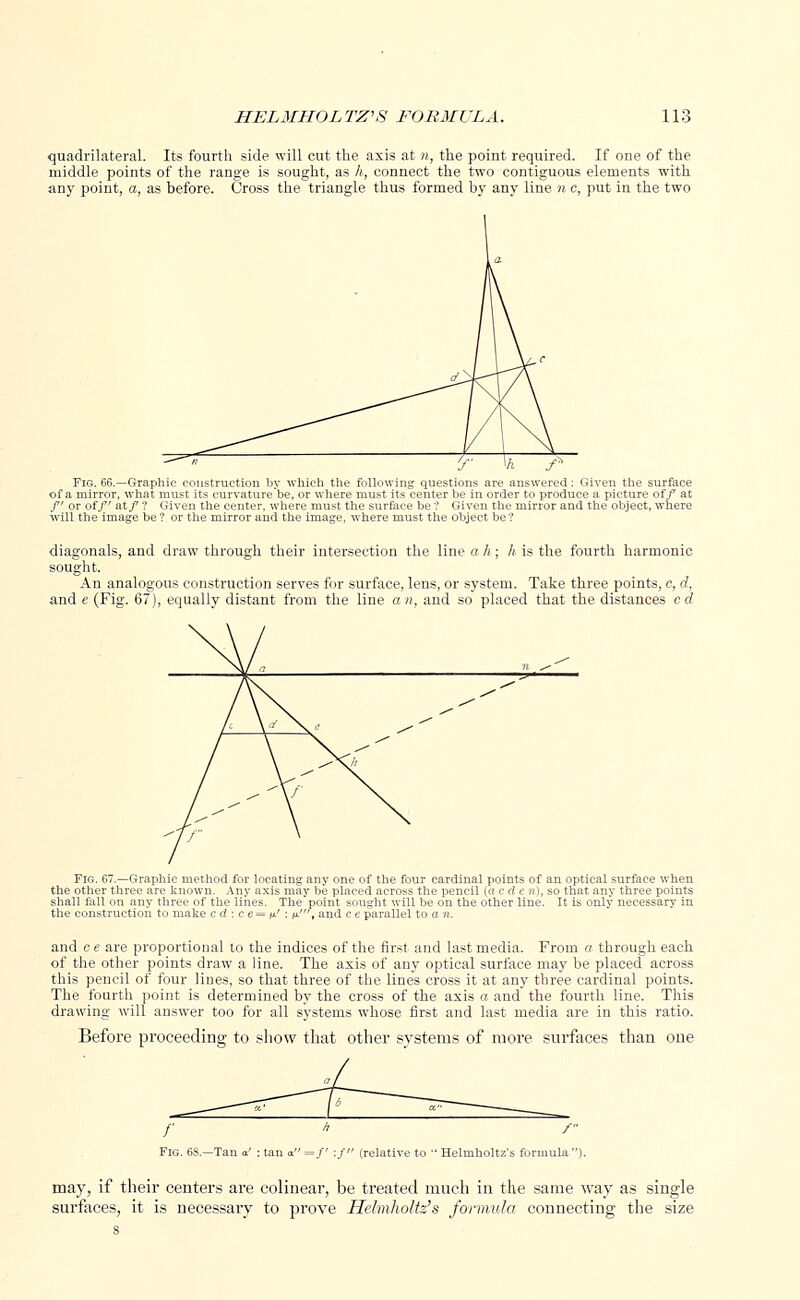 quadrilateral. Its fourth side will cut the axis at n, the point required. If one of the middle points of the range is sought, as h, connect the two contiguous elements with any point, a, as before. Cross the triangle thus formed by any line n c, put in the two Fig. 66.—Graphic construction by which the following: questions are answered: Given the surface of a mirror, what must its curvature be, or where must its center be in order to produce a picture off at /' or of/' at/ ? Given the center, where must the surface be ? Given the mirror and the object, where will the image be ? or the mirror and the image, where must the object be? diagonals, and draw through their intersection the line a h ; h is the fourth harmonic sought. An analogous construction serves for surface, lens, or system. Take three points, e, d, and e (Fig. 67), equally distant from the line an, and so placed that the distances cd Fig. 67.—Graphic method for locating any one of the four cardinal points of an optical surface when the other three are known. Any axis may lie placed across the pencil \<i e d e n), so that any three points shall fall on any three of the lines. The point sought will be on the other line. It is only necessary in the construction to make c d : c e= p.' : is.', and c e parallel to a n. and c e are proportional to the indices of the first and last media. From a through each of the other points draw a line. The axis of any optical surface may be placed across this pencil of four lines, so that three of the lines cross it at any three cardinal points. Tbe fourth point is determined by the cross of the axis a and the fourth line. This drawing will answer too for all systems whose first and last media are in this ratio. Before proceeding to show that other systems of more surfaces than one Fig. 68.—Tan / (relative to  Helmholtz's formula). may, if their centers are colinear, be treated much in the same way as single surfaces, it is necessary to prove Helmholtz's formula connecting the size