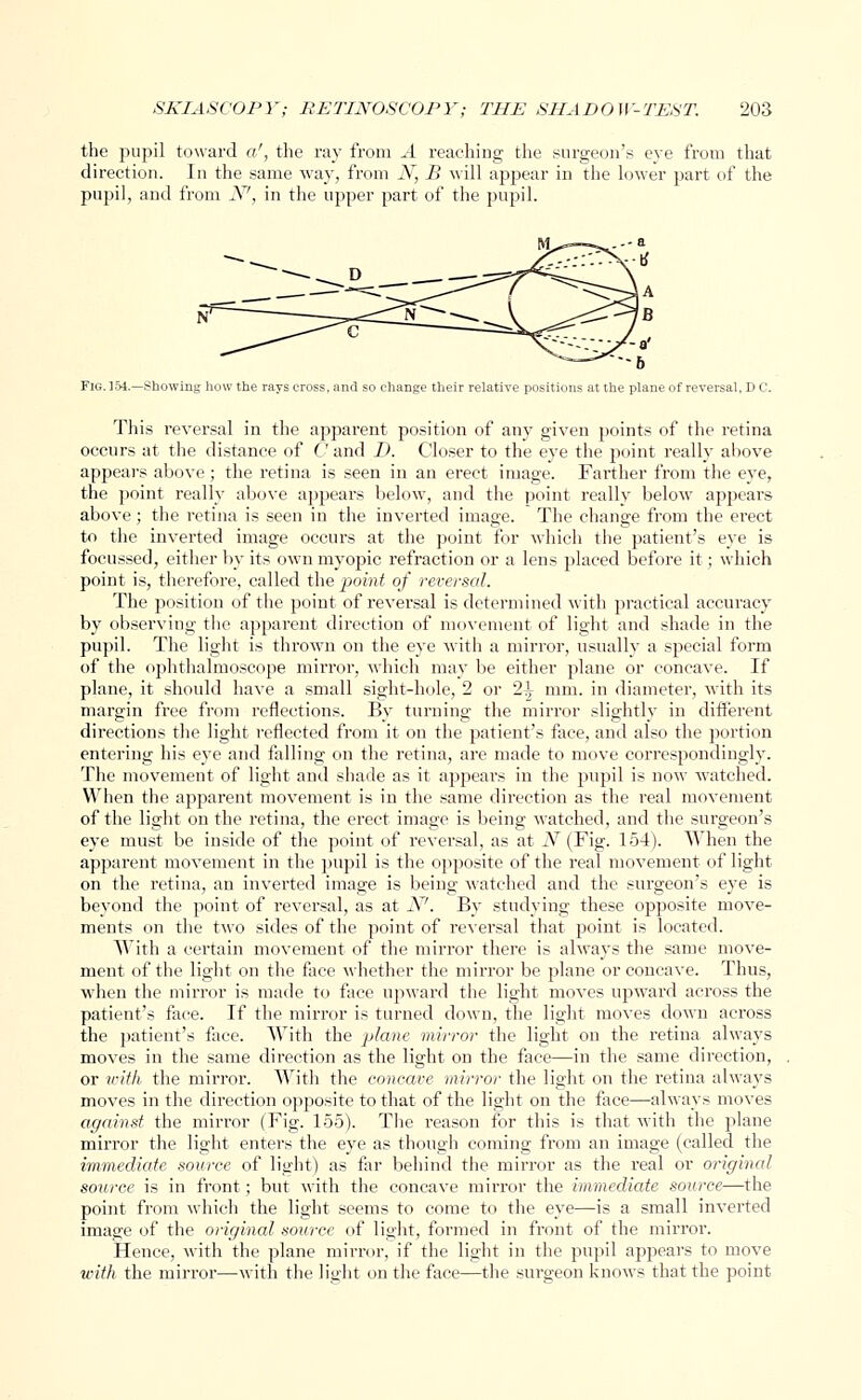 the pupil toward a', the ray from A reaching the surgeon's eye from that direction. In the same way, from N, B will appear in the lower part of the pupil, and from N', in the upper part of the pupil. ~-~~^^^ ^\T---- '~jf~ a' Fig. 154.—Showing how the rays cross, and so change their relative positions at the plane of reversal, DC. This reversal in the apparent position of any given points of the retina occurs at the distance of C and D. Closer to the eye the point really above appears above; the retina is seen in an erect image. Farther from the eye, the point really above appears below, and the point really below appears above; the retina is seen in the inverted image. The change from the erect to the inverted image occurs at the point for which the patient's eye is focussed, either by its own myopic refraction or a lens placed before it; which point is, therefore, called the point of reversal. The position of the point of reversal is determined with practical accuracy by observing the apparent direction of movement of light and shade in the pupil. The light is thrown on the eye with a mirror, usually a special form of the ophthalmoscope mirror, which may be either plane or concave. If plane, it should have a small sight-hole, 2 or 21 mm. in diameter, with its margin free from reflections. By turning the mirror slightly in different directions the light reflected from it on the patient's face, and also the portion entering his eye and falling on the retina, are made to move correspondingly. The movement of light and shade as it appears in the pupil is now watched. When the apparent movement is in the same direction as the real movement of the light on the retina, the erect image is being watched, and the surgeon's eye must be inside of the point of reversal, as at N (Fig. 154). When the apparent movement in the pupil is the opposite of the real movement of light on the retina, an inverted image is being watched and the surgeon's eye is beyond the point of reversal, as at N'. By studying these opposite move- ments on the two sides of the point of reversal that point is located. With a certain movement of the mirror there is always the same move- ment of the light on the face whether the mirror be plane or concave. Thus, when the mirror is made to face upward the light moves upward across the patient's face. If the mirror is turned down, the light moves down across the patient's face. With the jjfeie mirror the light on the retina always moves in the same direction as the light on the face—in the same direction, or with the mirror. With the concave mirror the light on the retina always moves in the direction opposite to that of the light on the face—always moves against the mirror (Fig. 155). The reason for this is that with the plane mirror the light enters the eye as though coming from an image (called the immediate source of light) as far behind the mirror as the real or original source is in front; but with the concave mirror the immediate source—the point from which the light seems to come to the eye—is a small inverted image of the original source of light, formed in front of the mirror. Hence, with the plane mirror, if the light in the pupil appears to move with the mirror—with the light on the face—the surgeon knows that the point