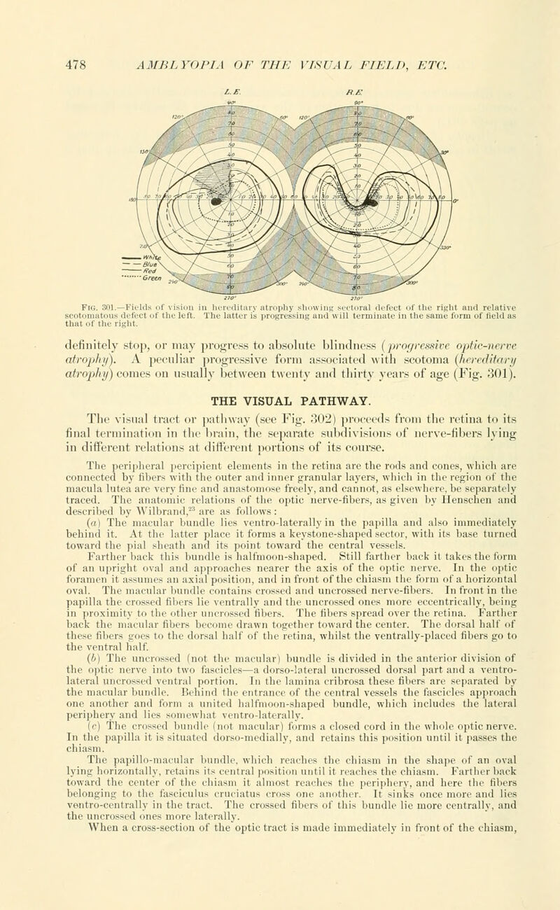 Fig. 301.—Fields of vision in hereditar; atrophy showing sectoral defect <>i the right and relative sec,I it..11- .It.d of the left. The latter is progressing and will terminate in the same form of Held as that of the right. definitely stop, or may progress to absolute blindness [progressive optic-nerve atrophy). A peculiar progressive form associated with scotoma (hereditary atrophy) comes on usually between twenty and thirty years of age (Fig. 30]). THE VISUAL PATHWAY. The visual tract or pathway (see Fig. 302) proceeds from the retina to its final termination in the brain, the separate subdivisions of nerve-fibers lying in different relations at different portions of its course. The peripheral percipient elements in the retina are the rods and cones, which are connected by fibers with the outer and inner granular layers, which in the region of the macula lutea are very fine and anastomose freely, and cannot, as elsewhere, be separately traced. The anatomic relations of the optic nerve-fibers, as given by Henschen and described by Wilbrand,23 are as follows: (a) The macular bundle lies ventro-latcrally in the papilla and also immediately behind it. At the latter place it forms a keystone-shaped sector, with its base turned toward the pial sheath and its point toward the central vessels. Farther back this bundle is halfmoon-sbaped. Still farther back it takes the form of an upright oval and approaches nearer the axis of the optic nerve. In the optic foramen it assumes an axial position, and in front of the chiasm the form of a horizontal oval. The macular bundle contains crossed and uncrossed nerve-fibers. In front in the papilla the crossed fibers lie ventrally and the uncrossed ones more eccentrically, being in proximity to the other uncrossed fibers. The fibers spread over the retina. Farther back the macular libers become drawn together toward the center. The dorsal half of these fibers goes to the dorsal half of the retina, whilst the ventrally-placed fibers go to the ventral half. (b) The uncrossed (not the macular) bundle is divided in the anterior division of the optic nerve into two fascicles—a dorso-lateral uncrossed dorsal part and a ventro- lateral uncrossed ventral portion. In the lamina cribrosa these fibers are separated by the macular bundle. Behind the entrance of the central vessels the fascicles approach one another and form a united halfmoon-shaped bundle, which includes the lateral periphery and lies somewhat ventro-latcrally. (c) The crossed bundle (not macular) forms a closed cord in the whole optic nerve. In the papilla it is situated dorso-medially, and retains this position until it passes the chiasm. The papillo-macular bundle, which reaches the chiasm in the shape of an oval lying horizontally, retains its central position until it reaches the chiasm. Farther back toward the center of the chiasm it almost reaches the periphery, and here the fibers belonging to the fasciculus cruciatus cross one another. It >inks once more and lies ventro-centrally in the tract. The crossed fibers of this bundle lie more centrally, and the uncrossed ones more laterally. When a cross-section of the optic tract is made immediately in front of the chiasm,