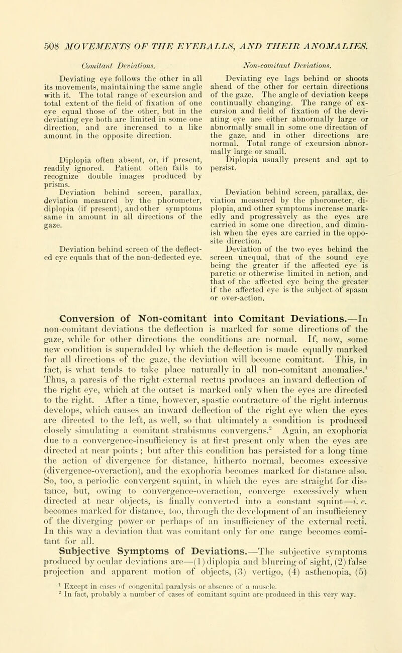 Comitant Deviations. Non-comitant Deviations. Deviating eye follows the other in all Deviating eye lags behind or shoots its movements, maintaining the same angle ahead of the other for certain directions with it. The total range of excursion and of the gaze. The angle of deviation keeps total extent of the field of fixation of one continually changing. The range of ex- eye equal those of the other, but in the cursion and field of fixation of the devi- deviating eye both are limited in some one ating eye are either abnormally large or direction, and are increased to a like abnormally small in some one direction of amount in the opposite direction. the gaze, and in other directions are normal. Total range of excursion abnor- mally large or small. Diplopia often absent, or, if present, Diplopia usually present and apt to readily ignored. Patient often fails to persist, recognize double images produced by prisms. Deviation behind screen, parallax, Deviation behind screen, parallax, de- deviation measured by the phorometer, viation measured by the phorometer, di- diplopia (if present), and other symptoms plopia, and other symptoms increase mark- same in amount in all directions of the edly and progressively as the eyes are gaze. carried in some one direction, and dimin- ish when the eyes are carried in the oppo- site direction. Deviation behind screen of the deflect- Deviation of the two eyes behind the ed eye equals that of the non-deflected eye. screen unequal, that of the sound eye being the greater if the affected eye is paretic or otherwise limited in action, and that of the affected eye being the greater if the affected eye is the subject of spasm or over-action. Conversion of Non-comitant into Comitant Deviations.—In non-comitant deviations the deflection is marked for some directions of the gaze, while for other directions the conditions are normal. If, now, some new condition is superadded by which the deflection is made equally marked for all directions of the gaze, the deviation will become comitant. This, in fact, is what tends to take place naturally in all non-comitant anomalies.1 Thus, a paresis of the right external rectus produces an inward deflection of the right eye, which at the outset is marked only when the eyes are directed to the right. After a time, however, spastic contracture of the right interims develops, which causes an inward deflection of the right eve when the eyes are directed to the left, as well, so that ultimately a condition is produced closely simulating a comitant strabismus convergens.2 Again, an exophoria due to a convergence-insufficiency is at first present only when the eyes are directed at near points; but after this condition has persisted for a long time the action of divergence for distance, hitherto normal, becomes excessive (divergence-overaction), and the exophoria becomes marked for distance also. So, too, a periodic convergent squint, in which the eyes are straight for dis- tance, but, owing to convergence-overaction, converge excessively when directed at near objects, is finally converted into a constant squint—i. <: becomes marked for distance, too, through the development of an insufficiency of the diverging power or perhaps of an insufficiency of the external recti. In this way a deviation that was comitant only for one range becomes comi- tant for all. Subjective Symptoms of Deviations.—The subjective symptoms produced by ocular deviations are—(l)diplopia and blurring of sight, (2) false projection and apparent motion of objects, (3) vertigo, (4) asthenopia, (•>) 1 Except in cases of congenital paralysis or absence of a muscle. 2 In fact, probably a number of cases of comitant squint are produced in this very way.