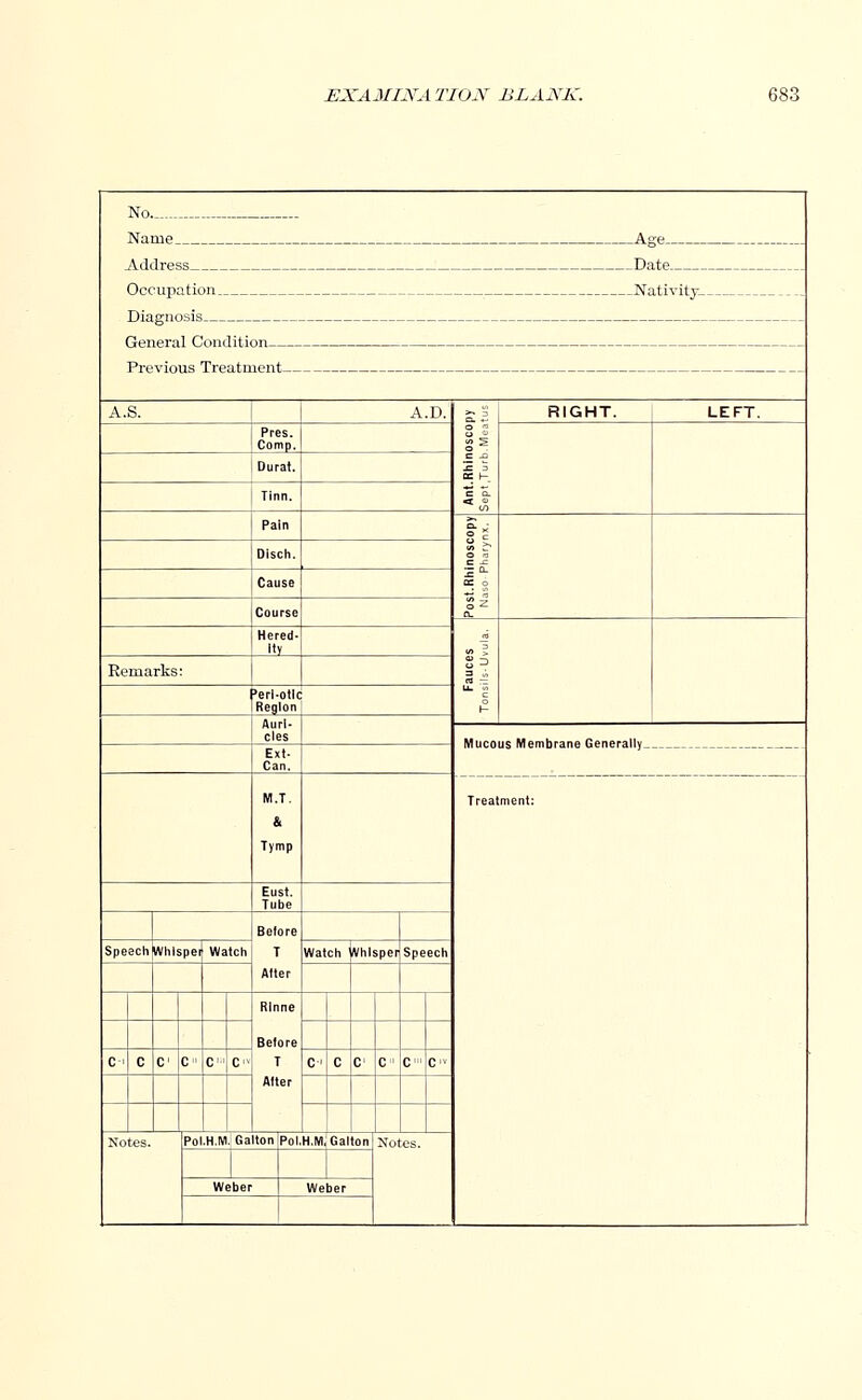 No Na Ne itivitj A.S. A.D. 1 s < « RIGHT. LEFT. Pres. Comp. Durat. Tinn. Pain a: 6 a. Dlsch. Cause Course S 3 Hered- ity Remarks: =>erl-otlc Region Auri- cles Mucous Mer ibrane Generally Ext- Can. M.T. & Tymp Treatment: Eust. Tube Before T Alter Speech Whlspe Watch Watch Whisper Speech Rlnne Before T After C C C C Cm C C-' C C C C'« Civ Notes. Pol.H.M.'Galton Pol.H.M Galton Notes. Weber Weber