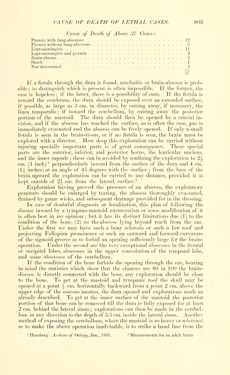 Cause of Death of Above 37 Cases: Pyemia with lung-abscesses 12 Pyemia without lung-abscesses 5 Leptomeningitis 11 Leptomeningitis and pyemia 3 Brain-abscess 2 Shock 1 Not determined 3 If a fistula through the dura is found, arachnitis or brain-abscess is prob- able; to distinguish which is present is often impossible. If the former, the case is hopeless ; if the latter, there is a possibility of cure. If the fistula is toward the cerebrum, the dura should be exposed over an extended surface, if possible, as large as 3 cm. in diameter, by cutting away, if necessary, the linea temporalis; if toward the cerebellum, by cutting away the posterior portion of the mastoid. The dura should then be opened by a crucial in- cision, and if the abscess has reached the surface, as is often the case, pus is immediately evacuated and the abscess can be freely opened. If only a small fistula is seen in the brain-tissue, or if no fistula is seen, the brain must be explored with a director. How deep this exploration can be carried without injuring specially important parts is of great consequence. These special parts are the anterior, inferior, and posterior horns, the lenticular nucleus, and the inner capsule ; these can be avoided by confining the exploration to 2\ cm. (1 inch)' perpendicularly inward from the surface of the dura and 4 cm. (1-^ inches) at an angle of 45 degrees with the surface; from the base of the brain upward the exploration can be carried to any distance, provided it is kept outside of 2-J- cm. from the lateral surface.2 Exploration having proved the presence of an abscess, the exploratory puncture should be enlarged by tearing, the abscess thoroughly evacuated, drained by gauze wicks, and subsequent drainage provided for in the dressing. In case of doubtful diagnosis or localization, this plan of following the disease inward by a tympano-mastoid exenteration or some modification of it is often best in my opinion ; but it has its distinct limitations due (1) to the condition of the bone, (2) to the abscess lying beyond reach from the ear. Under the first we may have such a bony sclerosis or such a low roof and projecting Fallopian prominence or such an outward and forward curvature of the sigmoid groove as to forbid an opening sufficiently large for the brain- operation. Under the second are the very exceptional abscesses in the frontal or occipital lobes, abscesses in the upper convolution of the temporal lobe, and some abscesses of the cerebellum. If the condition of the bone forbids the opening through the ear, bearing in mind the statistics which show that the chances are 80 in 100 the brain- disease is directly connected with the bone, any exploration should be close to the bone. To get at the mastoid and tympanic roof the skull may be opened at a point \ cm. horizontally backward from a point 2 cm. above the upper edge of the osseous meatus, the dura opened and explorations made as already described. To get at the inner surface of the mastoid the posterior portion of that bone can be removed till the dura is fully exposed for at least 2 cm. behind the lateral sinus; explorations can then be made in the cerebel- lum in any direction to the depth of 3.5 cm. inside the lateral sinus. Another method of exposing the cerebellum, where the mastoid is so heavy or sclerosed as to make the above operation inadvisable, is to strike a basal line from the 1 Hansberg: Archives of Otology, Jan., 1S95. 2 Measurements for an adult brain