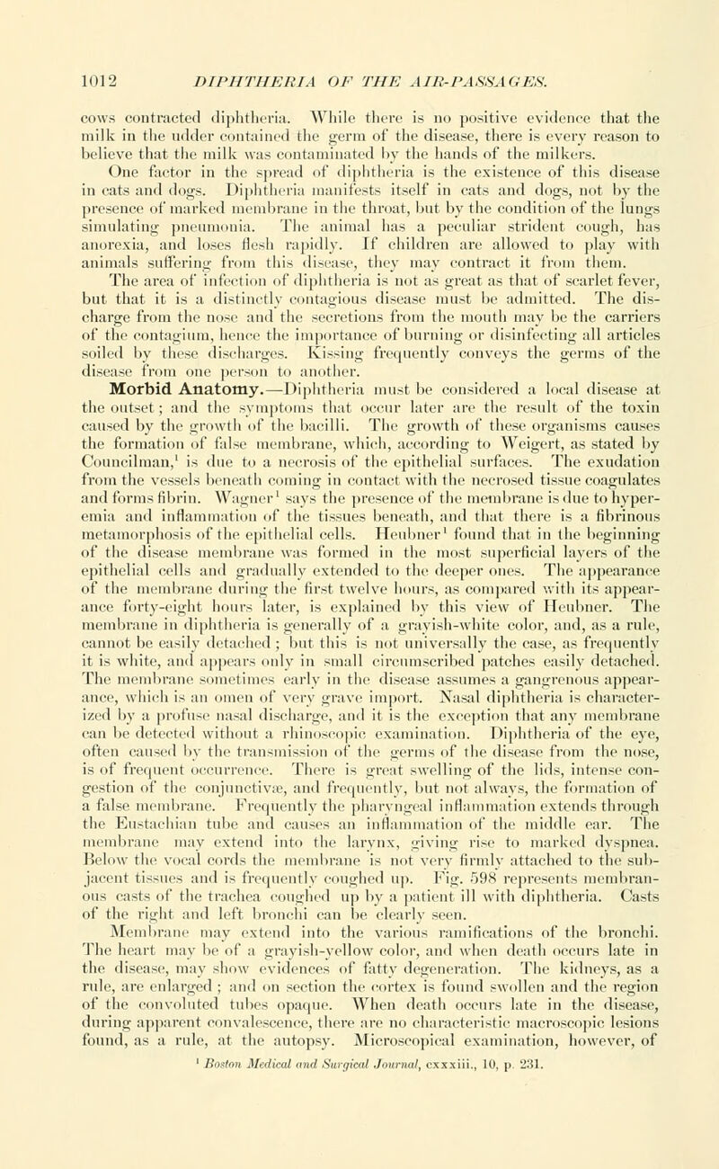 cows contracted diphtheria. While there is no positive evidence that the milk in the udder contained the germ of the disease, there is every reason to believe that the milk was contaminated by the hands of the milkers. One factor in the spread of diphtheria is the existence of this disease in cats and dogs. Diphtheria manifests itself in cats and dogs, not by the presence of marked membrane in the throat, but by the condition of the lungs simulating pneumonia. The animal has a peculiar strident cough, has anorexia, and loses flesh rapidly. If children are allowed to play with animals suffering from this disease, they may contract it from them. The area of infection of diphtheria is not as great as that of scarlet fever, but that it is a distinctly contagious disease must be admitted. The dis- charge from the nose and the secretions from the mouth may be the carriers of the contagium, hence the importance of burning or disinfecting all articles soiled by these discharges. Kissing frequently conveys the germs of the disease from one person to another. Morbid Anatomy.—Diphtheria must be considered a local disease at the outset ; and the symptoms that occur later are the result of the toxin caused by the growth of the bacilli. The growth of these organisms causes the formation of false membrane, which, according to Weigert, as stated by Councilman,' is due to a necrosis of the epithelial surfaces. The exudation from the vessels beneath coming in contact with the necrosed tissue coagulates and forms fibrin. Wagner1 says the presence of the membrane is due to hyper- emia and inflammation of the tissues beneath, and that there is a fibrinous metamorphosis of the epithelial cells. Heubner1 found that in the beginning of the disease membrane was formed in the most superficial layers of the epithelial cells and gradually extended to the deeper ones. The appearance of the membrane during the first twelve hours, as compared with its appear- ance forty-eight hours later, is explained by this view of Heubner. The membrane in diphtheria is generally of a grayish-white color, and, as a rule, cannot be easily detached ; but this is not universally the case, as frequently it is white, and appears only in small circumscribed patches easily detached. The membrane sometimes early in the disease assumes a gangrenous appear- ance, which is an omen of very grave import. Nasal diphtheria is character- ized by a profuse nasal discharge, and it is the exception that any membrane can be detected without a rhinoscopic examination. Diphtheria of the eye, often caused by the transmission of the serins of the disease from the nose, is of frequent occurrence. There is great swelling of the lids, intense con- gestion of the conjunctivae, and frequently, hut not always, the formation of a false membrane. Frequently the pharyngeal inflammation extends through the Eustachian tube and causes an inflammation of the middle ear. The membrane may extend into the larynx, giving rise to marked dyspnea. Below the vocal cords the membrane is not very firmly attached to the sub- jacent tissues and is frequently coughed up. Fig. 598 represents membran- ous casts of the trachea coughed up by a patient ill with diphtheria. Casts of the right and left bronchi can be clearly seen. Membrane may extend into the various ramifications of the bronchi. The heart may be of a grayish-yellow color, and when death occurs late in the disease, may show evidences of fatty degeneration. The kidneys, as a rule, are enlarged ; and on section the cortex is found swollen and the region of the convoluted tubes opaque. When death occurs late in the disease, during apparent convalescence, there are no characteristic macroscopic lesions found, as a rule, at the autopsy. Microscopical examination, however, of 1 Boston Medical and Surgical Journal, exxxiii., 10, p. 231.