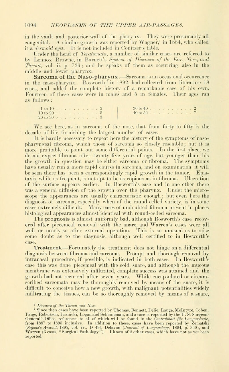 in the vault and posterior wall of the pharynx. They were presumably all congenital. A .similar growth was reported by Wagner,' in 1884, who called it a dermoid eyst. Tt is not included in Conitzer's table. Under the head of Teratomata, a number of similar cases are referred to by Lennox Browne, in Burnett's System of Diseases of the Ear, Nose, and Throat, vol. ii. p. 721! ; and lie speaks of them as occurring also in the middle and lower pharynx. Sarcoma of the Naso-pharynx.—Sarcoma is an occasional occurrence in the naso-pharynx. Bosworth,2 in 1X92, had collected from literature 18 cases, and added the complete history of a remarkable case of his own. Fourteen of these cases were in males and 5 in females. Their age- ran as follows : 1 to 10 2 I 30 to 40 2 10 to 20 5 40 to 50 7 20 to 30 .• 3 We see here, as in sarcoma of the nose, that from forty to fifty is the decade of life furnishing the largest number of cases. It is hardly necessary to repeat here the history of the symptoms of naso- pharyngeal fibroma, which those of sarcoma so closely resemble; but it is more profitable to point out some differential points. In the first place, we do not expect fibroma after twenty-five years of age, but younger than this the growth in question may be either sarcoma or fibroma. The symptoms have usually run a more rapid course in sarcoma, and on examination it will be seen there has been a correspondingly rapid growth in the tumor. Epis- taxis, while as frequent, is not apt to be as copious as in fibroma. Ulceration of the surface appears earlier. In Bosworth's case and in one other there was a general diffusion of the growth over the pharynx. Under the micro- scope the appearances are usually characteristic enough ; but even here the diagnosis of sarcoma, especially when of the round-celled variety, is in some cases extremely difficult. Many cases of undoubted fibroma present in places histological appearances almost identical with round-celled sarcoma. The prognosis is almost uniformly bad, although Bosworth's case recov- ered after piecemeal removal with the snare, and Warren's cases were all well or nearly so after external operation. This is so unusual as to raise some doubt as to the diagnosis, although well certified to in Bosworth's case. Treatment.—Fortunately the treatment does not hinge on a differential diagnosis between fibroma and sarcoma. Prompt and thorough removal by intranasal procedure, if possible, is indicated in both cases. In Bosworth's case this was done piecemeal with the cold snare, and although the mucous membrane was extensively infiltrated, complete success was attained and the growth had not recurred after seven years. While encapsulated or circum- scribed sarcomata may be thoroughly removed by means of the snare, it is difficult to conceive how a new growth, with malignant potentialities widely infiltrating the tissues, can be so thoroughly removed by means of a snare, 1 Diseases of the Throat and Nose. 3 Since then cases have been reported by Thomas, Bennett, Delie, Lange, Mclntyre, Cohen, Paige, Robertson, Iwanicki, Logan and Scheineman, and a case is reported by the IT. S. Surgeon- General's Office, references to all of which will be found in the Centralblalt fur Laryngologie, from 1887 to 1895 inclusive. In addition to these, cases have been reported by Zcinatski {Sajous's Annual, 1895, vol. iv., D 49), Delavan {Journal of Laryngology, 1894, p. 3(10), and Warren (3 cases,  Surgical Pathology ). I know of 2 other cases, which have not as yet been reported.