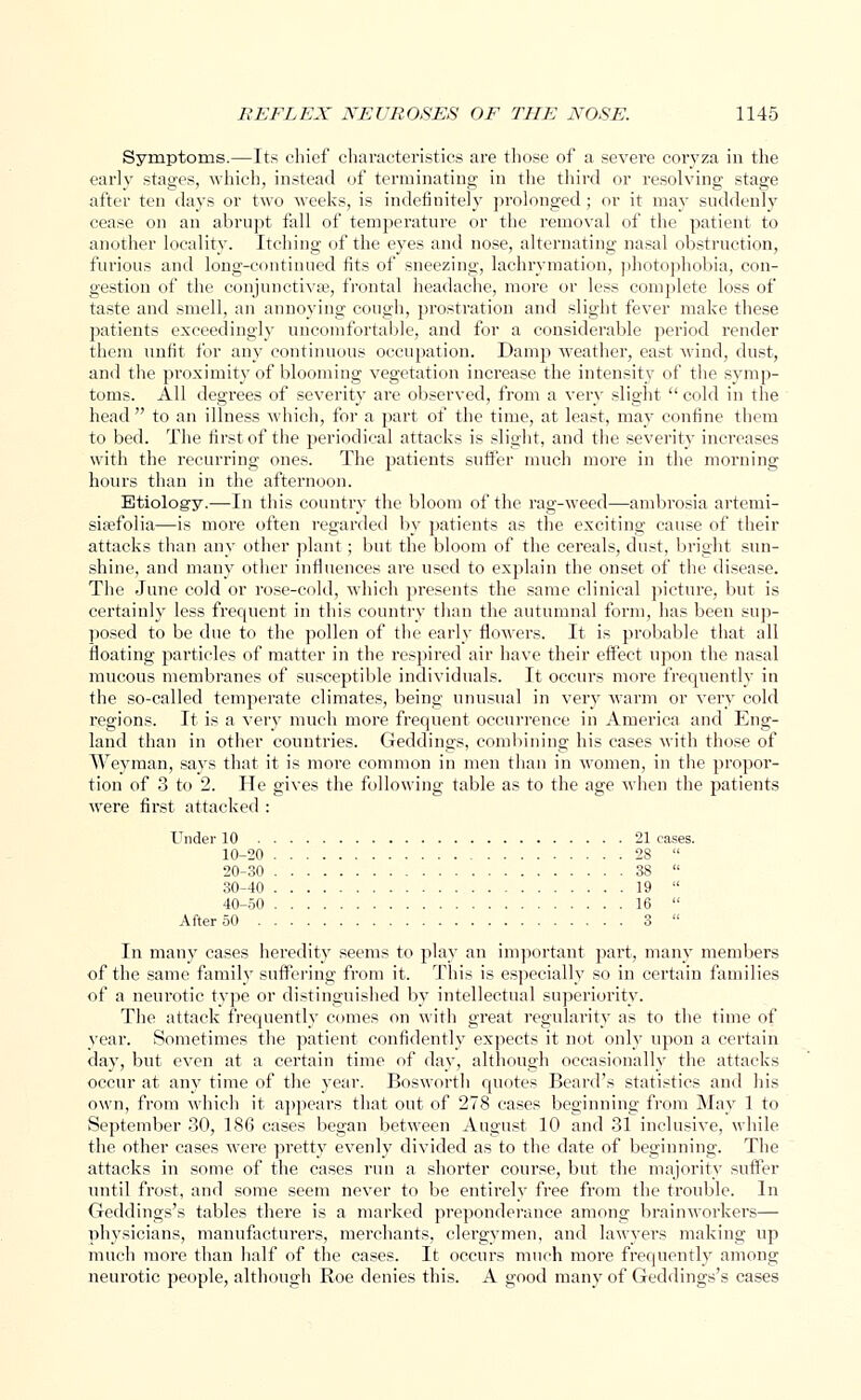 Symptoms.—Its chief characteristics are those of a severe coryza in the early stages, which, instead of terminating in the third or resolving stage after ten days or two weeks, is indefinitely prolonged ; or it may suddenly cease on an abrupt fall of temperature or the removal of the patient to another locality. Itching of the eyes and nose, alternating nasal obstruction, furious anil long-continued fits of sneezing, lachrymation, photophobia, con- gestion of the conjunctivae, frontal headache, more or less complete loss of taste and smell, an annoying cough, prostration and slight fever make these patients exceedingly uncomfortable, and for a considerable period render them unfit for any continuous occupation. Damp weather, east wind, dust, and the proximity of blooming vegetation increase the intensity of the symp- toms. All degrees of severity are observed, from a very slight  cold in the head to an illness which, for a part of the time, at least, may confine them to bed. The first of the periodical attacks is slight, and the severity increases with the recurring ones. The patients suffer much more in the morning hours than in the afternoon. Etiology.—In this country the bloom of the rag-weed—ambrosia artemi- siaefolia—is more often regarded by patients as the exciting cause of their attacks than any other plant; but the bloom of the cereals, dust, bright sun- shine, and many other influences are used to explain the onset of the disease. The June cold or rose-cold, which presents the same clinical picture, but is certainly less frequent in this country than the autumnal form, has been sup- posed to be due to the pollen of the early flowers. It is probable that all floating particles of matter in the respired air have their effect upon the nasal mucous membranes of susceptible individuals. It occurs more frequently in the so-called temperate climates, being unusual in very warm or very cold regions. It is a very much more frequent occurrence in America and Eng- land than in other countries. Geddings, combining his cases with those of Weyman, says that it is more common in men than in women, in the propor- tion of 3 to 2. He gives the following table as to the age when the patients were first attacked : Under 10 21 cases. 10-20 28  20-30 38  30-40 19  40-50 16  After 50 3  In many cases heredity seems to play an important part, many members of the same family suffering from it. This is especially so in certain families of a neurotic type or distinguished by intellectual superiority. The attack frequently comes on with great regularity as to the time of year. Sometimes the patient confidently expects it not only upon a certain day, but even at a certain time of day, although occasionally the attacks occur at any time of the year. Bosworth quotes Beard's statistics and his own, from which it appears that out of 278 cases beginning from May 1 to September 30, 186 cases began between August 10 and 31 inclusive, while the other cases were pretty evenly divided as to the date of beginning. The attacks in some of the cases run a shorter course, but the majority suffer until frost, and some seem never to be entirely free from the trouble. In Geddings's tables there is a marked preponderance among brainworkers— physicians, manufacturers, merchants, clergymen, and lawyers making up much more than half of the cases. It occurs much more frequently among neurotic people, although Roe denies this. A good many of Geddings's cases