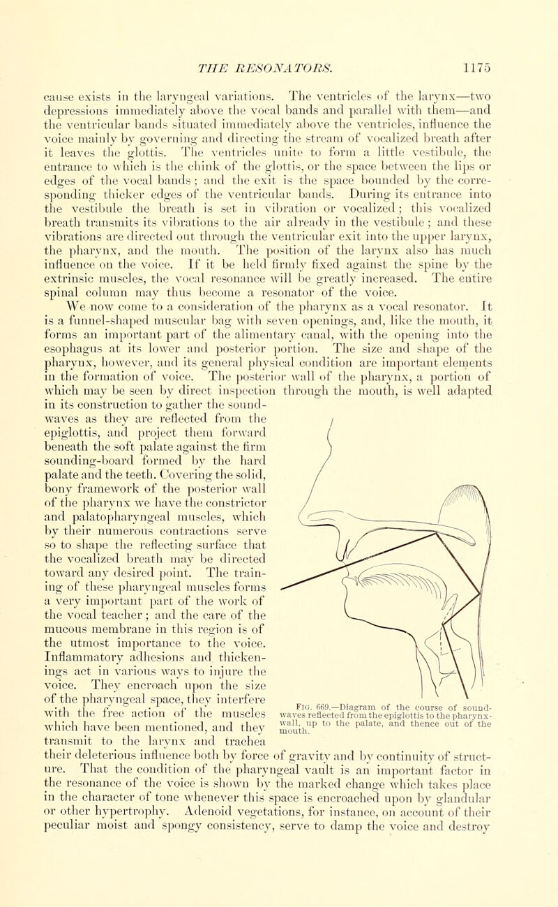 cause exists in the laryngeal variations. The ventricles of the larynx—two depressions immediately above the vocal bands and parallel with them—and the ventricular bands situated immediately above the ventricles, influence the voice mainly by governing and directing the stream of vocalized breath after it leaves the glottis. The ventricles unite to form a little vestibule, the entrance to which is the chink of the glottis, or the space between the lips or edges of the vocal bands ; and the exit is the space bounded by the corre- sponding thicker edges of the ventricular bands. During its entrance into the vestibule the breath is set in vibration or vocalized; this vocalized breath transmits its vibrations to the air already in the vestibule ; and these vibrations are directed out through the ventricular exit into the upper larynx, the pharynx, and the mouth. The position of the larynx also has much influence on the voice. If it be held firmly fixed against the spine by the extrinsic muscles, the vocal resonance will be greatly increased. The entire spinal column may thus become a resonator of the voice. We now come to a consideration of the pharynx as a vocal resonator. It is a funnel-shaped muscular bag with seven openings, and, like the mouth, it forms an important jjart of the alimentary canal, with the opening into the esophagus at its lower and posterior portion. The size and shape of the pharynx, however, and its general physical condition are important elements in the formation of voice. The posterior wall of the pharynx, a portion of which may be seen by direct inspection through the mouth, is well adapted in its construction to gather the sound- waves as they are reflected from the epiglottis, and project them forward beneath the soft palate against the Arm sounding-board formed by the hard palate and the teeth. Covering the solid, bony framework of the posterior wall of the pharynx we have the constrictor and palatopharyngeal muscles, which by their numerous contractions serve so to shape the reflecting surface that the vocalized breath may be directed toward any desired point. The train- ing of these pharyngeal muscles forms a very important part of the work of the vocal teacher; and the care of the mucous membrane in this region is of the utmost importance to the voice. Inflammatory adhesions and thicken- ings act in various ways to injure the voice. They encroach upon the size of the pharyngeal space, they interfere with the free action of the muscles which have been mentioned, and they transmit to the larynx and trachea their deleterious influence both by force of gravity and by continuity of struct- ure. That the condition of the pharyngeal vault is an important factor in the resonance of the voice is shown by the marked change which takes place in the character of tone whenever this space is encroached upon by glandular or other hypertrophy. Adenoid vegetations, for instance, on account of their peculiar moist and spongy consistency, serve to damp the voice and destroy Fig. 669—Diagram of the course of sound- waves reflected from the epiglottis to the pharynx- wall, up to the palate, and thence out of the mouth.