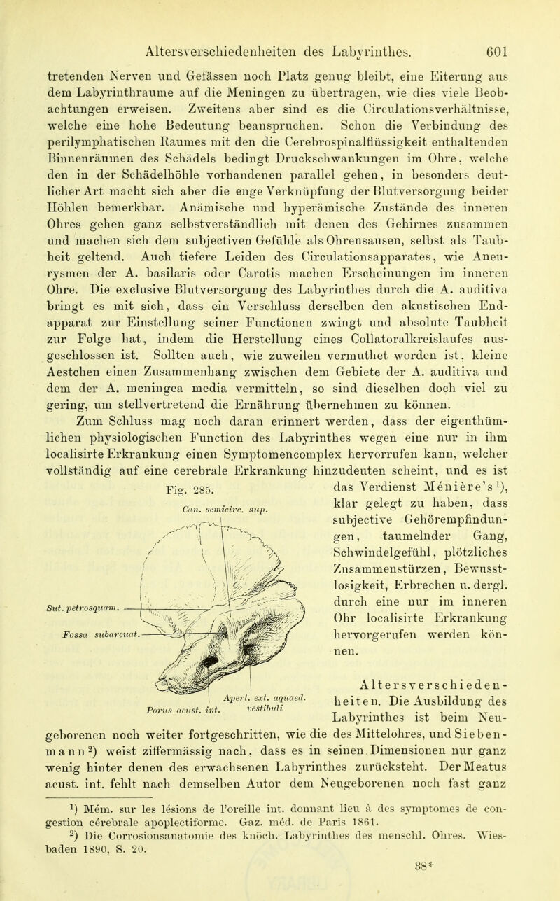 tretenden Nerven und Gefässen noch Platz genug bleibt, eine Eiterung aus dem Labyrinthraume auf die Meningen zu übertragen, wie dies viele Beob- achtungen erweisen. Zweitens aber sind es die Circulationsverhältnisse, welche eine hohe Bedeutung beanspruchen. Schon die Verbindung des perilymphatischen Raumes mit den die Cerebrospinalflüssigkeit enthaltenden Binnenräumen des Schädels bedingt Druckschwankungen im Ohre, welche den in der Schädelhöhle vorhandenen parallel gehen, in besonders deut- licher Art mocht sich aber die enge Verknüpfung der Blutversorgung beider Höhlen bemerkbar. Anämische und hyperämische Zustände des inneren Ohres gehen ganz selbstverständlich mit denen des Gehirnes zusammen und machen sich dem subjectiven Gefühle als Ohrensausen, selbst als Taub- heit geltend. Auch tiefere Leiden des Circulationsapparates, wie Aneu- rysmen der A. basilaris oder Carotis machen Erscheinungen im inneren Ohre. Die exclusive Blutversorgung des Labyrinthes durch die A. auditiva bringt es mit sich, dass ein Verschluss derselben den akustischen End- apparat zur Einstellung seiner Functionen zwingt und absolute Taubheit zur Folge hat, indem die Herstellung eines Collatoralkreislaufes aus- geschlossen ist. Sollten auch, wie zuweilen vermuthet worden ist, kleine Aestchen einen Zusammenhang zwischen dem Gebiete der A. auditiva und dem der A. meningea media vermitteln, so sind dieselben doch viel zu gering, um stellvertretend die Ernährung übernehmen zu können. Zum Schluss mag noch daran erinnert werden, dass der eigenthüm- lichen physiologischen Function des Labyrinthes wegen eine nur in ihm localisirte Erkrankung einen Symptomencomplex hervorrufen kann, welcher vollständig auf eine cerebrale Erkrankung hinzudeuten scheint, und es ist das Verdienst Meniere's1), klar gelegt zu haben, dass subjective Gehörempfindun- gen , taumelnder Gang, Schwindelgefühl, plötzliches Zusammenstürzen, Bewusst- losigkeit, Erbrechen u. dergl. durch eine nur im inneren Ohr localisirte Erkrankung hervorgerufen werden kön- nen. Altersverschieden- heiten. Die Ausbildung des Labyrinthes ist beim Neu- geborenen noch weiter fortgeschritten, wie die des Mittelohres, und Sieben- mann2) weist ziffermässig nach, dass es in seinen Dimensionen nur ganz wenig hinter denen des erwachsenen Labyrinthes zurücksteht. DerMeatus acust. int. fehlt nach demselben Autor dem Neugeborenen noch fast ganz 1) Mem. sur les lesions de l'oreille int. donnant lieu ä des symptomes de con- gestion cerebrale apoplectiforme. Gaz. med. de Paris 1861. 2) Die CoiTOsionsanatomie des knöch. Labyrinthes des menschl. Ohres. Wies- baden 1890, vS. 20. 38* Fig. 285. Can. semicirc. sup. Sut.petrosquam. ——< Fossa subarcuat. Poms acust. int. vestibuli