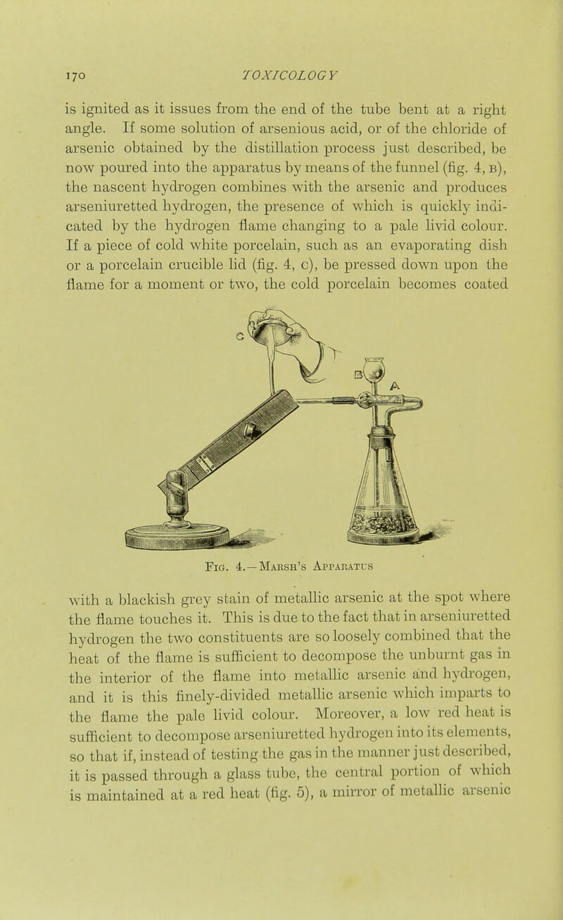 is ignited as it issues from the end of the tube bent at a right angle. If some solution of arsenious acid, or of the chloride of arsenic obtained by the distillation process just described, be now poured into the apparatus by means of the funnel (fig. 4, b), the nascent hydrogen combines with the arsenic and produces arseniuretted hydrogen, the presence of which is quickly indi- cated by the hydrogen flame changing to a pale livid colour. If a piece of cold white porcelain, such as an evaporating dish or a porcelain crucible lid (fig. 4, c), be pressed down upon the flame for a moment or two, the cold porcelain becomes coated Fig. 4. —Maksh's AppAnATus with a blackish grey stain of metallic arsenic at the spot where the flame touches it. This is due to the fact that in arseniuretted hydrogen the two constituents are so loosely combined that the heat of the flame is suflicient to decompose the unburnt gas in the interior of the flame into metallic arsenic and hydrogen, and it is this finely-divided metallic arsenic which imparts to the flame the pale livid colour. Moreover, a low red heat is sufficient to decompose arseniuretted hydrogen into its elements, so that if, instead of testing the gas in the manner just described, it is passed through a glass tube, the central portion of which is maintained at a red heat (fig. 5), a mirror of metalhc arsenic