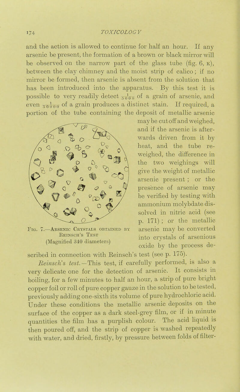 and the action is allowed to continue for half an hour. If any arsenic be present, the formation of a brown or black mirror will be observed on the narrow part of the glass tube (fig. 6, k), between the clay chimney and the moist strip of calico; if no mirror be formed, then arsenic is absent from the solution that has been introduced into the apparatus. By this test it is possible to very readily detect -oVo of a grain of arsenic, and even 770 iriro of a grain produces a distinct stain. If required, a portion of the tube containing the deposit of metallic arsenic maybe cutoff and weighed, and if the arsenic is after- wards driven from it by heat, and the tube re- weighed, the difference in the two weighings will give the weight of metallic arsenic present ; or the presence of arsenic may be verified by testing with ammonium molybdate dis- solved in nitric acid (see p. 171) ; or the metallic arsenic may be converted into crystals of arsenious oxide by the process de- Ftg. 7.—Arsenic Crystals obtained by Eeinsch's Test (Magnified 340 diameters) scribed in connection with Eeinsch's test (see p. 175). Eeinsch's test. —This test, if carefully performed, is also a very delicate one for the detection of arsenic. It consists in boihng, for a few minutes to half an hour, a strip of pure bright copper foil or roll of pure copper gauze in the solution to be tested, previously adding one-sixth its volume of pure hydrochloric acid. Under these conditions the metalhc arsenic deposits on the surface of the copper as a dark steel-grey film, or if in minute quantities the film has a purplish colour. The acid liquid is then poured off, and the strip of copper is washed repeatedly with water, and dried, firstly, by pressure between folds of filter-