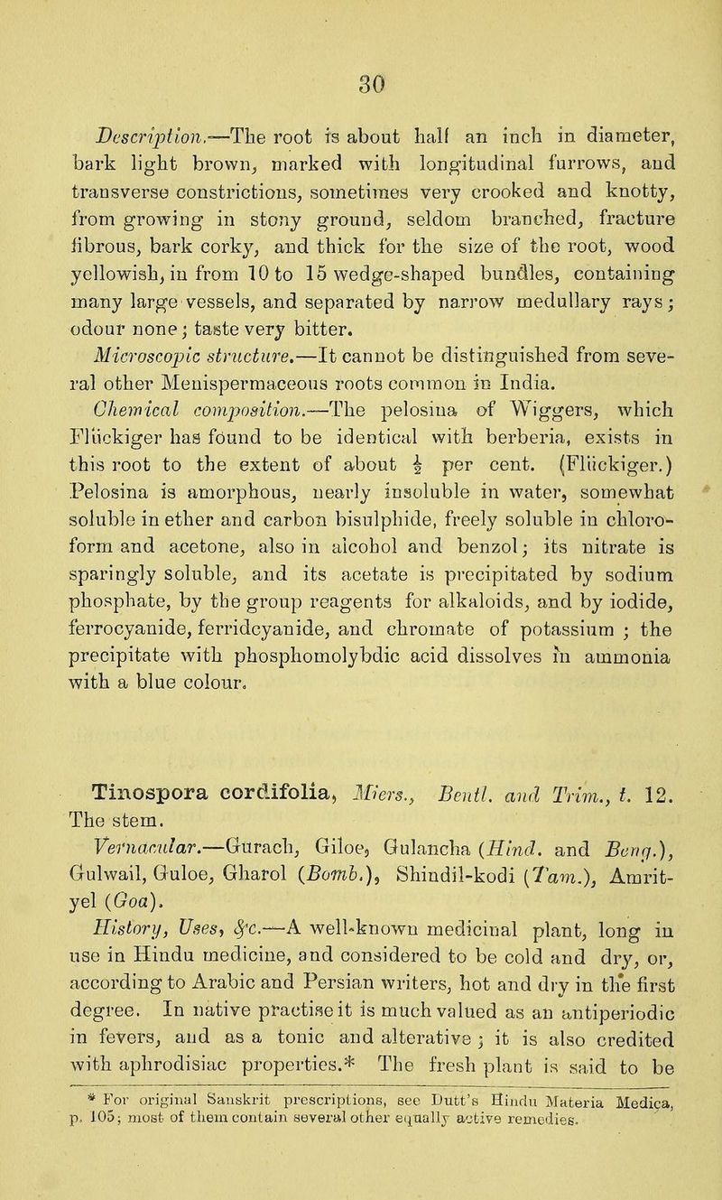 Descrijjtion.—The root is about half an inch in diameter, bark light brown^ marked with longitudinal furrows, and transverse constrictions, sometimes very crooked and knotty, from growing in stony ground, seldom branched, fracture fibrous, bark corky, and thick for the size of the root, wood yellowish, in from 10 to 15 wedge-shaped bundles, containing many large vessels, and separated by narrow medullary rays; odour none; taste very bitter. Microscopic structure,—It cannot be distinguished from seve- ral other Menispermaceous roots common in India. Chemical composition,—The pelosina of Wiggers, which Fllickiger has found to be identical with berberia, exists in this root to the extent of about \ per cent. (Fllickiger.) Pelosina is amorphous, nearly insoluble in water, somewhat soluble in ether and carbon bisulphide, freely soluble in chloro- form and acetone, also in alcohol and benzol; its nitrate is sparingly soluble, and its acetate is precipitated by sodium phosphate, by the group reagents for alkaloids, and by iodide, ferrocyanide, ferridcyanide, and chromate of potassium ; the precipitate with phosphomolybdic acid dissolves m ammonia with a blue colour. Tinospora cordifolia^ Miers., Bcntl. and Trim., t. 12. The stem. Vernacular.—Gumch, Giloej Gulancha {Hind, and Bericj.), G-ulwail, Guloe, Gharol (Bomb.)^ Shindil-kodi (7aw,), Amrit- yel (Goa). History, Uses^ 8fc.—K well-known medicinal plant, long in use in Hindu medicine, and considered to be cold and dry, or, according to Arabic and Persian writers, hot and dry in tlie first degree. In native practise it is much valued as an antiperiodic in fevers, and as a tonic and alterative • it is also credited with aphrodisiac properties.* The fresh plant is said to be * For original Sanskrit prescriptions, see Dutt's Hindu Materia Medica^ p. 105; most of tliem contain several other eiitially active remedies.