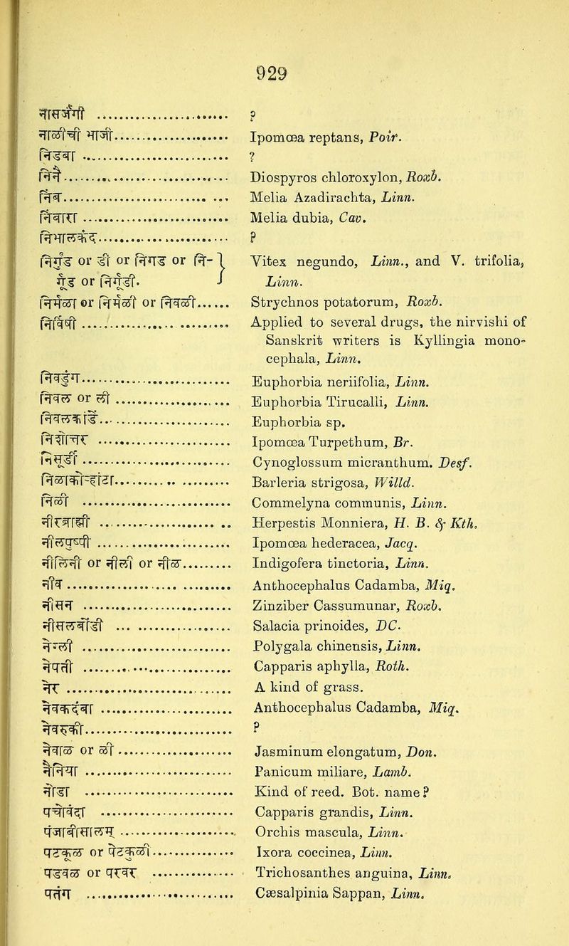 m^rfi w pr^^r R-^ pRrrr R->Trrr5h^ (^^^ or t{ or f^r[^ or 4^ or KJt;§?. r%^ST or KHojT or f^of^T... Rft^T r^^fJT R^cT or ^ff R-^rT^rt..- f^f r^rr M^T#r f^cs-[^rajr Rf^t ^mm , jfrf^Ht or ^frT? or ?rrc5 ?ri^T^ ?fwc5-fr^T ^c^-? ^q^! ^ ^^^^r %^^r ^^roS or st q^rt^ qsrrfr^ffrs-iT qsr^oS or q'^f c5l q-^^c? or p Ipomoea reptans, Poir. ? Diospyros chloroxylon, Roxh. Melia Azadirachta, Linn. Melia dubia, Cav, ? Vitex negundo. Linn., and V. trifoliaj Linn. Strychnos potatorum, Roxb. Applied to several drugs, the nirvishi of Sanskrit writers is Kyllingia mono- cephala, Linn, Euphorbia neriifolia, Linn. Euphorbia Tirucalli, Linn. Euphorbia sp. IpomcEa Turpethum, Br. Cynoglossum micranthum. Desf. Barleria strigosa, Willd. Commelyna communis, Linn. Herpestis Monniera, H. B. Sf Kth, Ipomoea hederacea, Jacq. Indigofera tinctoria. Linn. Anthocephalus Cadamba, Miq. Zinziber Cassumunar, Roxh. Salacia prinoides, DC Pol^^gala chinensis, Linn. Capparis aphylia, Roth. A kind of grass. Anthocephalus Cadamba, Miq> ? Jasminum elongatum, Don. Panicum miliare, Lamb. Kind of reed. Bot. name? Capparis grandis, Linn. Orchis mascula, Linn. Ixora coccinea, Limi. Trichosanthes anguina. Linn, Csesalpinia Sappan, Linn,