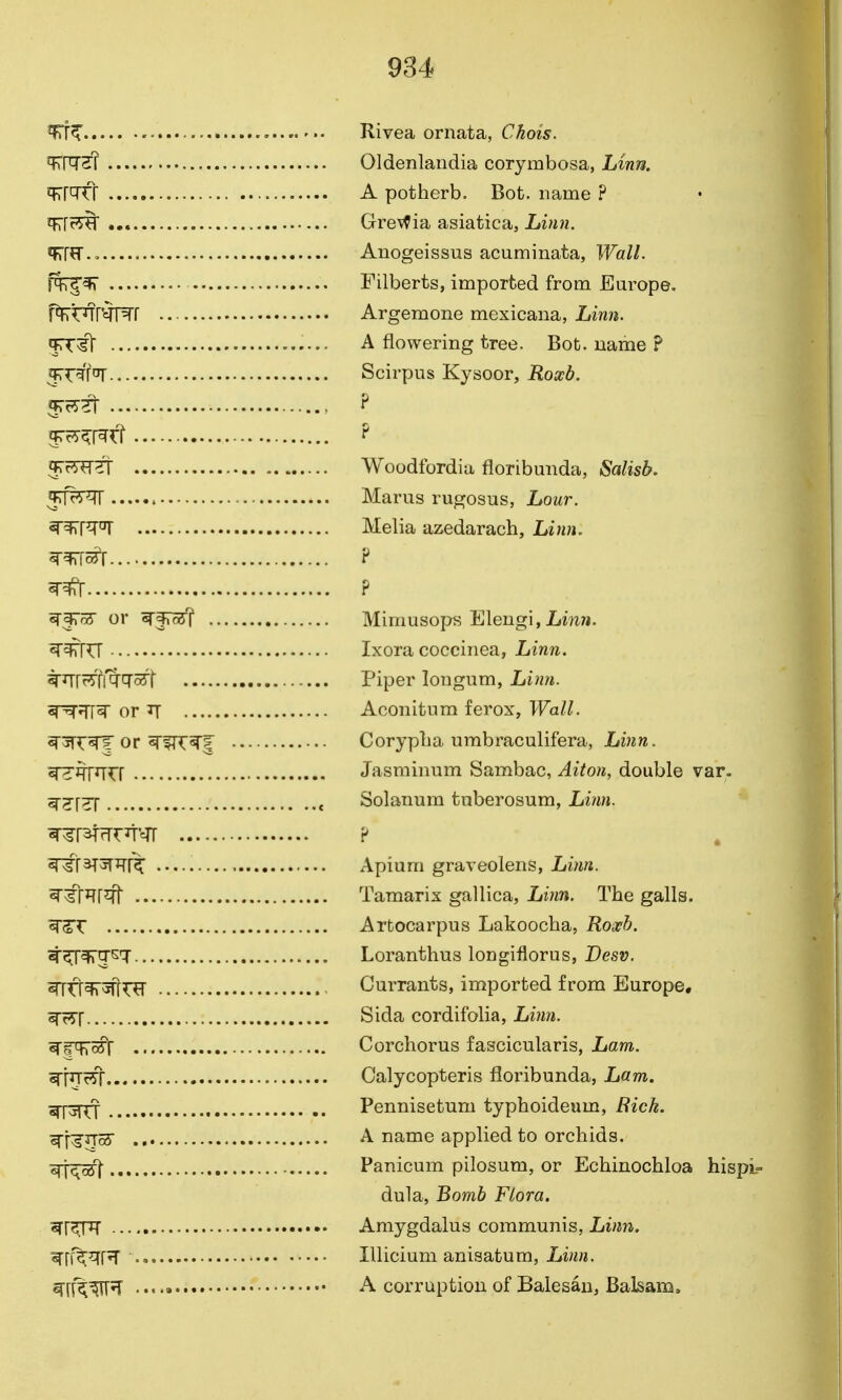 Rivea ornata, Chois. ^nrST Oldenlandia corymbosa, Linn. ^\^t\ A potherb. Bot. name ? iFff'J^ •.. GrevPia asiatica, hinn. »Frrfr.. Anogeissus acuminata, Wall. RT^^ Filberts, imported from Europe. f^t^rOr^r Argemone mexicana, Linn. ^TT^ A flowering tree. Bot. name ? ^Xil^ Scirpus Kysoor, Roxb, ^f7?t , ? ^Tr^^r^r? ? ^rFSTTTf Woodfordia floribunda, Salisb. ^TRW Marus rugosus, Lour. Melia azedarach. Linn. ^^-^\ ? ? ^fToS or cTfTSff Mimusops Elengi,Lm;*. ^^rn Ixora coccinea, Linn. ^'^\'^\\^^'<^\ Piper longum. Linn. «nr?rr^ or Aconitum ferox. Wall. ^vj1<6if or ^UT^f CorypLa umbraculifera, Lm». ^^nrr Jasminum Sambac, Aiton, double var. ^2f37 , Solanum tuberosum. Linn. P ^r^ST^rr^ Apium graveolens, Linn. ^^RF^ Tamarix gallica, Linn. The galls. Artocarpus Lakoocha, Roxb. ^^^q-sq- Loranthus longiflorus, Desv. ^Vi^x^TM Currants, imported from Europe. ■s^\ Sida cordifolia, Linn. ^iTfTcS^r Corchorus fascicularis, Lam. ^fij^r Calycopteris floribunda, Lam. ■^\^(\ Pennisetum typhoideum, Rich. ^j-:jrrsr A name applied to orchids. 6^i<^c(i7 Panicum pilosum, or Echinochloa hispi- dula, Bomb Flora. ^r^R Amygdalus communis, Linn. ^n^^R lUicium anisatum, Linn. ^\\^^^ • A corruption of Balesau, Balsam,