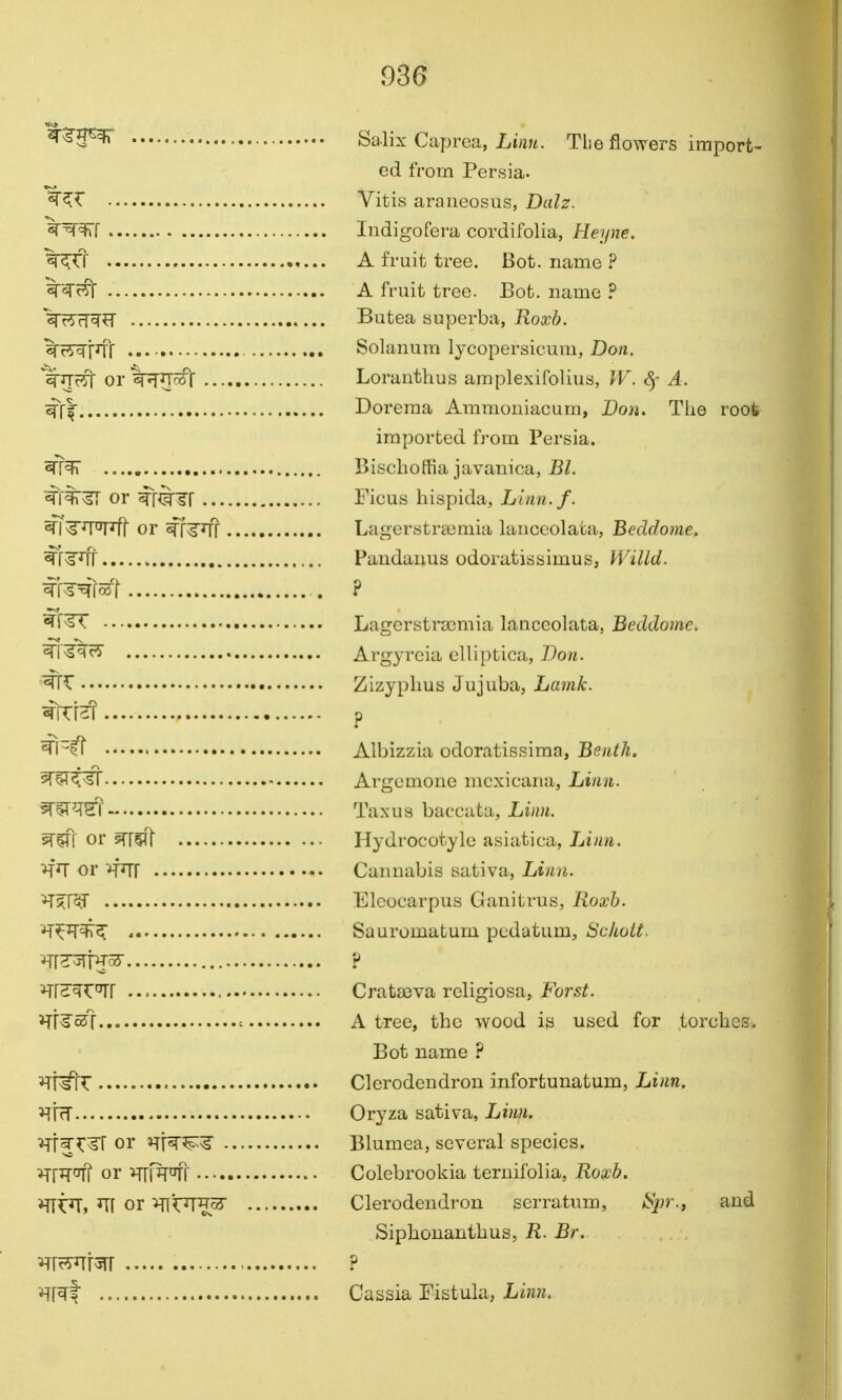 ^^5^ Salix Caprea, Lm«. Tlie flowers import- ed from Persia. Vitis araueosus, Dalz. ^^^r Indigofera cordifolia, Heyne. A fruit tree. Bot. name P '^^c?f A fruit tree. Bot. name ? \t^r[^^ Butea superba, Roxb. ^rS^Rf Solanum lyeopersicum, Z)o/i. '^JJrfr or%?f{r^f Lorantlius amplexifolius, IV. A. ■^[^ Doreraa Ammoniacum, Don. The root imported fj-om Persia. Biscliolfia javanica, Bl. ^1%^ or ^r^§T Ficus hispida, Llnn.f. ^I^^PT^fl or ^f^ry? Lagerstrajmia lanceolata, Beddome. ^r^^ff Paudauus odoratissimus, WiUd. ^r^^^fc^T ? ^S^^ LagcrstraDmia lanceolata, Beddome. ^r^^^ Argyreia clliptica, Bon. Zizyphus Jujuba, Lamk. ^RTfHT p Aibizzia odoratissima, Benth. ^^^^ - Argomone mexicana, Linn. Tax us baccata. Linn. sT^ff or Hydrocotylc asiatica, Linn. '^^ or ^frrr Cannabis sativa, Linn. ■*Tr^RU Elcocarpus Ganitrus, Roxh. Hi^^^^ Sauromatum pedatum, Schott. iTT^nj^ mz^X^l Crata3va religiosa, Fors^. HF^oST c A tree, the wood is used for torches. Bot name ? ^r^tr • Clerodendron infortunatum, Linn. HFcT Oryza sativa, Liwi. ^r^^:^r or nr^^^ Blumea, several species. JTR^T or ^[rrqt Colebrookia ternifolia, Roxb. *Tft^, or ^'^TT^^ Clerodendron serratum, ^pr.j and Siphonanthus, R. Br. ^Ir^iTRr ? HrI Cassia Fistula, Lmw.