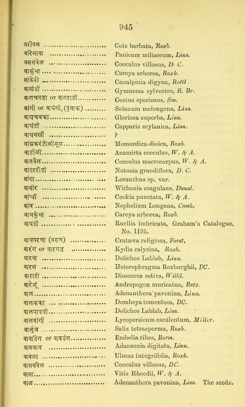 ^^T^^ Coix barbata, Eoii?5. ^rt^rr^r Panicum miliaceum> Lin7i. ^^^^^ ' Cocculua villosus, D. C. ^^^^ Carej^a arborea, Roxb. ^^^^^ C^salpinia digyiia, Rottl ^['^^T Gymnema sylvestre, R. Br. ^[iT^T^r or WrST costus speciosus, Sm. ^Rf or ^p4Tf(^(fcTr^) Solanum melongena, Linn. ^r^T^^^r Gloriosa superba, Linn. ^r^H? Capparis zeylanica, Linn. ^m^m ? ^f^r^t^'fcdt'TcS Momordica^dioica, Roxb. ^rSTcSt Anamirta cocculus, W. Sf A. m^^^ Cocculus macrocarpus, W. ^ A. Notonia graiidiflora, D. C. ^r^r Loranthus sp. var. ^RIT Withania coagulans, Dunal. ^^q? Cookia punctata, fr. ^ ^. .....e jNephelium Longana, Camb. ^rJhF Careya arborea, Roxb. ^mzt Euellia imbricata, Graham's Catalogue, No. 1195. ^mr^r (^^^) Cratseva religiosa, Forst, or qfRTT^ Kydia calycina, Roxb. ^IT^r Dolichos Lablab, Linn. ^rr^ Heteropliragma Roxburgliii, J}C ^fnCr Dioscorea sativa, Willd. ^K^^ Andropogon muricatus, Retz. Adenanthera'pavoniiia, Linn. ^frS'^'Fr Dombeya tomentosa, DC. cffHTfT^r Dolichos Lablab, Linn. q-frj-^fiff Lycopersicum esculentum, Miller. Salix tetrasperma, Roxb. ^RrlrJT or qrr^^^ Embelia ribes, Burm. , Adansonia digitata, Liw??. ^\o(c^[ Ulmus integrifolia, Roxb. Cocculus villosus, DC. q-f^r... Vitis Rheedii, W. Sf A. ^rc2^........r Adenanthera pavonina, Lm. The seeds.