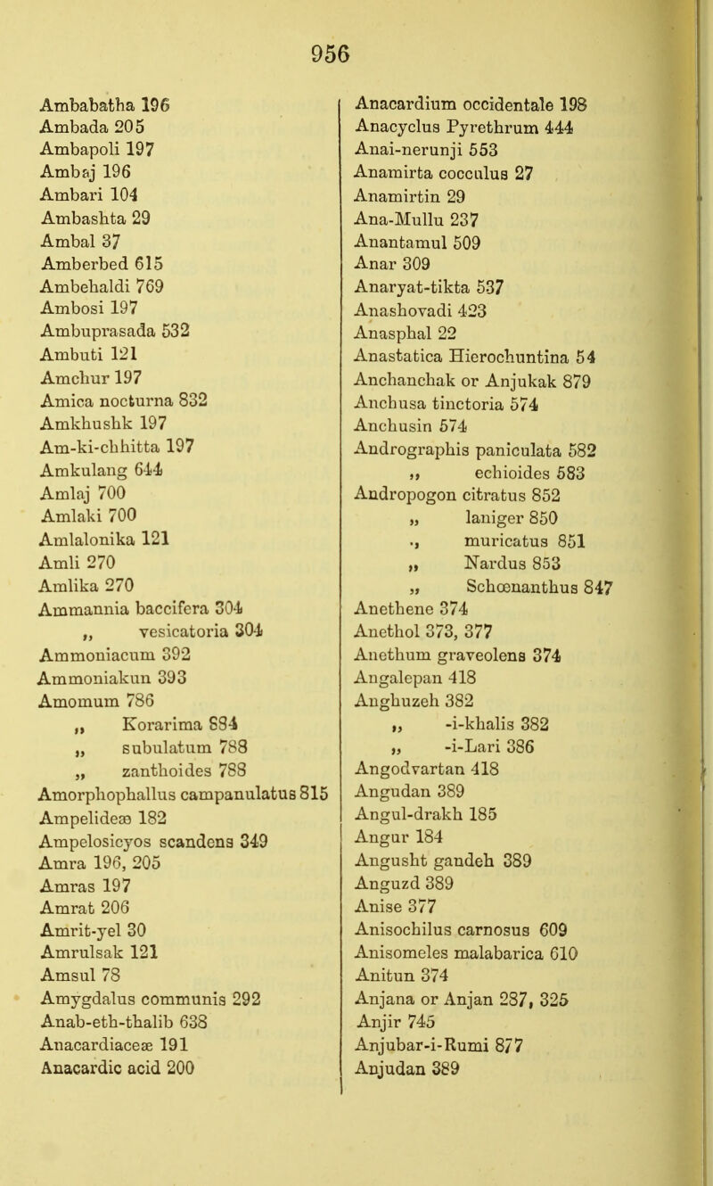 Ambabatha 196 Ambada 205 Ambapoli 197 Ambsj 196 Ambari 104 Ambashta 29 Ambal 37 Amberbed 615 Ambebaldi 769 Ambosi 197 Ambuprasada 532 Ambuti 121 Amchur 197 Arnica nocfcurna 832 Amkhushk 197 Am-ki-cbhitta 197 Amkulang 614 Amlaj 700 Amlaki 700 Amlalonika 121 Amli 270 Amlika 270 Ammannia baccifera 304 ,, vesicatoria 304 Ammouiacum 392 Ammoniakun 393 Amomum 786 „ Korarima 834 „ subulatiim 788 J, zantlioides 788 Amorphophallus campanulatus 815 Arapelide39 182 Ampelosicyos scandena 349 Amra 196, 205 Amras 197 Amrat 206 Amrit-yel 30 Amrulsak 121 Amsul 78 Amygdalus communis 292 Anab-eth-thalib 638 Aiiacardiaceae 191 Anacardic acid 200 Anacardium occidentale 198 Anacyclus Pyrethrum 444 Anai-nerunji 653 Anamirta coccalus 27 Anamirtin 29 Ana-Mullu 237 Auantamul 509 Anar 309 Anaryat-tikta 537 Anashovadi 423 Anaspbal 22 Anastatica Hierochuntina 54 Anchanchak or Anjukak 879 Anchusa tinctoria 574 Anchusin 574 Andrographis paniculata 582 echioides 583 Andropogon citratus 852 „ laniger 850 ., muricatus 851 „ Nardus 853 „ Schcenanthus 847 Anetbene 374 Anethol 373, 377 Anethum graveolena 374 Angalepan 418 Anghuzeh 382 „ -i-khalis 382 „ -i-Lari 386 Angodvartan 418 Angudan 389 Angul-drakh 185 Angar 184 Angusht gandeh 389 Anguzd 389 Anise 377 Anisocbilus carnosus 609 Anisomeles malabarica 610 Anitun 374 Anjana or Anjan 287f 325 Anjir 745 Anjubar-i-Rumi 877 Anjudan 389