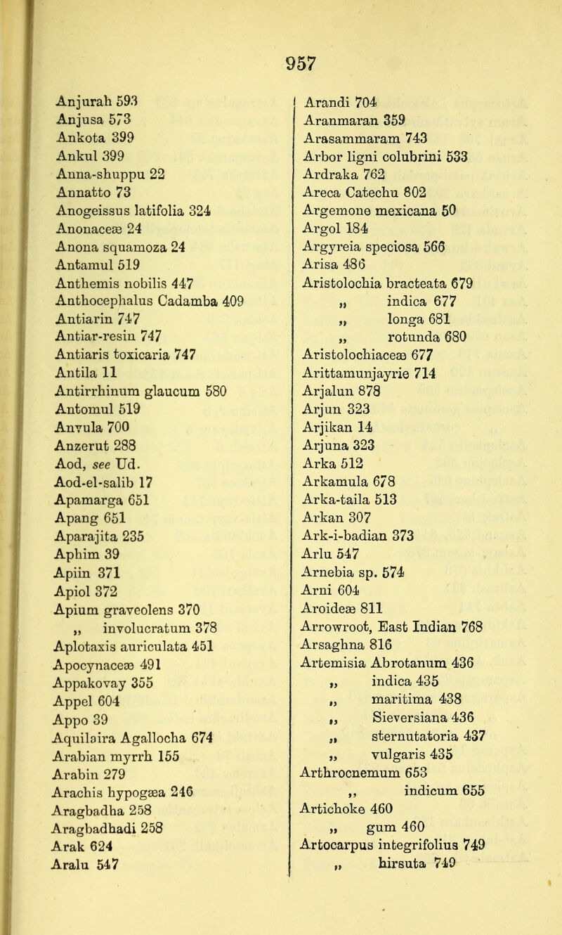Anjurah 593 Arandi 704 Anjusa 573 Aranmaran 359 Ankota 399 Arasammaram 743 Ankul 399 Arbor ligni colubrini 633 Auna-shuppu 22 Ardraka 762 Annatto 73 Areca Catechu 802 Anogeissus latifolia 324 Argemoue mexicana 50 Anonaceae 24 Argol 184 Anona squamoza 24 Argyreia speciosa 566 Antamul 519 Arisa 486 Anthemis nobilis 447 Aristolochia bracteata 679 Aathocephalus Cadamba 409 „ indica 677 Antiarin 747 „ longa 681 Antiar-resin 747 „ rotunda 680 Antiaris toxicaria 747 Aristolochiaceaa 677 Antila 11 Arittamunjayrie 714 Antirrhinum glaucum 580 Arjalun 878 Antomul 519 Arjun 323 Anvula 70O Arjikan 14 Anzerut 288 Arjuna 323 Aod, see Ud. Arka 512 Aod-el-salib 17 Arkamula 678 Apamarga 651 Arka-taila 513 Apang 651 Arkan 307 Aparajita 235 Ark-i-badian 373 Aphim 39 Arlu 547 Apiin 371 Arnebia sp. 574 Apiol 372 Arni 604 Apium graveolens 370 Aroideae 811 „ involucratum 378 Arrowroot, East Indian 768 Aplotaxis auriculata 451 Arsaghna 816 Apocynaceae 491 Artemisia Abrotanum 436 Appakovay 355 „ indica 435 Appel 604 „ maritima 438 Appo 39 Sieversiana 436 Aquiloira Agallocha 674 „ sternutatoria 437 Arabian myrrh 155 „ vulgaris 435 Arabin 279 Arthrocnemum 653 Arachis hypogsea 245 indicum 655 Aragbadha 258 Artichoke 460 Aragbadhadi 258 „ gum 460 Arak 624 Artocarpus integrifolius 749 Aralu 547 „ hirsuta 749