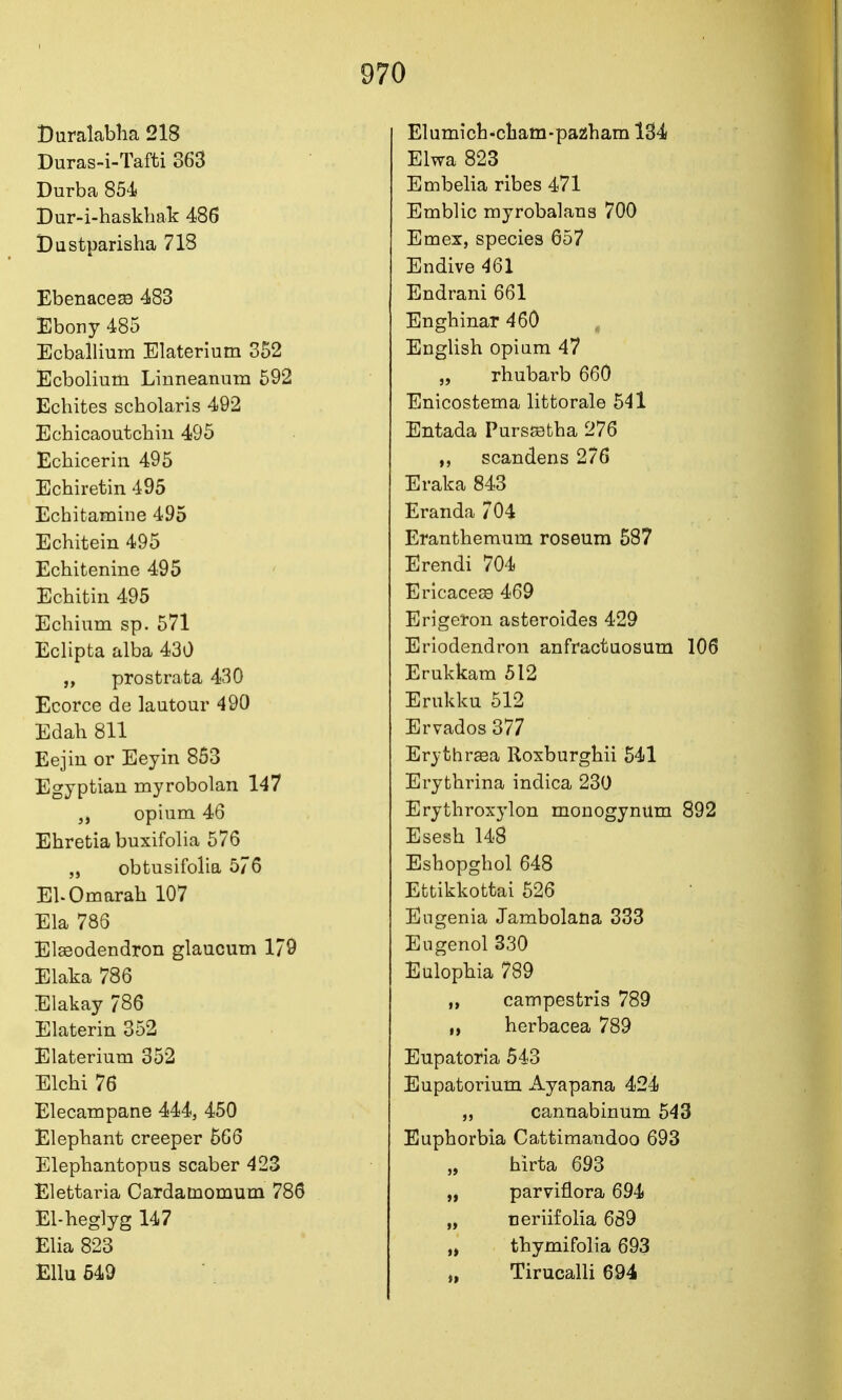 Duralablia 218 Duras-i-Tafti 363 Durba 854 Dur-i-haskhak 486 Dustparisha 718 EbenacesB 483 Ebony 485 Ecballium Elaterium 352 Ecbolium Linneanum 592 Echites scholaris 492 Echicaoutcbiii 495 Echicerin 495 Echiretin 495 Echitamiiie 495 Echitein 495 Echitenine 495 Echitin 495 Echium sp. 571 Eclipta alba 430 „ prostrata 430 Ecorce de lautour 490 Edah 811 Eejiu or Eeyin 853 Egyptian myrobolan 147 opium 46 Ehretia buxifolia 576 „ obtusifolia 576 EUOmarah 107 Ela 786 Elasodendron glaucum 1/9 Elaka 786 Elakay 786 Elaterin 352 Elaterium 352 Elchi 76 Elecampane 444, 450 Elephant creeper 566 Elephantopus scaber 423 Elettaria Cardamomum 786 El-heglyg 147 Elia 823 Ellu 649 Elumicb^cliam-paaham 134 Elwa 823 Embelia ribes 471 Emblic myrobalans 700 Emex, species 657 Endive 461 Endrani 661 Enghinar 460 „ English opium 47 „ rhubarb 660 Enicostema littorale 541 Entada Purssetha 276 scandens 276 Eraka 843 Eranda 704 Eranthemnm roseum 587 Erendi 704 Ericaceae 469 Erigeron asteroides 429 Eriodendron anfractuosum 106 Erukkam 512 Erukku 512 Ervados 377 Erythrasa Roxburghii 541 Erythrina indica 230 Erythroxylon monogynum 892 Esesh 148 Eshopghol 648 Ettikkottai 526 Eugenia Jambolana 333 Eiigenol 330 Eulophia 789 „ campestris 789 herbacea 789 Eupatoria 543 Eupatorium Ayapana 424 „ cannabinum 543 Euphorbia Cattimandoo 693 hirta 693 „ parviflora 694 „ neriifolia 689 „ thymifolia 693 „ Tirucalli 694