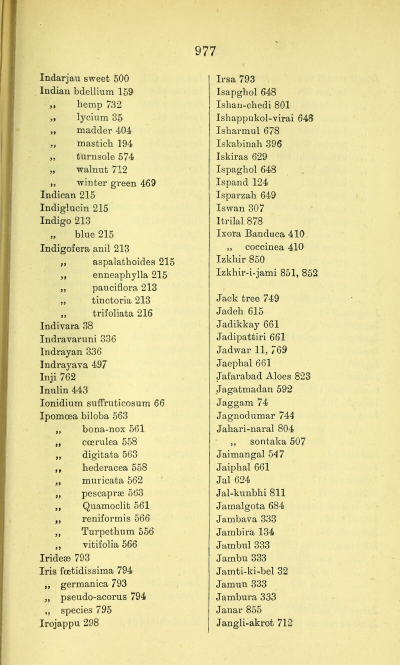 xuuctijdiu. Bweeu Ovv irsa (ao Tnrlifin V^rlcillinwi T KQ ±ii\xLau. ucLeiiiurn ±oy Isapghol 648 ToViOfi nViQrli 8A1 xbnau-ciieQi ovi ibudppuKoi-virai D^o jsnarniui d/o masticli 194 iSKaDinan oyo isKiras Dzy ibpdgQOi O'iO }, winitji green 'kov Tcj'nnnrl 1 ^dL XopdllLI. J.^T3 Indican 215 Tsnarzaib 64Q Indiglucin 215 Iswan 307 Indigo 213 Itrilal 878 Ulna 01 ^ TvOTP. Tii^lirl nr»Q ill A Indigoiera ami 2io aspalatlioides 215 enneaphylla 215 x/ii\im -L-jtiriii ooij Ooa pauciflora 213 tinctoria 213 Jack tree 749 triioliata 216 Indivara oo Indravaruni 336 •Tnf]mn'f.'ir.i'ri Inarayan ooo O CX}\X\y Oil J--L^ / v«7 Indrayava 497 Udcpilcll UUX llljl /D^ UdidldUdU. XXIUCO 0<iiO Inulin 443 lonidium suffruticosuni 66 d dggdlH / 1 IpomoGa biloba 563 Jagnodumar 744 bona-nox 561 Jabari-naral 804 coerulea 558 SOIltdKa 0\J i aigitata ooo Jaimangal 547 ,f bederacea 558 Jaipbal 661 muricata 562 TqI fiO/L pescapras 5b3 TqI l-n-nVilli fill dai-KuiiDni oil ff V^UdjIIlOGilu OOX Jamalgota 684 reniformis 566 U <l tXl U ci V dJ tJtJt> nPiTTDphlinm f>K6 vitifolia 566 Iridese 793 Jambu 333 Iris fcetidissima 794 Jamti-ki-bel 32 „ germanica 793 Jamun 333 „ pseudo-acorus 794 Jambura 333 „ species 7.95 Janar 855 Irojappu 298 Jangli-akrot 712