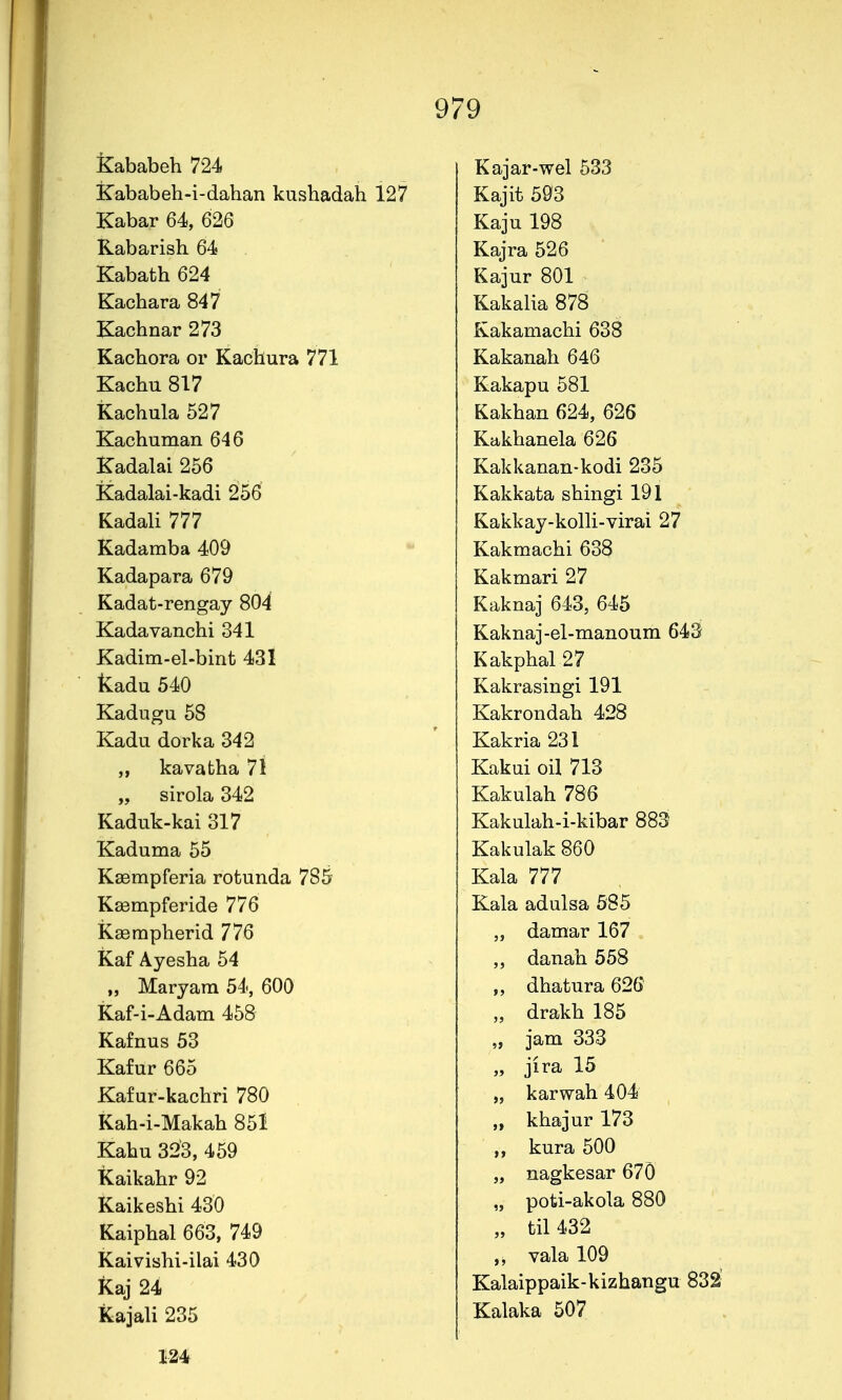 Kababeh 724 ICababeh-i-dahan kushadah 127 Kabar 64, 626 Kabarish 64 Kabath 624 Kachara 847 Kachnar 273 Kachora or Kachura 771 Kachu 817 kachula 527 Kachuman 646 Kadalai 256 Kadalai-kadi 256 Kadali 777 Kadamba 409 Kadapara 679 Kadat-rengay 804 Kadavanchi 341 Kadim-el-bint 431 kadu 540 Kadugu 58 Kadu dorka 342 kavafcha 71 „ sirola 342 Kaduk-kai 317 Kaduma 55 Kaempferia rotunda 785 Kaempferide 776 kserapherid 776 kaf Ayesha 54 „ Maryara 54, 600 Kaf-i-Adam 458 Kafnus 53 Kafur 665 Kafur-kachri 780 Kah-i-Makah 851 Kahu 323, 459 tCaikahr 92 Kaikeshi 430 Kaiphal 663, 749 kaivishi-ilai 430 kaj 24 kajali 235 Kajar-wel 533 Kajit 593 Kaju 198 Kajra 526 Kajur 801 Kakalia 878 Kakamachi 638 Kakanah 646 Kakapu 581 Kakhan 624, 626 Kakhanela 626 Kakkanan-kodi 235 Kakkata shingi 191 Kakkay-kolli-virai 27 Kakmachi 638 Kakmari 27 Kaknaj 643, 645 Kaknaj-el-manoum 643 Kakphal27 Kakrasingi 191 Kakrondah 428 Kakria231 Kakui oil 713 Kakulah 786 Kakulah-i-kibar 883 Kakulak 860 Kala 777 Kala adulsa 585 „ damar 167 ,, danah 558 „ dhatura 626 „ drakh 185 „ jam 333 „ jira 15 „ karwah 404 „ khajur 173 ,, kura 500 „ nagkesar 670 „ poti-akola 880 „ til 432 „ vala 109 Kalaippaik-kizhangu 832' Kalaka 507 124