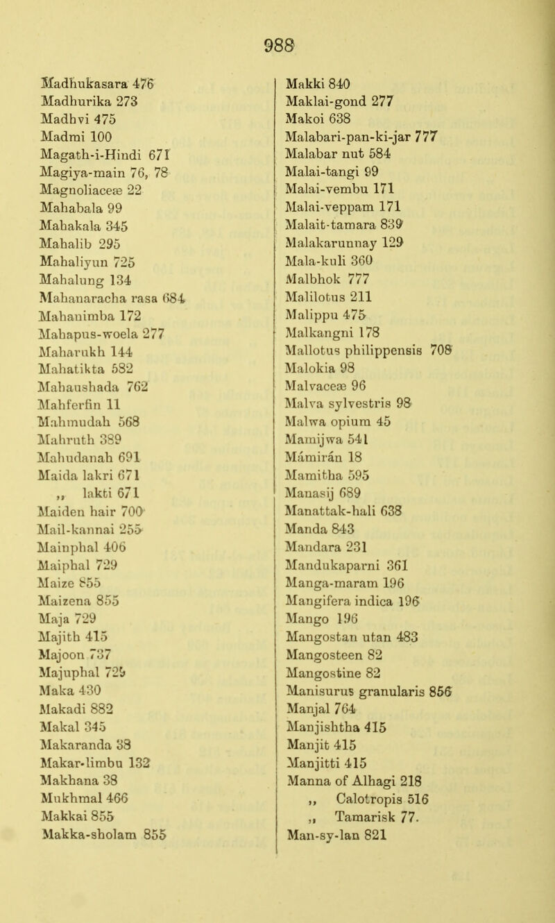 MadHukasara 476 Madhurika 273 Madhvi 475 Madrai 100 Magath-i-Hiudi 671 Magiya-main 76, 78 Magnoliace£e 22 Mahabala 99 Mahakala 345 Mahalib 295 Mahaliyiin 725 Mahalung 134 Mahaiiaracha rasa (>84 Mahaiiimba 172 Mabapus-woela 277 Mabarakh 144 Mabatikta 682 Mabaasbada 762 Mabferfin 11 Mabmudab 568 Mahrutb 389 Mahudanab 691 Maida lakri 671 „ lakti 671 Maiden bair 700 Mail-kailnai 255 Mainpbal 406 Maipbal 729 Maize S55 Maizena 855 Maja 729 Majith 415 Majoon 737 Majupbal 72'i> Maka 430 Makadi 882 Makal 345 Makaranda 38 Makar-limbu 132 Makbana 38 Miikbmal 466 Makkai 855 Makka-sbolam 855 Makki 840 Maklai-gond 277 Makoi 638 Malabari-pan-ki-jar 777 Malabar nut 584 Malai-tangi 99 Malai-vembu 171 Malai-veppam 171 Malait-tamara 83^ Malakarunnay 129 Mala-knH 360 Malbhok 777 Malilotus 211 Malippu 475 Malkangni 178 Mallotus pbilippensis 708' Malokia 98 Malvaceae 96 Malva sylvestris 98 Malwa opium 45 Mamijwa 541 Mamiran 18 Mamifcba 595 Manas ij 689 Manattak-bali 638 Manda 843 Mandara 231 Mandukaparni 361 Manga-maram 196 Mangifera indica l96 Mango 196 Mangostan utan 483 Mangosteen 82 Mangostine 82 Manisurus granularis S5S Manjal 764 Manjisbtba 415 Man jit 415 Manjitti 415 Manna of Albagi 218 Calotropis 516 Tamarisk 77. Man-sy-lan 821
