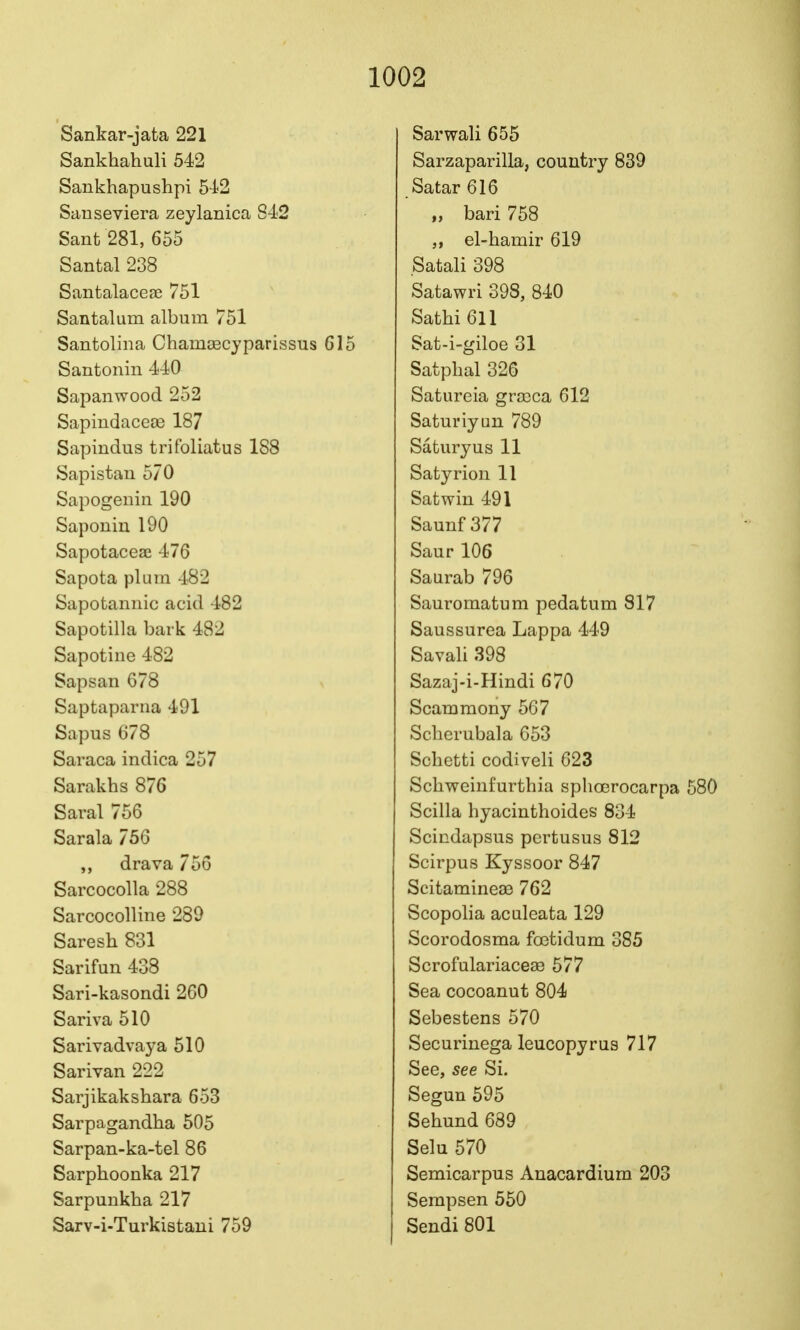 Sankar-jata 221 Sankhahuli 542 Sankhapushpi 542 Sanseviera zeylanica 842 Sant 281, 655 Santal 238 Santalaceae 751 Santalum album 751 Santolina Chamascyparissus G15 Santonin 440 Sapanwood 252 Sapindaceje 187 Sapindus trifoliatus 188 Sapistau 570 Sapogenin 190 Saponin 190 Sapotaceae 476 Sapota plum 482 Sapotannic acid 482 Sapotilla bark 482 Sapotine 482 Sapsan 678 Saptapariia 491 Sapus 678 Saraca indica 257 Sarakhs 876 Sai-al 756 Sarala 756 drava 756 Sarcocolla 288 Sarcocolline 289 Saresh 831 Sarifun 438 Sari-kasondi 260 Sariva 510 Sarivadvaya 510 Sarivan 222 Sarjikakshara 653 Sarpagandha 505 Sarpan-ka-tel 86 Sarphoonka 217 Sarpunkha 217 Sarv-i-Turkistaui 759 Sarwali 655 Sarzaparilla, country 839 Satar 616 „ bari 758 el-hamir 619 Satali 398 Satawri 398, 840 Satlii6ll Sat-i-giloe 31 Satphal 326 Satureia grajca 612 Saturiyan 789 Saturyus 11 Satyrion 11 Sat win 491 Saunf 377 Saur 106 Saurab 796 Sauromafcum pedatum 817 Saussurea Lappa 449 Savali 398 Sazaj-i-Hindi 670 Scammony 56 7 Sclierubala 653 Sclietti codiveli 623 Scliweinfurthia sphoerocarpa 580 Scilla hyacinthoides 834 Scindapsus pertusus 812 Scirpus Kyssoor 847 Scitamineaa 762 Scopolia aculeata 129 Scorodosma footidum 385 ScrofulariaceaB 577 Sea cocoanut 804 Sebestens 570 Securinega leucopyrus 717 See, see Si. Segun 595 Sehund 689 Selu 570 Semicarpus Anacardium 203 Serapsen 550 Sendi 801