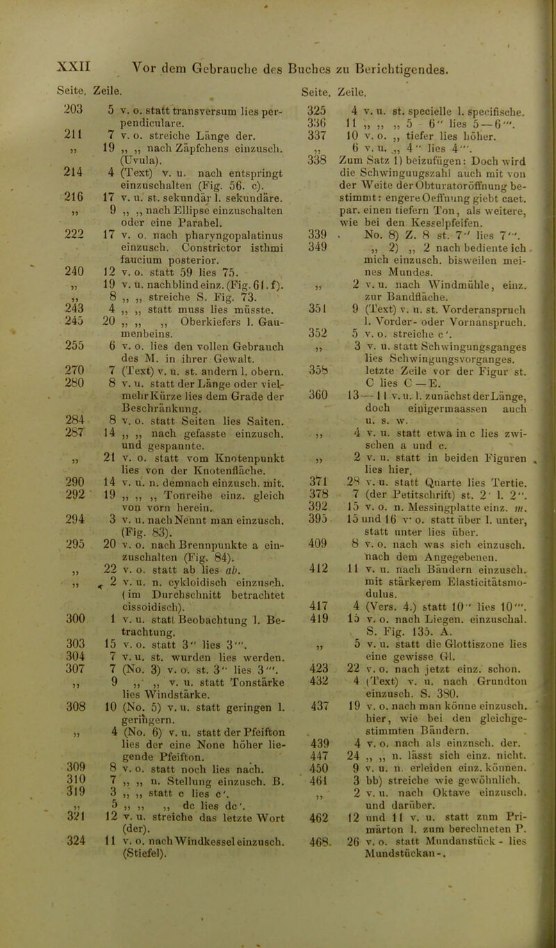 Seite. Zeile. 203 5 v. o. statt transversuin lies per- pendiculare. 211 7 v.o. streiche Länge der. „ 19 „ „ nach Zäpfchens eiuzusch. (Uvula). 214 4 (Text) v. u. nach entspringt einzuschalten (Fig. 56. c). 216 17 v. u. st. sekundär 1. sekundäre. „ 9 „ nach Ellipse einzuschalten oder eine Parabel. 222 17 v. o. nach pharyngopalatinus einzusch. Constrictor isthnii fäucium posterior. 240 12 v. o. statt 59 lies 75. „ 19 v. u. nach blind einz. (Fig. 61. f). „ 8 „ „ streiche S. Fig. 73. 243 4 ,, statt muss lies müsste. 245 20 „ „ „ Oberkiefers 1. Gau- menbeins. 255 6 v. o. lies den vollen Gebrauch des M. in ihrer Gewalt. 270 7 (Text) v. u. st. andern 1. obern. 280 8 v. u. statt der Länge oder viel- mehrKürze lies dem Grade der Beschränkung. 284 8 v. o. statt Seiten lies Saiten. 287 14 ,, „ nach gefasste einzusch. und gespannte. „ 21 v. o. statt vom Knotenpunkt lies von der Knotenfläche. 290 14 v. u. n. demnach einzusch. mit. 292 19 „ ,, ,, Tonreihe einz. gleich von vorn herein. 294 3 v. u. nach Nennt man einzusch. (Fig. 83). 295 20 v. o. nach Brennpunkte a ein- zuschalten (Fig. 84). „ 22 v. o. statt ab lies ab. „ K 2 v. u. n. cykloidisch einzusch. (im Durchschnitt betrachtet cissoidisch). 300 1 v. u. statt Beobachtung 1. Be- trachtung. 303 15 v.o. statt 3 lies 3'. 304 7 v.u. st. wurden lies werden. 307 7 (No. 3) v. o. st. 3'- lies 3/. ,, 9 „ v. u. statt Tonstärke lies Windstärke. 308 10 (No. 5) v.u. statt geringen 1. geringem. „ 4 (No. 6) v. u. statt der Pfeifton lies der eine None höher lie- gende Pfeifton. 309 8 v. o. statt noch lies nach. 310 7 „ „ n. Stellung einzusch. B. 319 3 ,, ,, statt c lies c'. » 5 „ „ „ de lies de'. 321 12 v.u. streiche das letzte Wort (der). 324 11 v. o. nach Windkessel einzusch. (Stiefel). Seite. Zeile. 325 4 v. u. st. specielle 1. speeifische. 336 11 „ „ „5 6 lies 5 — 6'. 337 10 v. o. „ tiefer lies höher. „ 6 v. u. „ 4  lies 4'. 338 Zum Satz 1) beizufügen: Doch wird die Schwinguugszahl auch mit von der Weite der Obturatoröffnung be- stimmt: engere Oeffnung giebt caet. par. einen tiefern Ton, als weitere, wie bei den Kesselpfeifen. 339 • No. 8) Z. 8 st. 7' lies 7'. 349 „ 2) „ 2 nach bediente ich mich einzusch. bisweilen mei- nes Mundes. „ 2 v.u. nach Windmühle, einz. zur Bandfläche. 351 9 (Text) v. u. st. Vorderanspruch 1. Vorder- oder Vornauspruch. 352 5 v.o. streiche c'. ,, 3 v. u. statt Schwingungsganges lies Schwingungsvorganges. 358 letzte Zeile vor der Figur st. C lies C — E. 360 13— II v.u. 1. zunächst der Länge, doch eiuigermaassen auch u. s. w. ,, 4 v. u. statt etwa in c lies zwi- schen a und c. „ 2 v. u. statt in beiden Figuren , lies hier. 371 28 v. u. statt Quarte lies Tertie. 378 7 (der Petitschrift) st. 2' 1. 2. 392 15 v.o. n. Messingplatte einz. m. 395 15 und 16 v o. statt über 1. unter, statt unter lies über. 409 8 v. o. nach was sich einzusch. nach dem Angegebenen. 412 11 v. u. nach Bändern einzusch. mit stärkerem Elasticitätsmo- dulus. 417 4 (Vers. 4.) statt 10 lies 10'. 419 15 v. o. nach Liegen, einzuschal. . S. Fig. 135. A. ,, 5 v. u. statt die Glottiszone lies eine gewisse Gl. 423 22 v. o. nach jetzt einz. schon. 432 4 (Text) v. u. nach Grundton einzusch. S. 330. 437 19 v. o. nach man könne einzusch. hier, wie bei den gleichge- stimmten Bändern. 439 4 v. o. nach als einznsch. der. 447 24 „ „ n. lässt sich einz. nicht. 450 9 v. u. n. erleiden einz. können. 461 3 bb) streiche wie gewöhnlich. 2 v. u. nach Oktave einzusch. und darüber. 462 12 und 11 v. u. statt zum Pri- märton 1. zum berechneten P. 468- 26 v. o. statt Mundanstück - lies Mundstückan-.