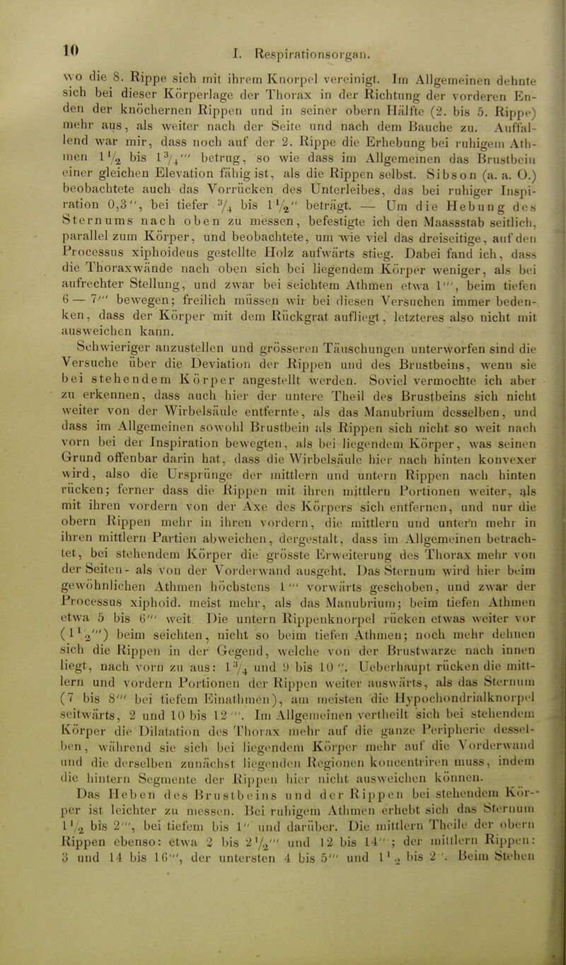 wo die 8. Rippe sich mit ihrem Knorpel vereinigt. Im Allgemeinen dehnte sich bei dieser Körperlage der Thorax in der Richtung der vorderen En- den der knöchernen Rippen und in seiner obern Hälfte (2. bis 5. Rippe mehr aus, als weiter nach der Seite und nach dem Bauche zu. Auffal- lend war mir, dass noch auf der 2. Rippe die Erhebung bei ruhigem Ath- men 1'/2 bis l3/4' betrug, so wie dass im Allgemeinen das Brustbein einer gleichen Elevation fähig ist, als die Rippen selbst. Sibson (a. a. O.) beobachtete auch das Vorrücken des Unterleibes, das bei ruhiger Inspi- ration 0,3, bei tiefer 3/4 bis ll/a beträgt. — Um die Hebung des Sternums nach oben zu messen, befestigte ich den Maassstab seitlich, parallel zum Körper, und beobachtete, um ^svie viel das dreiseitige, auf den Processus xiphoideus gestellte Holz aufwärts stieg. Dabei fand ich, dass die Thoraxwände nach oben sich bei liegendem Körper weniger, als bei aufrechter Stellung, und zwar bei seichtem Athmen etwa 1', beim tiefi n 6 — 7' bewegen; freilich müssen wir bei diesen Versuchen immer beden- ken, dass der Körper mit dem Rückgrat aufliegt, letzteres also nicht mit ausweichen kann. Schwieriger anzustellen und grösseren Täuschungen unterworfen sind die Versuche über die Deviation der Rippen und des Brustbeins, wenn sie bei stehendem Körper angestellt werden. Soviel vermochte ich aber zu erkennen, dass auch hier der untere Theil des Brustbeins sich nicht weiter von der Wirbelsäule entfernte, als das Manubrium desselben, und dass im Allgemeinen sowohl Brustbein als Rippen sich nicht so weit nach vorn bei der Inspiration bewegten, als bei liegendem Körper, was seinen Grund offenbar darin hat, dass die Wirbelsäule liier nach hinten konvexer wird, also die Ursprünge der mittlem und untern Rippen nach hinten rücken; ferner dass die Rippen mit. ihren niiltlern Portionen weiter, als mit ihren vordem von der Axe des Körpers sich entfernen, und nur die obern Rippen mehr in ihren vonlern, die mittlem und untern mehr in ihren mittlem Partien abweichen, dergestalt, dass im Allgemeinen betrach- tet, bei stehendem Körper die grösste Erweiterung des Thorax mehr von der Seiten - als von der Vorderwand ausgeht. Das Stern um wird hier beim gewöhnlichen Athmen höchstens 1' vorwärts geschoben, und zwar der Processus xiphoid. meist mehr, als das Manubrium; beim tiefen Athmen etwa 5 bis 6' weit. Die untern Rippenknorpel rücken etwas weiter vor (lVa') beim seichten, nicht so beim tiefen Athmen; noch mehr dehnen sich die Rippen in der Gegend, welche von der Brustwarze nach innen liegt, nach vorn zu aus: L3/4 und 9 bis 10. Ueberhaupt rücken die mitt- lem und vordem Portionen der Rippen weitei auswärts, als das Sternum (7 bis 8' bei tiefem Einathmen), am meisten die Hypochondrialknorpel seitwärts, 2 und 10 bis 12 . Im Allgemeinen vertheilt sich bei stehendem Körper die Dilatation des Thorax mehr auf die ganze Peripherie des- I ben, während sie sich bei liegendem Körper mehr auf die Vorderwand und die derselben zunächst liegenden Regionen koncentriren muss, indem die hintern Segmente der Rippen hier nicht ausweichen können. Das Heben des Brustbeins und der Rippen bei stehendem Kör-- per ist leichter zu messen. Bei ruhigem Athmen erhebt sich das Sternum l'/2 bis 2', bei tiefem bis 1 und darüber. Die mittlem Theile der obern Rippen ebenso: etwa 2 bis 2'/2' und 12 bis 14 ; der mittlem Rippen: 3 und 14 bis 16', der untersten 4 bis 5' und 11 bis 2 '. Beim Stehen