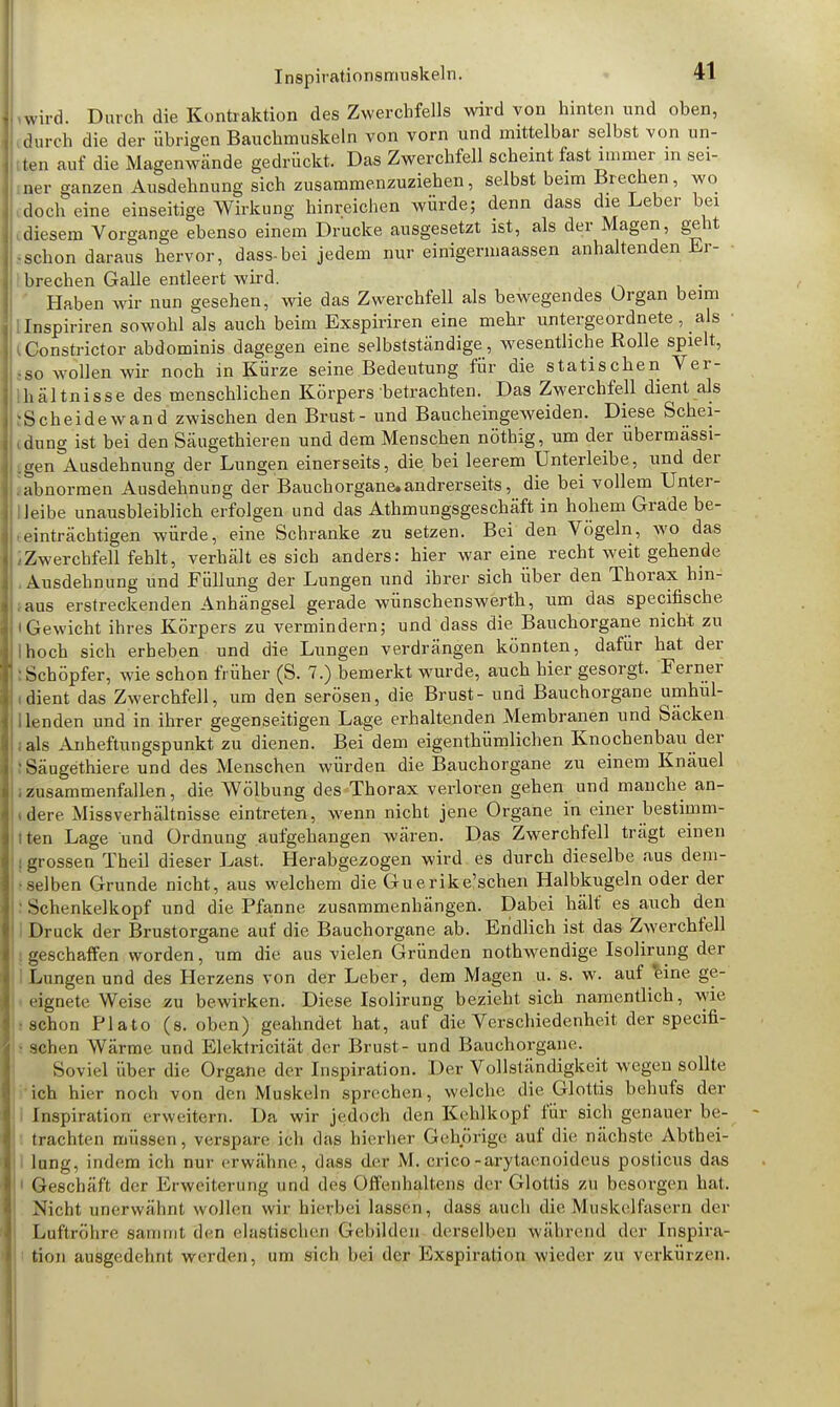 wird. Durch die Kontraktion des Zwerchfells wird von hinten und oben, durch die der übrigen Bauchmuskeln von vorn und mittelbar selbst von un- ten auf die Magenwände gedrückt. Das Zwerchfell scheint fast immer in sei- ner ganzen Ausdehnung sich zusammenzuziehen, selbst beim Brechen, wo doch eine einseitige Wirkung hinreichen würde; denn dass die Leber bei diesem Vorgange ebenso einem Drucke ausgesetzt ist, als der Magen, geht •schon daraus hervor, dass-bei jedem nur einigermaßen anhaltenden Er- brechen Galle entleert wird. Haben wir nun gesehen, wie das Zwerchfell als bewegendes Organ beim [Inspiriren sowohl als auch beim Exspiriren eine mehr untergeordnete, als Constrictor abdominis dagegen eine selbstständige, wesentliche Rolle spielt, ;So wollen wir noch in Kürze seine Bedeutung für die statischen Ver- hältnisse des menschlichen Körpers betrachten. Das Zwerchfell dient als ■Scheidewand zwischen den Brust- und Baucheingeweiden. Diese Schei- dung ist bei den Säugethieren und dem Menschen nöthig, um der übermässi- gen Ausdehnung der Lungen einerseits, die. bei leerem Unterleibe, und der abnormen Ausdehnung der Bauch Organe, andrerseits, die bei vollem Unter- Ileibe unausbleiblich erfolgen und das Athmungsgeschäft in hohem Grade be- einträchtigen würde, eine Schranke zu setzen. Bei den Vögeln, wo das Zwerchfell fehlt, verhält es sich anders: hier war eine recht weit gehende Ausdehnung und Füllung der Lungen und ihrer sich über den Thorax hin- aus erstreckenden Anhängsel gerade wünschenswerth, um das spezifische i Gewicht ihres Körpers zu vermindern; und dass die Bauchorgane nicht zu Ihoch sich erheben und die Lungen verdrängen könnten, dafür hat der •Schöpfer, wie schon früher (S. 7.) bemerkt wurde, auch hier gesorgt. Ferner idient das Zwerchfell, um den serösen, die Brust- und Bauchorgane umhul- llenden und in ihrer gegenseitigen Lage erhaltenden Membranen und Säcken als Anheftungspunkt zu dienen. Bei dem eigentümlichen Knochenbau der Säugethiere und des Menschen würden die Bauchorgane zu einem Knäuel .zusammenfallen, die Wölbung des Thorax verloren gehen und manche an- dere Missverhältnisse eintreten, wenn nicht jene Organe in einer bestimm- ten Lage und Ordnung aufgehangen wären. Das Zwerchfell trägt einen . grossen Theil dieser Last, Herabgezogen wird es durch dieselbe aus dem- selben Grunde nicht, aus welchem die Guerike'schen Halbkugeln oder der Schenkelkopf und die Pfanne zusammenhängen. Dabei hält' es auch den Druck der Brustorgane auf die Bauchorgane ab. Endlich ist das Zwerchfell geschaffen worden, um die aus vielen Gründen nothwendige Isolirung der Lungen und des Herzens von der Leber, dem Magen u. s. w. auf eine ge- eignete Weise zu bewirken. Diese Isolirung bezieht sich namentlich, wie. schon Plato (s. oben) geahndet hat, auf die Verschiedenheit der specifi- ■ sehen Wärme und Elektricität der Brust- und Bauchorgane. Sovirl über die Organe der Inspiration. Der Vollständigkeit wegen sollte ich hier noch von den Muskeln sprechen, welche die Glottis behufs der Inspiration erweitern. Da wir jedoch den Kehlkopf für sich genauer be- trachten müssen, verspare ich das hierher Gehörige auf die nächste Abthei- lung, indem ich nur erwähne, dass der M. erico-arytaenoideus posticus das Geschäft der Erweiterung und des OH'enhaltens der Glottis zu besorgen hat, Nicht unerwähnt wollen wir hierbei lassen, dass auch die Muskelfasern der Luftröhre sammt den elastischen Gebilden derselben während der Inspira- tion ausgedehnt werden, um sich bei der Exspiration wieder zu verkürzen.