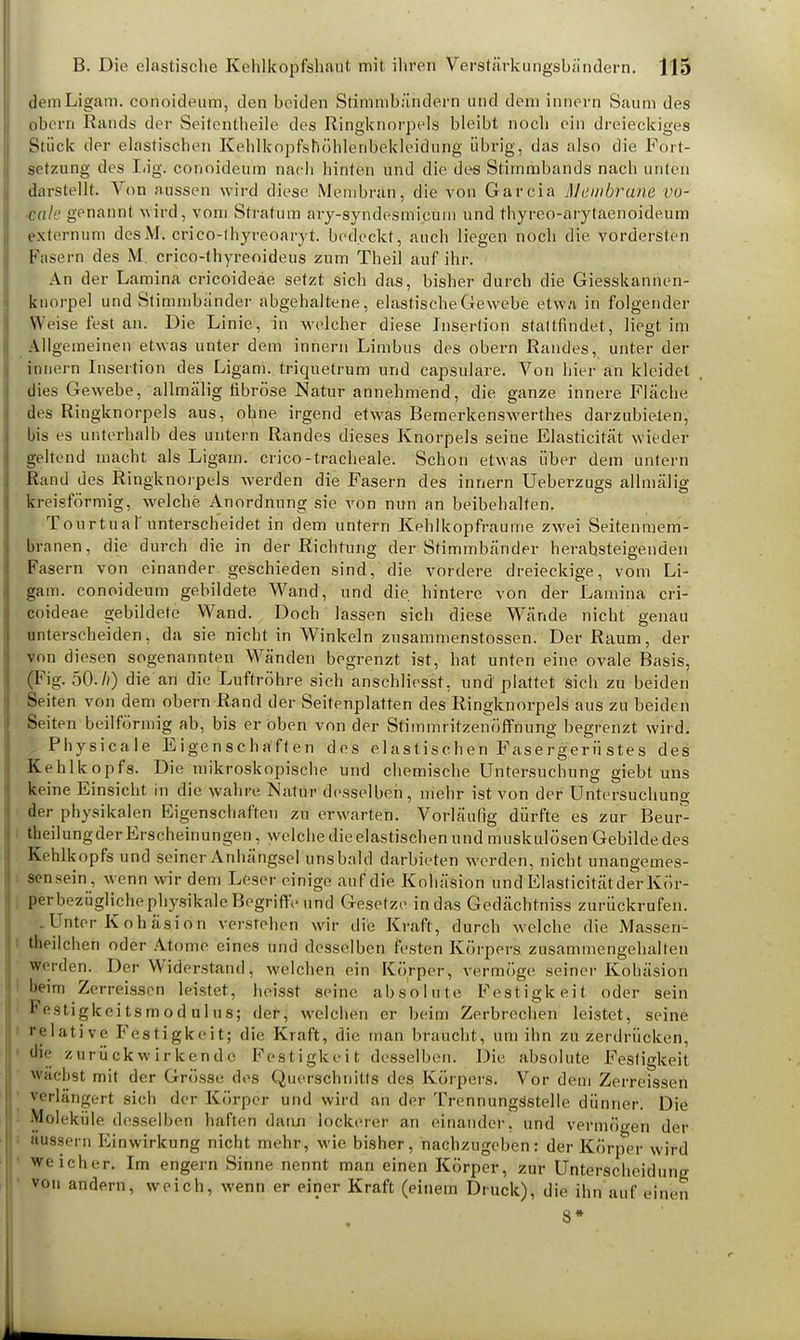 dem Ligaro. conoideum, den beiden Stimmbändern und dem innern Saum des obcrn Rands der Seitentheile des Ringknorpels bleibt noch ein dreieckiges Stück der elastischen Kehlkopfshöhlenbekleidung übrig, das also die Fort- setzung des Lig. conoideum nach hinten und die des Stimmbands nach unten darstellt. Von aussen wird diese Membran, die von Garcia Membrane vo- bale genannt wird, vom Stratum ary-syndesmieum und thyreo-arytaenoideum externum desM. crico-thyreoaryt. bedeckt, auch liegen noch die vordersten Fasern des M. crico-thyreoideus zum Theil auf ihr. An der Lamina crieoideae setzt sich das, bisher durch die Giesskannen- knorpel und Stimmbänder abgehaltene, elastische Gewebe etw/i in folgender Weise fest an. Die Linie, in welcher diese Insertion stattfindet, liegt im Allgemeinen etwas unter dem innern Limbus des obern Randes, unter der innern Insertion des Ligam. triquetrum und capsulare. Von hier an kleidet dies Gewebe, allmälig fibröse Natur annehmend, die ganze innere Fläche des Ringknorpels aus, ohne irgend etwas Bemerkenswerthes darzubieten, bis es unterhalb des untern Randes dieses Knorpels seine Elasticität wieder geltend macht als Ligam. crico-tracheale. Schon etwas über dem untern Rand des Ringknorpels werden die Fasern des innern Ueberzugs allmälig kreisförmig, welche Anordnung sie von nun an beibehalten. Tourtua 1'unterscheidet in dem untern Kehlkopfraume zwei Seitenmem- branen, die durch die in der Richtung der Stimmbänder herabsteigenden Fasern von einander geschieden sind, die vordere dreieckige, vom Li- gam. conoideum gebildete Wand, und die. hintere von der Lamina cri- eoideae gebildete Wand. Doch lassen sich diese Wände nicht genau unterscheiden, da sie nicht in Winkeln zusammenstossen. Der Raum, der von diesen sogenannten Wänden begrenzt ist, hat unten eine ovale Basis, (Fig. 50.h) die an die Luftröhre sich anschliesst, und plattet sich zu beiden Seiten von dem obern Rand der Seitenplatten des Ringknorpels aus zu beiden Seiten beilförmig ab, bis er oben von der Stimmritzenöffnung begrenzt wird. Physicale Eigenschaften des elastischen Fasergerüstes des Kehlkopfs. Die mikroskopische und chemische Untersuchung giebt uns keine Einsicht in die wahre Natur desselben, mehr ist von der Untersuchung der physikalen Eigenschaften zu erwarten. Vorläufig dürfte es zur Beur- teilung der Erscheinungen, welche die elastischen und muskulösen Gebilde des Kehlkopfs und seiner Anhängsel uns bald darbieten werden, nicht unangemes- sen sein., wenn wir dem Leser einige auf die Kohäsion und Elasticität der Kör- per bezüglichephysikalc Begriffe und Gesetze in das Gedächtniss zurückrufen. Unter Kohäsion verstehen wir die Kraft, durch welche die Massen- teilchen oder Atome eines und desselben festen Körpers zusammengehalten werden. Der Widerstand, welchen ein Körper, vermöge seiner Kohäsion beim Zerreissen leistet, heisst seine absolute Festigkeit oder sein Festigkeitsmodulus; der, welchen er beim Zerbrechen leistet, seine relative Festigkeit; die Kraft, die man braucht, um ihn zu zerdrücken, die zurückwirkende Festigkeit desselben. Die absolute Festigkeit wachst mit der Grösse des Querschnitts des Körpers. Vor dem Zerreissen verlängert sich der Körper und wird an der Trennungsstelle dünner. Die Moleküle desselben haften dann lockerer an einander, und vermögen der äussern Einwirkung nicht mehr, wie bisher, nachzugeben: der Körper wird weicher. Im engern Sinne nennt man einen Körper, zur Unterscheidung von andern, weich, wenn er einer Kraft (einem Druck), die ihn auf einen 8*