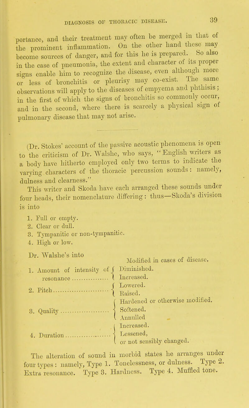 portance, and their treatment may often be merged in that of the prominent inflammation. On the other hand these may become sources of danger, and for this he is prepared. So also in the case of pneumonia, the extent and character of its proper signs enable him to recognize the disease, even although more or less of bronchitis or pleurisy may co-exist. The same observations will apply to the diseases of empyema and phthisis ; in the first of which the signs of bronchitis so commonly occur, and in the second, where there is scarcely a physical sign of pulmonary disease that may not arise. (Dr. Stokes' account of the passive acoustic phenomena is open to the criticism of Dr. Walshe, who says, English writers as a body have hitherto employed only two terms to indicate the varying characters of the thoracic percussion sounds : namely, dulness and clearness. This writer and Skoda have each arranged these sounds under four heads, their nomenclature differing : thus—Skoda's division is into 1. Full or empty. 2. Clear or dull. 3. Tympanitic or non-tympanitic. I. High or low. Dr. Walshe's into . Modified m cases ol disease. 1. Amount of intensity of) Diminished. resonance I Increased. f Lowered. 2- Pltch| Raised. {Hardened or otherwise modified. Softened. Annulled iIncreased. Lessened, or not sensibly changed. The alteration of sound in morbid states he arranges under four types : namely, Type 1. Touelessness, or dulness. Type 2. Extra resonance. Type 3. Hardness. Type 4. Muffled tone.