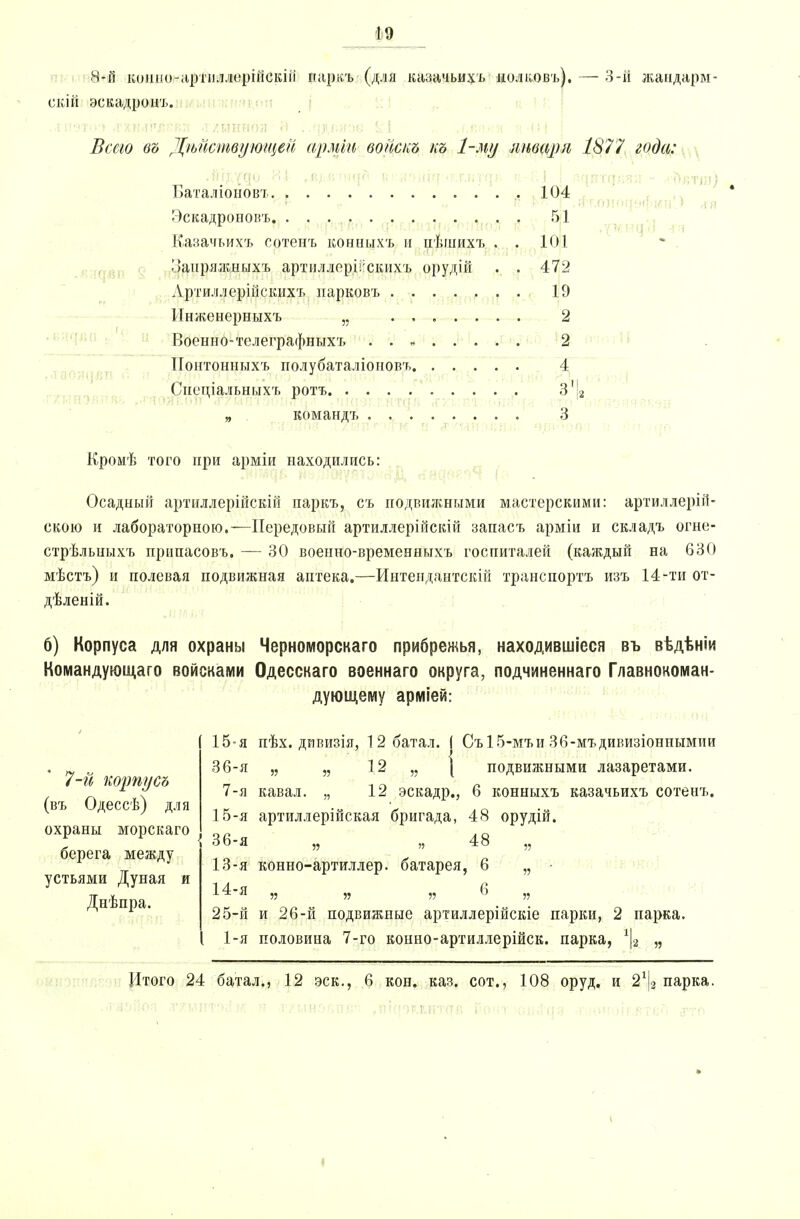 8-й коиыо-артнллерійскііі парк.ъ (для казачьихъ яолковъ). — 3-й жандарм- скій эскадронъ. Всего въ Действующей арміи воііснъ къ 1-му лнвщш 1877 года: _ Ьаталюнов'1 104 Эскадроновъ 51 ■ Казачьихъ сотенъ конныхъ и пѣшихъ . . 101 оапряжныхъ артиллер.іі:скихъ орудій . . 472 Лртиллерійскихъ нарковъ 19 Инженерныхъ „ ....... 2 Военно-телеграфныхъ . . » 2 Ионтонныхъ полубаталіоновъ 4 Спеціальныхъ ротъ 3 2 „ командт. 3 Кромѣ того при арміи находились: - Осадный артиллерійскій паркъ, съ подвижными мастерскими: артиллерій- скою и лабораторного.—Иередовый артиллерійскій запасъ арміи и складъ огне- стрѣльныхъ припасовъ. — 30 военно-временныхъ госпиталей (каждый на 630 мѣстъ) и полевая подвижная аптека.—Интендантскій транспорта изъ 14-ти от- дѣленій. 6) Корпуса для охраны Черноморскаго прибрежья, находившіеся въ вѣдѣніи Командующаго войсками Одесскаго военнаго округа, подчиненнаго Главнокоман- дующему арміей: 15-я пѣх. дивизія, 12батал. ( Съ 15-мъи 36-мъдивизіоннымии 36-я „ „ 12 „ подвижными лазаретами. 7-я кавал. „ 12 эскадр., 6 конныхъ казачьихъ сотенъ. 15-я артиллерійская бригада, 48 орудій. охраны морскаго <36_я » » 48 » 13- я конно-артиллер. батарея, 6 „ • 14- я „ „ „ 6 „ 25-й и 26-й подвижные артиллерійскіе парки, 2 парка. 1-я половина 7-го конно-артиллерійск. парка, г\2 „ Итого 24 батал., 12 эск., 6 кон. каз. сот., 108 оруд. и 2% парка. 7-й корпус» (въ Одессѣ) для берега между устьями Дуная и Днѣпра.