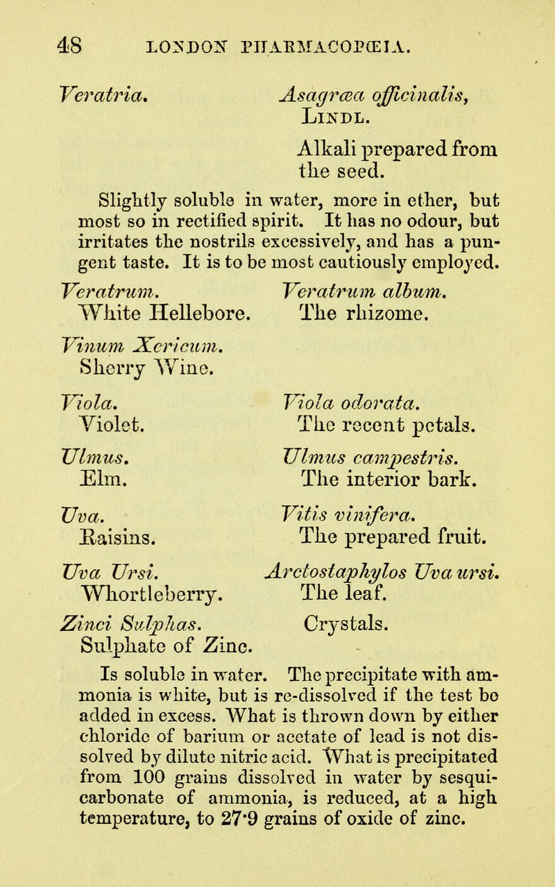 Veratria. Asagrcea officinalis, Lindl. Alkali prepared from the seed. Slightly soluble in water, more in ether, but most so in rectified spirit. It has no odour, but irritates the nostrils excessively, and has a pun- gent taste. It is to be most cautiously employed. Veratrum. Veratrum album. White Hellebore. The rhizome. Vinum Xcricum, Sherry Wine. Viola, Violet. Ulmus, Elm. Uva. Haisins. Uva Ursi. Whortleberry. Zinci Sulphas. Sulphate of Zinc. Is soluble in water. The precipitate with am- monia is white, but is re-dissolved if the test be added in excess. What is thrown down by either chloride of barium or acetate of lead is not dis- solved by dilute nitric acid. What is precipitated from 100 grains dissolved in water by sesqui- carbonate of ammonia, is reduced, at a high temperature, to 27*9 grains of oxide of zinc. Viola odorata. The recent petals. Ulmus camjwstris. The interior bark. Vitis vimfera. The prepared fruit. Arctostajpliylos Uva ursi. The leaf. CWstals.
