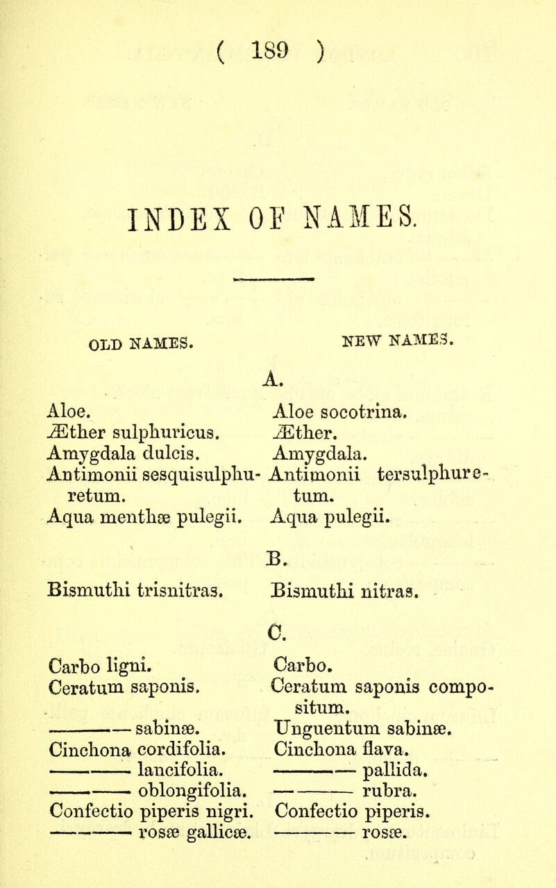 INDEX OF NAMES. OLD NAMES. Aloe. iEther sulphuricus. Amygdala dulcis. Antiraonii sesquisulphu- return. Aqua inenthae pulegii. Bismutlii trisnitras. Carbo ligni. Ceratum saponis. sabinee. Cinchona cordifolia. lancifolia. oblongifolia. Confectio piperis nigri. — rosee gallicse. NEW NAMES. A. Aloe socotrina. iEther. Amygdala. Antimonii tersulphure- turn. Aqua pulegii. B. Bismuthi nitras. C. Carbo. Ceratum saponis compo- situm. Unguentum sabinse. Cinchona flava. pallida. rubra. Confectio piperis. rosce.